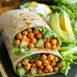 To make these wraps, gather these key ingredients: - 1 can (15 oz) chickpeas, drained and rinsed - 3 tablespoons hot sauce (adjust according to your spice preference) - 1 tablespoon extra virgin olive oil - 1 teaspoon smoked paprika - 1 teaspoon garlic powder - Salt and black pepper to taste - 4 whole wheat or spinach wraps - 1 cup shredded romaine or iceberg lettuce - 1 cup diced celery for extra crunch - ½ cup Greek yogurt or a plant-based yogurt alternative - 1 tablespoon fresh lemon juice - Optional: sliced avocado for a creamy topping You can make these wraps your own with some fun extras: - Sliced jalapeños for added heat - Chopped green onions for freshness - Diced tomatoes for extra flavor - Shredded carrots for a pop of color - A sprinkle of feta cheese for creaminess Each wrap has around 300 calories and 10 grams of protein. This meal is packed with nutrients from chickpeas and veggies. If you add avocado, it boosts healthy fats, making these wraps even better! First, grab a medium bowl. Open your can of chickpeas and drain them well. Rinse them under cold water to remove extra salt. Use a fork or a potato masher to mash the chickpeas. Leave some pieces whole for texture. You want a mix of creamy and chunky. Now, add hot sauce, olive oil, smoked paprika, garlic powder, salt, and pepper to the mashed chickpeas. Stir well until all the chickpeas are coated. Heat a non-stick skillet over medium heat. Once hot, pour in the chickpea mix. Cook for about 5-7 minutes. Stir often to get some crispy bits on the edges. Lay each wrap flat on a clean surface. Spread a generous spoonful of yogurt sauce in the center. This sauce adds a nice creaminess. Next, layer your shredded lettuce on top. Add the warm chickpea mixture. Sprinkle diced celery for a crunchy bite. If you like, add sliced avocado on top. Fold the sides of the wrap in and roll it up tightly from the bottom. Slice each wrap in half for a great presentation. Enjoy with extra hot sauce or yogurt for dipping! To change the heat in your wraps, start with less hot sauce. Try two tablespoons first. Taste the mixture and add more if you want it spicier. You can also switch to a milder sauce if you prefer less heat. Another great option is to add a bit of honey to balance the spice. When mashing chickpeas, use a fork or potato masher. Aim for a chunky texture. This makes the wraps hearty and satisfying. If you mash them too much, they will turn into a paste. Leave some whole chickpeas for a nice bite. Mixing in some spices while mashing helps the flavor spread evenly. Serve your wraps with fresh veggies on the side. Carrot sticks, cucumber slices, or bell pepper strips add crunch. For a drink, try iced tea or a light soda. You can also serve extra hot sauce or yogurt for dipping. For a sweet touch, offer fresh fruit like apple slices or grapes. {{image_4}} If you want to swap chickpeas, consider using other legumes. Black beans or lentils work great. Both offer a nice texture and absorb flavors well. You can also try shredded chicken or tofu for a different taste. Each option brings a unique twist to your wrap. Feel free to mix up the sauce for your wraps. Instead of Greek yogurt, try ranch or tahini sauce. You can even use guacamole for a creamy texture. For a zesty kick, add a squeeze of lime juice or a dash of sriracha. Each sauce can change the flavor profile significantly. If you need a gluten-free wrap, look for rice paper or corn tortillas. Lettuce leaves make a fresh, low-carb option. This way, you still get all the great flavors without the carbs. Try different wraps to find your favorite way to enjoy these spicy fillings! To store leftover wraps, wrap them tightly in plastic wrap or foil. Place them in an airtight container. This keeps them fresh and tasty. Store in the fridge for up to three days. If you want them to stay crisp, keep the filling separate from the wrap. To reheat your wraps, unwrap them carefully. Heat a skillet over medium heat. Place the wrap in the skillet for about 2-3 minutes on each side. This warms the filling and makes the wrap crispy again. You can also microwave them. Just cover the wrap with a damp paper towel and heat for about 30 seconds to a minute. If you want to freeze your wraps, assemble them first but do not add the yogurt sauce. Wrap each one tightly in plastic wrap and then place in a freezer bag. They can last up to three months in the freezer. When ready to eat, thaw them in the fridge overnight. Then reheat as described above. Yes, you can prepare Spicy Buffalo Chickpea Wraps ahead. Cook the chickpeas and store them in the fridge. Keep the wraps and yogurt sauce separate. When ready to eat, assemble them fresh. This keeps everything crunchy and tasty. You can use plant-based yogurt as a substitute for Greek yogurt. Options include almond, coconut, or soy yogurt. These alternatives work well and keep the dish creamy. You can also use cashew cream for a richer taste. Yes, these wraps can be vegan-friendly. Just replace Greek yogurt with a plant-based yogurt. This keeps the dish free from animal products. Enjoy a tasty meal that fits your diet! In this blog post, we explored how to make Spicy Buffalo Chickpea Wraps. We covered key ingredients, step-by-step instructions, and helpful tips. You can customize your wraps by adjusting spice levels and trying different sauces. We also looked at storage options to keep your leftovers fresh. These wraps are tasty, healthy, and easy to make. Try them out for a quick meal. You won’t be disappointed!
