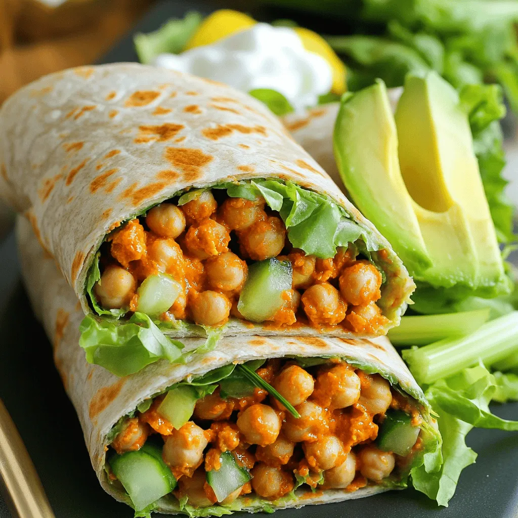 To make these wraps, gather these key ingredients: - 1 can (15 oz) chickpeas, drained and rinsed - 3 tablespoons hot sauce (adjust according to your spice preference) - 1 tablespoon extra virgin olive oil - 1 teaspoon smoked paprika - 1 teaspoon garlic powder - Salt and black pepper to taste - 4 whole wheat or spinach wraps - 1 cup shredded romaine or iceberg lettuce - 1 cup diced celery for extra crunch - ½ cup Greek yogurt or a plant-based yogurt alternative - 1 tablespoon fresh lemon juice - Optional: sliced avocado for a creamy topping You can make these wraps your own with some fun extras: - Sliced jalapeños for added heat - Chopped green onions for freshness - Diced tomatoes for extra flavor - Shredded carrots for a pop of color - A sprinkle of feta cheese for creaminess Each wrap has around 300 calories and 10 grams of protein. This meal is packed with nutrients from chickpeas and veggies. If you add avocado, it boosts healthy fats, making these wraps even better! First, grab a medium bowl. Open your can of chickpeas and drain them well. Rinse them under cold water to remove extra salt. Use a fork or a potato masher to mash the chickpeas. Leave some pieces whole for texture. You want a mix of creamy and chunky. Now, add hot sauce, olive oil, smoked paprika, garlic powder, salt, and pepper to the mashed chickpeas. Stir well until all the chickpeas are coated. Heat a non-stick skillet over medium heat. Once hot, pour in the chickpea mix. Cook for about 5-7 minutes. Stir often to get some crispy bits on the edges. Lay each wrap flat on a clean surface. Spread a generous spoonful of yogurt sauce in the center. This sauce adds a nice creaminess. Next, layer your shredded lettuce on top. Add the warm chickpea mixture. Sprinkle diced celery for a crunchy bite. If you like, add sliced avocado on top. Fold the sides of the wrap in and roll it up tightly from the bottom. Slice each wrap in half for a great presentation. Enjoy with extra hot sauce or yogurt for dipping! To change the heat in your wraps, start with less hot sauce. Try two tablespoons first. Taste the mixture and add more if you want it spicier. You can also switch to a milder sauce if you prefer less heat. Another great option is to add a bit of honey to balance the spice. When mashing chickpeas, use a fork or potato masher. Aim for a chunky texture. This makes the wraps hearty and satisfying. If you mash them too much, they will turn into a paste. Leave some whole chickpeas for a nice bite. Mixing in some spices while mashing helps the flavor spread evenly. Serve your wraps with fresh veggies on the side. Carrot sticks, cucumber slices, or bell pepper strips add crunch. For a drink, try iced tea or a light soda. You can also serve extra hot sauce or yogurt for dipping. For a sweet touch, offer fresh fruit like apple slices or grapes. {{image_4}} If you want to swap chickpeas, consider using other legumes. Black beans or lentils work great. Both offer a nice texture and absorb flavors well. You can also try shredded chicken or tofu for a different taste. Each option brings a unique twist to your wrap. Feel free to mix up the sauce for your wraps. Instead of Greek yogurt, try ranch or tahini sauce. You can even use guacamole for a creamy texture. For a zesty kick, add a squeeze of lime juice or a dash of sriracha. Each sauce can change the flavor profile significantly. If you need a gluten-free wrap, look for rice paper or corn tortillas. Lettuce leaves make a fresh, low-carb option. This way, you still get all the great flavors without the carbs. Try different wraps to find your favorite way to enjoy these spicy fillings! To store leftover wraps, wrap them tightly in plastic wrap or foil. Place them in an airtight container. This keeps them fresh and tasty. Store in the fridge for up to three days. If you want them to stay crisp, keep the filling separate from the wrap. To reheat your wraps, unwrap them carefully. Heat a skillet over medium heat. Place the wrap in the skillet for about 2-3 minutes on each side. This warms the filling and makes the wrap crispy again. You can also microwave them. Just cover the wrap with a damp paper towel and heat for about 30 seconds to a minute. If you want to freeze your wraps, assemble them first but do not add the yogurt sauce. Wrap each one tightly in plastic wrap and then place in a freezer bag. They can last up to three months in the freezer. When ready to eat, thaw them in the fridge overnight. Then reheat as described above. Yes, you can prepare Spicy Buffalo Chickpea Wraps ahead. Cook the chickpeas and store them in the fridge. Keep the wraps and yogurt sauce separate. When ready to eat, assemble them fresh. This keeps everything crunchy and tasty. You can use plant-based yogurt as a substitute for Greek yogurt. Options include almond, coconut, or soy yogurt. These alternatives work well and keep the dish creamy. You can also use cashew cream for a richer taste. Yes, these wraps can be vegan-friendly. Just replace Greek yogurt with a plant-based yogurt. This keeps the dish free from animal products. Enjoy a tasty meal that fits your diet! In this blog post, we explored how to make Spicy Buffalo Chickpea Wraps. We covered key ingredients, step-by-step instructions, and helpful tips. You can customize your wraps by adjusting spice levels and trying different sauces. We also looked at storage options to keep your leftovers fresh. These wraps are tasty, healthy, and easy to make. Try them out for a quick meal. You won’t be disappointed!