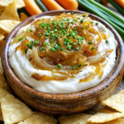 - 3 large onions, thinly sliced - 2 tablespoons olive oil - 1 teaspoon sugar - 1/2 teaspoon salt - 1 cup Greek yogurt (preferably full-fat for creaminess) - 1/2 cup mayonnaise (for added richness) - 1 teaspoon garlic powder - 1 tablespoon fresh thyme leaves (or 1 teaspoon dried thyme for convenience) - Freshly ground black pepper, to taste - Chopped chives, for garnish You can swap some ingredients if needed. Use canola oil instead of olive oil. It works well for cooking. For a lighter dip, switch the full-fat Greek yogurt with low-fat yogurt. If you want a dairy-free option, use a plant-based yogurt. You can also replace mayonnaise with more Greek yogurt for a creamy dip. If you don’t have fresh thyme, dried thyme works just fine. Fresh chives can be replaced with green onions or parsley, too. When choosing onions, look for ones that are firm and heavy. They should have smooth skin with no soft spots. For Greek yogurt, pick a brand that has simple ingredients. Check the expiration date to ensure freshness. Fresh thyme should have vibrant green leaves and a strong aroma. Lastly, select chives that are bright and crisp. This will help your dip taste its best! First, grab three large onions. Slice them thinly. This helps them cook evenly. Heat two tablespoons of olive oil in a large skillet over medium heat. When the oil shimmers, add the onions. Stir in one teaspoon of sugar and half a teaspoon of salt. This helps the onions caramelize better. Cook the onions for about 30 to 40 minutes. Stir them occasionally. You want them to turn deep golden brown and soft. If they brown too fast, lower the heat. The slower they cook, the sweeter they get. Once they are caramelized, take the skillet off the heat. Let the onions cool for about 5 to 10 minutes. While the onions cool, get a mixing bowl. Add one cup of Greek yogurt and half a cup of mayonnaise to the bowl. The yogurt gives a nice tang, while the mayo adds creaminess. Sprinkle in one teaspoon of garlic powder and one tablespoon of fresh thyme leaves. If you use dried thyme, one teaspoon works too. Mix everything with a whisk or spatula until it’s smooth. Now, gently fold the cooled onions into the yogurt mixture. Make sure everything blends well. Season with freshly ground black pepper. Taste and adjust the flavor as needed. Spoon the dip into a serving bowl. For a fresh look, sprinkle chopped chives on top. For the best taste, cover the dip. Refrigerate it for at least 30 minutes. This lets all the flavors mix beautifully. Serve this dip with pita chips, veggie sticks, or warm baguette slices. To make great caramelized onions, start with the right onions. I recommend yellow or sweet onions. Slice them thinly for even cooking. Heat your skillet over medium heat and add olive oil. Once hot, toss in the onions, sugar, and salt. Stir them often, but not constantly. This way, they cook evenly. Cook for 30 to 40 minutes until they turn deep golden brown. Patience is key here; rushing leads to burnt bits. If you have leftover dip, store it properly. Place it in an airtight container and cover it tightly. This keeps it fresh and tasty. In the fridge, it can last up to four days. If you want to keep it longer, freeze it. Just remember to thaw it in the fridge before using. Stir it well after thawing to bring back its creamy texture. To make your dip shine at parties, serve it with tasty dippers. Crispy pita chips are a great choice. Fresh veggie sticks like carrots or cucumbers add crunch. You can even serve it with warm, toasted baguette slices for a gourmet touch. For a fun twist, try adding toppings like extra chives or some crumbled feta. This adds color and flavor, making your dip even more delightful. {{image_4}} If you like heat, try adding diced jalapeños or crushed red pepper flakes. Start with a small amount and taste as you mix. You can also use spicy Greek yogurt for an extra kick. This twist makes the dip perfect for game day or any gathering. Cheese can take your dip to the next level. Try adding cream cheese for a rich texture. You can also fold in shredded cheddar or crumbled feta cheese. Each cheese adds a unique flavor and makes the dip even creamier. Don't be afraid to mix different cheeses for fun flavors. Herbs can change the dip's flavor profile significantly. Fresh basil or parsley can give a bright taste. Dill or rosemary can add a savory note. Use fresh herbs for the best flavor. Just chop them finely and mix them in with the onions. Experiment with what you love! To store your caramelized onion dip, place it in an airtight container. Make sure the lid is on tight. This keeps the dip fresh and prevents it from absorbing other smells in the fridge. You can store it for up to 4 days. If you want to save some dip for later, freezing is a great option. Use a freezer-safe container, leaving some space at the top. The dip can last up to 3 months in the freezer. Avoid using glass containers, as they might crack in the cold. When you're ready to eat the frozen dip, move it to the fridge a day ahead to thaw. Once thawed, stir it well to mix any separated ingredients. If it feels a bit thick, add a splash of Greek yogurt to bring back the creaminess. Enjoy it with your favorite dippers! You can store caramelized onion dip in the fridge for up to five days. Just keep it in an airtight container. This helps keep the flavors fresh and tasty. If you notice any change in smell or texture, it’s best to toss it. Yes, you can make this dip in advance. In fact, making it a day ahead improves the taste. The flavors blend together beautifully when it sits in the fridge overnight. Just remember to cover it well before storing. This dip pairs well with many tasty options. Here are some great choices: - Crispy pita chips - Colorful veggie sticks like carrots and bell peppers - Warm, toasted baguette slices - Pretzels or crackers - Potato chips for a crunchy contrast These options add fun and flavor to your snack time! This blog covered how to make a rich caramelized onion dip. We explored ingredients, tips for perfecting onions, and ways to enhance flavors. You can try fun variations and learn how to store your dip for later. Remember, fresh ingredients shine in this recipe. With a few simple steps, you’ll impress anyone at your next gathering with this tasty treat. Enjoy experimenting with flavors, and make it your own!