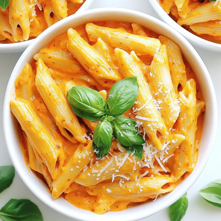 - 300g pasta (penne or fettuccine) - 2 large red bell peppers - 200ml heavy cream (or coconut cream) - 2 tablespoons extra virgin olive oil - 1 medium onion, finely chopped - 3 cloves garlic, minced - 1 teaspoon smoked paprika - 1/2 teaspoon crushed red pepper flakes - Salt and pepper to taste - Fresh basil leaves for garnish - Grated Parmesan cheese for serving (optional) The main ingredients for this creamy roasted red pepper pasta are simple yet flavorful. First, you need 300 grams of pasta. I love penne or fettuccine for this dish. The next star is two large red bell peppers. They add sweetness and color. To make it creamy, use 200 milliliters of heavy cream. If you prefer, coconut cream works too for a dairy-free option. For the additional ingredients, start with two tablespoons of extra virgin olive oil. It adds richness. Chop one medium onion finely. You will need three cloves of garlic, minced, which give great flavor. One teaspoon of smoked paprika adds depth. If you like heat, use half a teaspoon of crushed red pepper flakes. Don’t forget salt and pepper for seasoning. For the final touch, fresh basil leaves brighten the dish, and grated Parmesan cheese can add a nice finish if you like. - Preheat your oven to 400°F (200°C). - Cut the red bell peppers in half and remove the seeds. - Place the pepper halves cut-side down on a baking sheet. - Drizzle with 1 tablespoon of olive oil. - Roast in the oven for 25-30 minutes, until the skins are charred. - After roasting, put the peppers in a heat-safe bowl. - Cover the bowl tightly with plastic wrap for about 10 minutes. - This steaming makes it easier to peel the skins off. - Boil the pasta in a large pot using package instructions. - Cook until the pasta is al dente, which means firm but not hard. - Once done, drain the pasta and set it aside for later. - In a large pan, heat the remaining tablespoon of olive oil over medium heat. - Add the finely chopped onion and sauté for about 5 minutes. - Cook until the onion turns translucent and soft. - Stir in the minced garlic and cook for one more minute. - Be careful not to let the garlic brown. - Peel the skins off the steamed peppers and place the flesh in a blender. - Add the sautéed onion, garlic, heavy cream, smoked paprika, and crushed red pepper flakes. - Blend until the mixture is smooth and creamy. - Pour the sauce back into the pan and warm it over low heat. - Taste and season with salt and black pepper as needed. - Add the cooked pasta to the creamy sauce and toss gently. - Cook for an additional 2-3 minutes to heat everything through. - To roast the peppers, cut them in half. Remove all seeds. - Place the peppers cut-side down on a baking sheet. Roast at 400°F for 25-30 minutes. - For al dente pasta, follow package instructions. Check a minute early for best results. - Start the sauce while the pasta cooks. This saves time and keeps everything warm. - If you like heat, add more crushed red pepper flakes. Start with a small amount. - Fresh herbs like basil or parsley can boost flavor. Chop them finely for best results. - Serve in nice bowls for an elegant look. - Garnish with fresh basil leaves. A sprinkle of Parmesan cheese adds a nice touch. - Use shallow dishes to show off the creamy sauce and vibrant color. {{image_4}} You can easily make this dish fit your needs. For a dairy-free option, swap the heavy cream with coconut cream. This swap keeps the pasta creamy and adds a hint of sweetness. If you need gluten-free options, use gluten-free pasta. Look for brands that mimic regular pasta in taste and texture. Want to add more flavor? Toss in some fresh vegetables. Spinach or mushrooms blend well with the creamy sauce. They add nutrients and a nice texture. You can also add proteins like chicken or shrimp. Cook the chicken or shrimp first, then mix them into the sauce. This will make your meal heartier. Feel free to explore different cuisines. For a Mediterranean touch, add olives and feta cheese. These ingredients give a salty burst and a unique flavor. You can also spice things up. Consider adding cumin or coriander for an international flair. These spices will change the taste and make it exciting. To store leftovers, place your pasta in an airtight container. It keeps the pasta fresh. Make sure it cools down first to avoid steam buildup. In the fridge, creamy roasted red pepper pasta lasts about 3 to 4 days. Always check for any off smells before eating. You can freeze this dish, but I suggest freezing the pasta and sauce separately. This way, the sauce stays creamy. Use freezer-safe containers. When you want to enjoy it, thaw the sauce in the fridge overnight. Reheat the sauce on low heat and add the pasta. For storage, I recommend using glass or BPA-free plastic containers. They keep food fresh longer. Portion the pasta in individual servings for easy meal prep. This helps you grab a quick meal during busy days. Remember, good storage means tasty meals later! Yes, you can! This recipe works well with many pasta shapes. Here are some great options: - Penne - Fettuccine - Fusilli - Rigatoni - Spaghetti Feel free to pick your favorite shape. Each offers a fun twist on the dish! The recipe has a mild heat from the crushed red pepper flakes. If you want less spice, use less than half a teaspoon. For more heat, add more to your taste. You can also include fresh chili peppers for a different kick. Adjust the spice to enjoy it your way! You can easily make this dish vegan. Here are some simple swaps: - Use coconut cream instead of heavy cream. - Substitute olive oil for any butter. - Skip the Parmesan cheese or use a vegan alternative. These changes will keep the creamy texture and flavor. This pasta pairs well with many sides. Here are a few tasty ideas: - A crisp green salad - Garlic bread - Roasted vegetables - Grilled chicken or shrimp These sides will complement the rich flavors and make your meal complete! This blog post outlined how to make a creamy roasted red pepper pasta. You learned about the main and additional ingredients needed, and I provided step-by-step instructions for preparation. We also covered tips for cooking, ways to enhance flavor, and variations to suit your dietary needs. Finally, I shared storage tips to keep leftovers fresh. Now, you're ready to enjoy a delicious dish that's easy to make and flexible. Cooking can be fun and rewarding. Happy cooking!