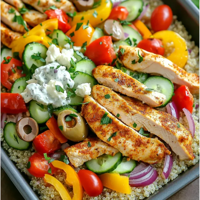 For these Sheet-Pan Greek Chicken Gyro Bowls, you will need: - 1.5 lbs boneless, skinless chicken breast, sliced into strips - 1 red bell pepper, sliced into strips - 1 yellow bell pepper, sliced into strips - 1 medium red onion, sliced into wedges - 1 cucumber, diced into bite-sized pieces - 1 cup cherry tomatoes, halved - 1 cup cooked quinoa or brown rice - 1/2 cup feta cheese, crumbled - 1/4 cup Kalamata olives, pitted and sliced - Fresh parsley, chopped (for garnish) These fresh ingredients bring a nice crunch and balance to the dish. The marinade is key to flavor. You'll need: - 2 tablespoons extra virgin olive oil - 2 teaspoons dried oregano - 2 teaspoons garlic powder - 1 teaspoon smoked paprika - Salt and freshly ground black pepper, to taste This mix gives the chicken a tasty, Mediterranean flair. The olive oil keeps everything moist while the spices add depth. To make your bowls even better, consider these toppings: - Tzatziki sauce (for serving) Tzatziki brings a creamy, cool element that pairs well with the warm chicken and veggies. It's a must for a true gyro feel! Feel free to customize your bowls with any other toppings you love. Enjoy making and sharing this delicious meal! Start by preheating your oven to 425°F (220°C). Then, grab a large mixing bowl. In this bowl, whisk together 2 tablespoons of olive oil, 2 teaspoons of dried oregano, 2 teaspoons of garlic powder, and 1 teaspoon of smoked paprika. Add salt and pepper to taste. This mixture makes a tasty marinade. Slice 1.5 pounds of boneless, skinless chicken breast into strips. Toss the chicken strips in the marinade until they are well coated. Let the chicken sit for a few minutes so it absorbs the flavors. Next, line a large baking sheet with parchment paper. This makes cleanup easy. Spread the marinated chicken on one side of the sheet in a single layer. On the other side, place sliced red and yellow bell peppers and red onion. Make sure the veggies are in a single layer too. This helps them roast evenly. Bake for about 20-25 minutes. Check that the chicken is cooked through and the veggies are tender. Don’t forget to flip the chicken and stir the veggies halfway through roasting. When everything is done roasting, take the baking sheet out of the oven. Let it cool for a few minutes. Now, it’s time to build your gyro bowls! Start with a base of cooked quinoa or brown rice. On top of that, layer the roasted chicken and veggies. Add diced cucumbers and halved cherry tomatoes for extra crunch. Crumble some feta cheese and sprinkle sliced Kalamata olives on top. Finish with fresh parsley and a drizzle of tzatziki sauce. Your bowl is now ready to enjoy! Marinating chicken makes it tender and full of flavor. Use extra virgin olive oil, dried oregano, garlic powder, and smoked paprika. These give your chicken a great taste. - Combine the marinade in a bowl. - Add the chicken strips and coat them well. - Let it sit for at least 30 minutes. For best results, marinate overnight in the fridge. The longer it sits, the better it tastes. Just remember to keep it covered to stay fresh. Roasting vegetables brings out their natural sweetness. To get the best results, cut your veggies into uniform sizes. This helps them cook evenly. - Use red and yellow bell peppers along with red onion. - Toss them in some olive oil, salt, and pepper before roasting. - Spread them out on the baking sheet. Avoid crowding to ensure they roast rather than steam. Roast them alongside the chicken for about 20-25 minutes. Stir them halfway through to ensure even cooking. These bowls are fun and versatile. Start with a base of cooked quinoa or brown rice. This adds a nutty flavor and makes it filling. - Top your base with the roasted chicken and veggies. - Add fresh cucumber, cherry tomatoes, and crumbled feta cheese for a burst of flavor. - Don’t forget the Kalamata olives for a salty kick. - Finish with a drizzle of tzatziki sauce and a sprinkle of fresh parsley. This meal is great for lunch or dinner. Enjoy it warm or cold, and share it with family or friends! {{image_4}} You can easily make this dish vegetarian or vegan. Swap the chicken for chickpeas or tofu. Both provide protein and soak up flavor well. For a vegan twist, use a plant-based tzatziki made from coconut yogurt. Add more veggies like zucchini or spinach to keep it fresh and colorful. Quinoa and brown rice are great, but you can choose other grains. Try farro for a nutty flavor or barley for a chewy texture. You can also use cauliflower rice for a low-carb option. Each grain brings its own taste and texture, making your bowl unique. If you want to change the protein, go for shrimp or salmon. Both cook quickly and add a seafood flair. If you’re feeling adventurous, try lamb or beef for a rich, hearty dish. The spices in the marinade work well with any protein choice, keeping your meal flavorful. To keep your Sheet-Pan Greek Chicken Gyro Bowls fresh, store leftovers in an airtight container. This helps maintain flavor and moisture. Place the bowls in the fridge within two hours of cooking. They will stay good for up to three days. If you have extra tzatziki sauce, store it separately to prevent sogginess. When you’re ready to enjoy leftovers, reheating is easy. Preheat your oven to 350°F (175°C). Place the bowls in an oven-safe dish and cover with foil. Heat for about 15-20 minutes. This method keeps the chicken juicy and the veggies tender. You can also use a microwave. Heat for 1-2 minutes or until hot, stirring halfway through. Freezing is a great option if you want to save some for later. Pack the chicken and veggies in freezer-safe bags or containers. Make sure to remove as much air as possible. You can freeze the bowls for up to three months. To reheat, thaw in the fridge overnight, then follow the reheating instructions above. Enjoy your tasty meal anytime! Yes, you can use chicken thighs. Thighs stay juicy and tender. They have more flavor than breasts. Just cut them into strips like the breasts. You may need to adjust the cooking time. Thighs might take a bit longer to cook through. Always make sure the chicken is fully cooked. You can use many grains if you don’t have quinoa or brown rice. Try couscous, farro, or even barley. For a low-carb option, use riced cauliflower or zucchini noodles. These options add great texture and flavor. Each grain or veggie brings a unique twist to your bowl. The marinaded chicken lasts about 2 days in the fridge. Keep it in an airtight container. This helps maintain flavor and freshness. If you need to store it longer, freeze it. Frozen chicken can last for several months. Just make sure to thaw it in the fridge before cooking. This post covered how to make delicious gyro bowls, from key ingredients to serving. We explored main ingredients, marinade tips, and tasty toppings. I shared step-by-step instructions for marinating chicken, roasting veggies, and assembling bowls. We also discussed variations and storage methods for leftovers. With these easy steps and tips, you can create a healthy meal your family will love. Enjoy your cooking adventure!