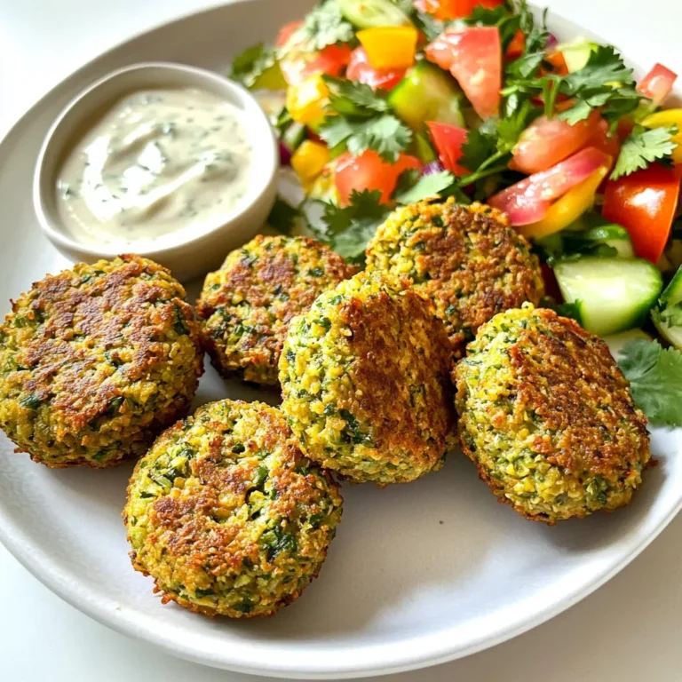 For these Air Fryer Crispy Falafel Bites, you will need: - 1 can (15 oz) chickpeas, drained and thoroughly rinsed - 1 small red onion, roughly chopped - 2 cloves garlic, minced - 1/4 cup fresh parsley, finely chopped - 1/4 cup fresh cilantro, finely chopped - 1 teaspoon ground cumin - 1 teaspoon ground coriander - 1/2 teaspoon baking powder - 1/4 teaspoon cayenne pepper (optional for added spice) - 1/4 cup all-purpose flour (or chickpea flour for a gluten-free option) - Salt and freshly ground black pepper to taste - Cooking spray for air frying You can swap out some ingredients if needed: - Use dried chickpeas instead of canned. Just soak and cook them first. - Swap red onion for yellow onion or green onion for a milder taste. - Fresh herbs like dill or mint can replace parsley and cilantro. - If you prefer, use oat flour or almond flour instead of all-purpose flour. - For a kick, add chili powder or smoked paprika instead of cayenne. When shopping for your ingredients, look for: - Chickpeas: Choose a can without added salt for better control over flavor. - Onions: Pick onions that feel firm and heavy for their size. - Herbs: Look for vibrant green colors and fresh scents for the best flavor. - Garlic: Select bulbs that are firm and free of blemishes. - Spices: Check the expiration date and buy whole spices when possible for better flavor. Using fresh and quality ingredients makes a big difference in your falafel bites. Enjoy the process! To start, gather your ingredients. You need chickpeas, red onion, garlic, parsley, cilantro, and spices. Place the drained chickpeas, chopped red onion, minced garlic, parsley, cilantro, cumin, coriander, baking powder, cayenne pepper, salt, and black pepper in a food processor. Pulse until it is coarse; don’t puree it. This mix should look chunky. Next, transfer the mixture to a bowl. Gradually add the flour while mixing. If the mix feels too wet, add a bit more flour. You want it to hold together well for shaping. This is your falafel mixture, packed with flavor. Now, it’s time to shape the falafel. Use a tablespoon to scoop out some mixture. Roll it into small balls or form patties. Place them on a tray or plate as you go. Make sure they are about the same size for even cooking. This step is fun and lets you get your hands a bit messy! Before cooking, preheat your air fryer to 375°F (190°C). This helps the falafel cook evenly. Lightly spray the air fryer basket with cooking spray to prevent sticking. Place the falafel bites in a single layer in the basket. Avoid overcrowding; it’s best to cook in batches. Spray the tops of the falafel bites lightly with cooking spray. This will give them a nice crispy texture. Cook for 12-15 minutes, flipping them halfway through. They should turn golden brown and crispy. Once done, let them cool slightly on a wire rack to keep that crunch. Enjoy your delicious falafel bites! To get your falafel bites nice and crispy, follow these tips: - Preheat your air fryer to 375°F (190°C). This helps cook the falafel evenly. - Lightly spray the falafel with cooking spray before frying. This adds extra crunch. - Don't crowd the basket. Give each piece space to crisp up. Cook in batches if needed. - Flip the falafel halfway through cooking. This ensures both sides get golden brown. Feel free to adjust the flavors in your falafel: - Add more garlic for a stronger taste. - Use fresh herbs like mint for a different flavor profile. - If you like it spicy, increase the cayenne pepper to taste. - Experiment with spices like paprika or turmeric to change the taste. Sometimes things don’t go as planned. Here are fixes for common problems: - If the mixture is too wet, add more flour until it holds shape. - If your falafel bites fall apart, ensure you pulse the mix just enough. - For undercooked falafel, return them to the air fryer for a few more minutes. - If they are too dry, try reducing the cooking time next time. These tips will help you make the best crispy falafel bites. Enjoy the process! {{image_4}} To make your falafel spicy, add more cayenne pepper. You can also use smoked paprika for a smoky flavor. Try adding crushed red pepper flakes for extra heat. Mixing in some harissa paste will give it a North African twist. Adjust the spice level to suit your taste. For a gluten-free option, use chickpea flour instead of all-purpose flour. This keeps the falafel tasty and light. Make sure to check the labels of your spices and any sauces. Most are naturally vegan, so you can enjoy this dish without worry. Serve these falafel bites with tahini sauce or yogurt for a creamy dip. A fresh salad with cucumbers, tomatoes, and herbs pairs nicely. You can also wrap them in pita bread with lettuce and tomatoes. For added flavor, drizzle with lemon juice or your favorite sauce. Enjoy your falafel bites as a snack or a meal! To keep your falafel bites fresh, let them cool first. Place them in an airtight container. Store them in the fridge for up to three days. This way, you can enjoy them later without losing their flavor. To freeze, shape the falafel bites as normal. Place them on a baking sheet lined with parchment paper. Freeze until solid, about an hour. Transfer them to a freezer bag. This method helps prevent sticking. You can freeze them for up to three months. When you want some, just take out what you need. For the best texture, reheat using the air fryer. Preheat it to 375°F (190°C). Cook the falafel bites for about 5-7 minutes. This will restore their crispiness. You can also use an oven for reheating. Just make sure to keep an eye on them to avoid burning. Enjoy your tasty snacks again! To make your air fryer falafel crispy, start by using the right amount of flour. After mixing all the ingredients, ensure the mix is not too wet. This step is key. Shape the falafel into small balls or patties. Lightly spray them with cooking spray before cooking. This helps them brown nicely. Preheat your air fryer to 375°F (190°C). Air fry for 12-15 minutes, flipping halfway through. This method ensures even crispiness. Yes, you can use dried chickpeas. However, they need prep work. Soak the dried chickpeas overnight in water. This step rehydrates them. After soaking, drain and rinse the chickpeas well. Cook them until tender, about 1-2 hours. Then, you can follow the same recipe. The texture may change slightly, but the flavor remains fantastic. Falafel bites pair well with many sides. You can serve them with tahini sauce or yogurt sauce. A fresh vegetable salad adds color and crunch. Pita bread also makes a great option. You can create a falafel wrap with veggies. For a touch of spice, add hot sauce if you like. Falafel bites last about 3-4 days in the fridge. Store them in an airtight container for best results. To keep them fresh, let them cool completely before storing. If you want to enjoy them later, reheating is easy. Just pop them back in the air fryer for a few minutes to regain their crispiness. In this blog post, we covered everything you need for making falafel. We explored essential ingredients, steps for cooking, and tips for great results. You learned how to select fresh ingredients and shape perfect falafel bites. Additionally, we shared variations and storage tips to keep your meals fresh. Remember, making falafel can be fun and tasty. Use these tips, and you’ll impress everyone with your cooking!