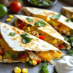 - 2 cups cooked chicken, shredded - 1 cup BBQ sauce (your choice) - 2 cups shredded cheddar cheese - 1 cup corn kernels (fresh or frozen) - 1 red bell pepper, diced - 1 green bell pepper, diced - 1/2 red onion, finely chopped - 8 large flour tortillas - Fresh cilantro, chopped (for garnish) - Sour cream and salsa (for serving) The main ingredients make this dish shine. The cooked chicken adds protein and flavor. BBQ sauce gives it a sweet and smoky taste. Cheddar cheese melts beautifully, creating a rich, gooey texture. Next, we have the additional ingredients. Corn adds a nice crunch and sweetness. The red and green bell peppers bring color and freshness. Finally, the red onion adds a bit of spice. For garnishes, I love using fresh cilantro. It adds a bright note. Sour cream and salsa are perfect for dipping. They balance the dish with creaminess and tang. This mix of ingredients makes the Sheet-Pan BBQ Chicken Quesadillas a hit. You can customize it based on what you have at home. Enjoy the process of making this fun meal! - Preheat the oven and line the baking sheet: Start by setting your oven to 400°F (200°C). This ensures the quesadillas cook evenly. Line a large baking sheet with parchment paper to stop them from sticking. - Mix the BBQ chicken filling and other ingredients: In a big bowl, combine the shredded chicken and BBQ sauce. Make sure every piece of chicken gets coated. Then, add in the corn, diced red and green bell peppers, and the chopped red onion. Stir well until everything is mixed. - Layer tortillas with BBQ mixture and cheese: Take four tortillas and lay them on a clean surface. Spoon the BBQ chicken mixture evenly onto each tortilla. Spread it out to cover as much area as possible. Add a good amount of shredded cheddar cheese on top of the chicken mixture. - How to stack and transfer to the baking sheet: Carefully place another tortilla on top of each one, making a sandwich. Gently lift each quesadilla and place them onto the lined baking sheet. - Baking time and temperature details: Slide the baking sheet into your preheated oven. Bake the quesadillas for about 15-20 minutes. Watch them closely until the tortillas turn a nice golden brown and the cheese melts. - Tips for achieving a crispy texture: For extra crunch, flip the quesadillas halfway through baking. This helps both sides get crispy. Lightly spraying the tops with olive oil also helps them brown nicely. Selecting the best BBQ sauce Choosing the right BBQ sauce makes a big difference. Look for sauces that suit your taste. Sweet, tangy, or spicy options can change the whole dish. Homemade sauces let you control the flavor, but store-bought ones are great too. Adding spices for extra flavor Spicing up your BBQ chicken adds depth. Try adding a pinch of smoked paprika or chili powder. A bit of garlic powder can also enhance the taste. Mix these spices into your BBQ sauce or the chicken for a flavor boost. Techniques for crispy quesadillas For crispy quesadillas, apply olive oil spray before baking. This helps the tortillas crisp up nicely. Flipping them halfway through cooking also helps them get golden on both sides. How to avoid soggy tortillas To prevent soggy tortillas, use a light hand with the BBQ sauce. If you add too much, it can make the tortillas wet. Also, bake them right after you assemble them. This keeps them crisp. Time-saving tips for shredded chicken Using a rotisserie chicken is a quick way to get cooked chicken. Just shred it and mix with your BBQ sauce. This saves time and gives you great flavor. Using leftovers effectively If you have leftover quesadillas, they can be a fun snack. You can also use any extra filling in salads or wraps. This keeps your meals tasty and reduces waste. {{image_4}} You can switch up the protein in your quesadillas. Try using pork or beef instead of chicken. Both meats work well with BBQ sauce and add a nice flavor. If you prefer a vegetarian option, use black beans or mushrooms. These choices keep the quesadillas hearty and tasty while staying meat-free. BBQ sauce is key in these quesadillas. Go for a spicy sauce if you like heat. A sweet BBQ sauce can also add a great twist. You can also mix sauces for a unique flavor. Don’t forget to add different veggies like spinach or zucchini. You can even try various cheeses like Monterey Jack or pepper jack to change the taste. Pair your quesadillas with tasty sides. Coleslaw is a crunchy option that complements BBQ flavors. Rice is another great choice, especially if you serve it with beans. For fun, you can cut quesadillas into smaller pieces to make sliders. Mini versions are perfect for parties or snacks. Enjoy experimenting with these ideas! To keep your leftover quesadillas fresh, place them in an airtight container. Line each layer with parchment paper to avoid sticking. Keep them in the fridge. They will last for 3 to 4 days. It’s best to eat them sooner for the best taste and texture. If you want to save quesadillas for later, you can freeze them. Wrap each quesadilla in plastic wrap, then place them in a freezer-safe bag. This helps keep them fresh for up to 2 months. To reheat, let them thaw in the fridge overnight. This keeps the filling juicy and the tortillas soft. To warm up your quesadillas, use an oven or skillet. Preheat your oven to 350°F (175°C). Place quesadillas on a baking sheet and heat for 10-15 minutes. If using a skillet, heat on medium for 3-4 minutes on each side. This keeps them crispy. Avoid the microwave, as it makes them soggy. Yes, you can use different cheeses. Popular choices include Monterey Jack, pepper jack, or even mozzarella. Each cheese melts differently. Cheddar gives a sharp taste. Monterey Jack adds creaminess. Pepper jack brings a spicy kick. Try mixing cheeses for more flavor. This can make your quesadillas even tastier. No worries! You can cook raw chicken quickly. Boil or grill it until fully cooked. You can also use rotisserie chicken for a fast option. If you have leftover chicken, that works too! Shred it and mix it with BBQ sauce. This way, you can enjoy your quesadillas even without prepped chicken. To make crispy quesadillas, follow these tips. First, spray the tops with olive oil. This helps them brown nicely. Second, flip them halfway through baking. This ensures even crispiness. Lastly, bake them until golden brown. If you want, use a skillet instead. A hot skillet can give a great crunch! This article shared an easy recipe for delicious BBQ chicken quesadillas. You learned about essential ingredients, like shredded chicken and cheese, and how to mix them. We explored tips to enhance flavors and achieve the perfect texture. Variations and storage options ensure you can adapt this dish effortlessly. With these simple steps and insights, you can make tasty quesadillas that suit your taste. Enjoy cooking and experimenting with your own unique touches!