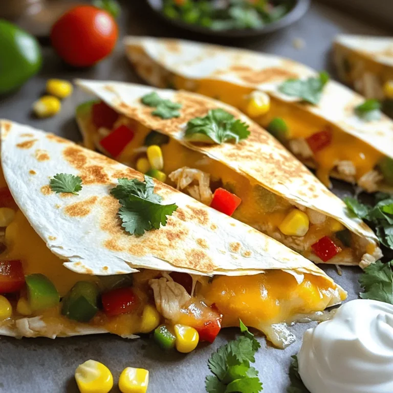 - 2 cups cooked chicken, shredded - 1 cup BBQ sauce (your choice) - 2 cups shredded cheddar cheese - 1 cup corn kernels (fresh or frozen) - 1 red bell pepper, diced - 1 green bell pepper, diced - 1/2 red onion, finely chopped - 8 large flour tortillas - Fresh cilantro, chopped (for garnish) - Sour cream and salsa (for serving) The main ingredients make this dish shine. The cooked chicken adds protein and flavor. BBQ sauce gives it a sweet and smoky taste. Cheddar cheese melts beautifully, creating a rich, gooey texture. Next, we have the additional ingredients. Corn adds a nice crunch and sweetness. The red and green bell peppers bring color and freshness. Finally, the red onion adds a bit of spice. For garnishes, I love using fresh cilantro. It adds a bright note. Sour cream and salsa are perfect for dipping. They balance the dish with creaminess and tang. This mix of ingredients makes the Sheet-Pan BBQ Chicken Quesadillas a hit. You can customize it based on what you have at home. Enjoy the process of making this fun meal! - Preheat the oven and line the baking sheet: Start by setting your oven to 400°F (200°C). This ensures the quesadillas cook evenly. Line a large baking sheet with parchment paper to stop them from sticking. - Mix the BBQ chicken filling and other ingredients: In a big bowl, combine the shredded chicken and BBQ sauce. Make sure every piece of chicken gets coated. Then, add in the corn, diced red and green bell peppers, and the chopped red onion. Stir well until everything is mixed. - Layer tortillas with BBQ mixture and cheese: Take four tortillas and lay them on a clean surface. Spoon the BBQ chicken mixture evenly onto each tortilla. Spread it out to cover as much area as possible. Add a good amount of shredded cheddar cheese on top of the chicken mixture. - How to stack and transfer to the baking sheet: Carefully place another tortilla on top of each one, making a sandwich. Gently lift each quesadilla and place them onto the lined baking sheet. - Baking time and temperature details: Slide the baking sheet into your preheated oven. Bake the quesadillas for about 15-20 minutes. Watch them closely until the tortillas turn a nice golden brown and the cheese melts. - Tips for achieving a crispy texture: For extra crunch, flip the quesadillas halfway through baking. This helps both sides get crispy. Lightly spraying the tops with olive oil also helps them brown nicely. Selecting the best BBQ sauce Choosing the right BBQ sauce makes a big difference. Look for sauces that suit your taste. Sweet, tangy, or spicy options can change the whole dish. Homemade sauces let you control the flavor, but store-bought ones are great too. Adding spices for extra flavor Spicing up your BBQ chicken adds depth. Try adding a pinch of smoked paprika or chili powder. A bit of garlic powder can also enhance the taste. Mix these spices into your BBQ sauce or the chicken for a flavor boost. Techniques for crispy quesadillas For crispy quesadillas, apply olive oil spray before baking. This helps the tortillas crisp up nicely. Flipping them halfway through cooking also helps them get golden on both sides. How to avoid soggy tortillas To prevent soggy tortillas, use a light hand with the BBQ sauce. If you add too much, it can make the tortillas wet. Also, bake them right after you assemble them. This keeps them crisp. Time-saving tips for shredded chicken Using a rotisserie chicken is a quick way to get cooked chicken. Just shred it and mix with your BBQ sauce. This saves time and gives you great flavor. Using leftovers effectively If you have leftover quesadillas, they can be a fun snack. You can also use any extra filling in salads or wraps. This keeps your meals tasty and reduces waste. {{image_4}} You can switch up the protein in your quesadillas. Try using pork or beef instead of chicken. Both meats work well with BBQ sauce and add a nice flavor. If you prefer a vegetarian option, use black beans or mushrooms. These choices keep the quesadillas hearty and tasty while staying meat-free. BBQ sauce is key in these quesadillas. Go for a spicy sauce if you like heat. A sweet BBQ sauce can also add a great twist. You can also mix sauces for a unique flavor. Don’t forget to add different veggies like spinach or zucchini. You can even try various cheeses like Monterey Jack or pepper jack to change the taste. Pair your quesadillas with tasty sides. Coleslaw is a crunchy option that complements BBQ flavors. Rice is another great choice, especially if you serve it with beans. For fun, you can cut quesadillas into smaller pieces to make sliders. Mini versions are perfect for parties or snacks. Enjoy experimenting with these ideas! To keep your leftover quesadillas fresh, place them in an airtight container. Line each layer with parchment paper to avoid sticking. Keep them in the fridge. They will last for 3 to 4 days. It’s best to eat them sooner for the best taste and texture. If you want to save quesadillas for later, you can freeze them. Wrap each quesadilla in plastic wrap, then place them in a freezer-safe bag. This helps keep them fresh for up to 2 months. To reheat, let them thaw in the fridge overnight. This keeps the filling juicy and the tortillas soft. To warm up your quesadillas, use an oven or skillet. Preheat your oven to 350°F (175°C). Place quesadillas on a baking sheet and heat for 10-15 minutes. If using a skillet, heat on medium for 3-4 minutes on each side. This keeps them crispy. Avoid the microwave, as it makes them soggy. Yes, you can use different cheeses. Popular choices include Monterey Jack, pepper jack, or even mozzarella. Each cheese melts differently. Cheddar gives a sharp taste. Monterey Jack adds creaminess. Pepper jack brings a spicy kick. Try mixing cheeses for more flavor. This can make your quesadillas even tastier. No worries! You can cook raw chicken quickly. Boil or grill it until fully cooked. You can also use rotisserie chicken for a fast option. If you have leftover chicken, that works too! Shred it and mix it with BBQ sauce. This way, you can enjoy your quesadillas even without prepped chicken. To make crispy quesadillas, follow these tips. First, spray the tops with olive oil. This helps them brown nicely. Second, flip them halfway through baking. This ensures even crispiness. Lastly, bake them until golden brown. If you want, use a skillet instead. A hot skillet can give a great crunch! This article shared an easy recipe for delicious BBQ chicken quesadillas. You learned about essential ingredients, like shredded chicken and cheese, and how to mix them. We explored tips to enhance flavors and achieve the perfect texture. Variations and storage options ensure you can adapt this dish effortlessly. With these simple steps and insights, you can make tasty quesadillas that suit your taste. Enjoy cooking and experimenting with your own unique touches!