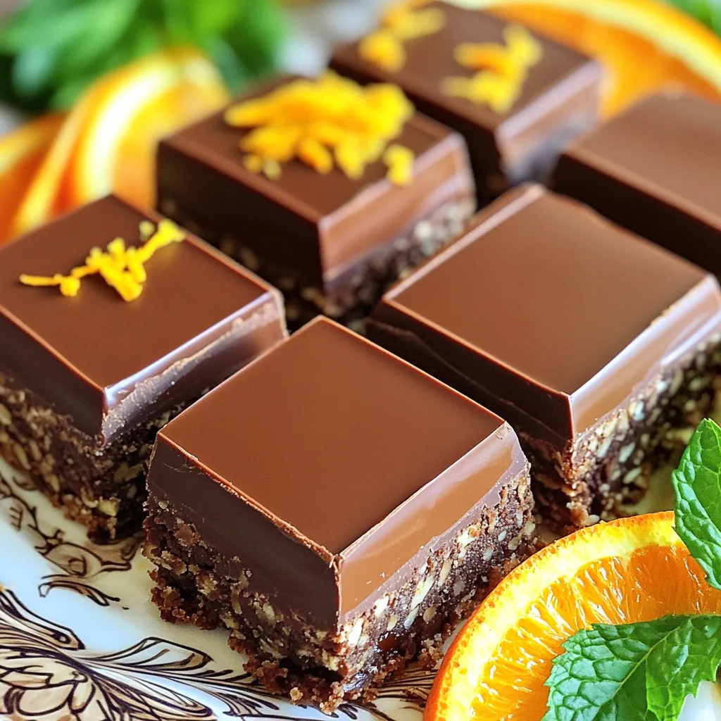 To make No-Bake Chocolate Orange Truffle Bars, gather these ingredients: - 1 cup almond flour - 1 cup pitted medjool dates - 1/2 cup unsweetened cocoa powder - 1/3 cup almond butter - 1/4 cup pure maple syrup - Zest of 1 large orange - 2 tablespoons freshly squeezed orange juice - 1/2 teaspoon vanilla extract - 1/4 teaspoon fine sea salt - 1/2 cup dark chocolate chips (dairy-free if you prefer) You can add fun twists to this recipe. Consider using: - Additional nuts for crunch - Shredded coconut for texture - A sprinkle of sea salt on top - Different citrus zest for a unique flavor If you need swaps, here are some ideas: - Use cashew flour in place of almond flour. - Swap almond butter with peanut or sunflower seed butter. - Replace maple syrup with honey or agave nectar. - Use cacao powder instead of cocoa powder for a richer taste. - For a nut-free option, try sunflower seed butter and sunflower seed flour. These tips help you adapt the recipe to your taste or dietary needs! Start by blending the base. In a food processor, add: - 1 cup almond flour - 1 cup pitted medjool dates - 1/2 cup unsweetened cocoa powder - 1/3 cup almond butter - 1/4 cup pure maple syrup - Zest of 1 large orange - 2 tablespoons freshly squeezed orange juice - 1/2 teaspoon vanilla extract - 1/4 teaspoon fine sea salt Pulse these ingredients until they form a sticky dough. Make sure to scrape the sides of the bowl to mix everything well. This dough holds all the rich flavors and gives a great texture. While the base chills, it’s time to melt the dark chocolate. Use: - 1/2 cup dark chocolate chips Place them in a microwave-safe bowl. Heat the chocolate in 30-second bursts. Stir after each burst until smooth. This keeps the chocolate from burning. Melt it gently, and it will pour easily over your truffle base. After chilling the base for 30 minutes, take it out. Pour the melted chocolate over the top. Use a spatula to spread it evenly. This layer adds sweetness and richness. Now, sprinkle more orange zest on top for extra flavor and a pop of color. Return the dish to the fridge for another 30 minutes. Once it’s firm, lift the bars out using the parchment paper. Cut them into squares or bars. These treats are now ready to impress! To get the right texture for your no-bake chocolate orange truffle bars, blend the ingredients well. Use a food processor to mix almond flour, pitted dates, cocoa powder, almond butter, maple syrup, orange zest, orange juice, vanilla extract, and sea salt. Make sure the mixture is sticky and holds together. If it’s too dry, add a bit of water or more orange juice. If it's too wet, add more almond flour. Store these bars in an airtight container. Keep them in the refrigerator for the best taste and texture. They can also stay fresh in a cool, dry place. If you want to keep them longer, you can freeze them. Wrap each bar in plastic wrap before placing them in a freezer bag. They will last for up to three months in the freezer. For a beautiful presentation, cut the bars into neat squares. Serve them on a decorative platter. Add fresh orange slices and mint leaves for a pop of color. This makes your dessert look inviting and fresh. You can also dust the top with cocoa powder for a touch of elegance. Enjoy sharing these delightful treats with friends and family! {{image_4}} You can switch up the flavor of these truffle bars. Instead of orange, try using lemon zest and juice for a bright, zesty kick. You could also use peppermint extract to create a refreshing chocolate mint version. For a coffee twist, add instant coffee granules or espresso powder. Each option brings a unique taste that makes these bars fun to enjoy. These truffle bars are already vegan and gluten-free! The almond flour and medjool dates keep the base light and tasty. If you want to make them nut-free, try sunflower seed butter instead of almond butter. Just check that your dark chocolate chips are dairy-free to stick to the vegan theme. Get creative with toppings! You can add crushed nuts, like walnuts or pecans, for crunch. Dried fruit, such as cranberries or cherries, adds a nice chew. For a fun twist, sprinkle sea salt on top after adding the chocolate layer. This salt enhances the chocolate’s flavor and adds a gourmet touch. You can also drizzle white chocolate over the top for an eye-catching design. To keep your no-bake chocolate orange truffle bars fresh, store them in an airtight container. Use parchment paper to separate layers, so they don’t stick. Keep them in the fridge. This will help them stay firm and tasty. These truffle bars last about one week in the fridge. They may not last longer than that because they taste best fresh. Always check for any signs of spoilage before enjoying. You can freeze these truffle bars if you want to save some for later. Wrap them tightly in plastic wrap, then place them in a freezer-safe bag. They will keep for up to three months. To enjoy, thaw them in the fridge overnight before serving. This way, they remain delicious and ready to eat! Yes, you can use other nut flours. Cashew flour or hazelnut flour are great options. These flours have similar textures and flavors. You can also try sunflower seed flour for a nut-free version. Each flour will give a unique taste to the bars. Yes, you can make these bars sugar-free. Use sugar-free sweeteners like erythritol or monk fruit. Replace the maple syrup with these options in equal amounts. Just make sure to adjust the sweetness to your taste. The dates add natural sweetness, which helps too. To boost the orange flavor, use extra orange zest. You can also add more fresh orange juice. Consider adding a few drops of orange extract for a stronger taste. This will make your truffle bars even more vibrant and flavorful. You learned about the key ingredients needed for tasty no-bake truffle bars. We covered how to prepare the chocolate orange base and melt chocolate just right. I shared tips for the best texture, storage, and fun serving ideas. You can also explore different flavors and make them fit various diets. Remember, these treats can last longer with proper storage. Experiment and enjoy making these bars your own!
