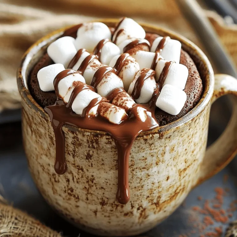 - 4 tablespoons all-purpose flour - 3 tablespoons granulated sugar - 2 tablespoons unsweetened cocoa powder - 1/8 teaspoon baking powder - 1/8 teaspoon fine sea salt - 3 tablespoons milk (any kind you prefer) - 2 tablespoons vegetable oil (or any neutral oil) - 1/4 teaspoon vanilla extract - 2 tablespoons mini marshmallows - 1 tablespoon chocolate chips (optional, but highly recommended for extra richness) To make your Chocolate Marshmallow Mug Cake, you need simple ingredients. These items are easy to find. Start with all-purpose flour. This helps give the cake its structure. Granulated sugar adds sweetness to balance the cocoa. Unsweetened cocoa powder gives that rich chocolate flavor. Next, we have baking powder. It helps the cake rise. A pinch of fine sea salt enhances all the flavors. For the wet ingredients, choose your favorite milk. You can use dairy or a non-dairy option. Vegetable oil keeps the cake moist. You can also use any neutral oil you have at home. Don't forget the vanilla extract! It adds a lovely aroma. Mini marshmallows are the star of this cake. They melt and create gooey pockets of joy. If you want an extra treat, add chocolate chips. They make the cake even richer and more delicious. Gather these ingredients, and you're ready to bake! In a microwave-safe mug, add: - 4 tablespoons all-purpose flour - 3 tablespoons granulated sugar - 2 tablespoons unsweetened cocoa powder - 1/8 teaspoon baking powder - 1/8 teaspoon fine sea salt Use a small whisk or fork to mix. Make sure there are no lumps. This step is key for a smooth cake. Next, pour in: - 3 tablespoons milk - 2 tablespoons vegetable oil - 1/4 teaspoon vanilla extract Stir well until the batter is smooth. You want to eliminate all dry patches. This makes the cake light and fluffy. Now, fold in: - 2 tablespoons mini marshmallows - 1 tablespoon chocolate chips (optional) Make sure these goodies are spread evenly. This way, you get sweet bites in every forkful. Put your mug in the microwave. Cook on high for 30-40 seconds. Keep a close eye on it. Start with 30 seconds, then add more time in 10-second bursts if needed. The cake should rise and stay moist. Once it's done, let it cool for 1-2 minutes. This helps the marshmallows get even gooier. Serve it right in the mug for a cozy treat. For extra fun, top it with ice cream or a drizzle of chocolate sauce. Enjoy the warm, sweet goodness! To make the best mug cake, avoid overcooking. The cake should rise and stay moist. Start with a 30-second cook time. If it's not done, add time in 10-second steps. Use the right microwave power setting. A standard microwave should work well. If your microwave is strong, reduce the cook time slightly. You can make this treat even tastier with toppings. A scoop of ice cream on top melts into the warm cake. Drizzle chocolate sauce for extra sweetness. Try flavor variations to mix things up. Add a pinch of cinnamon for warmth. A drop of almond extract gives a nice twist. Want to share? You can adjust the recipe for larger servings. Simply double the ingredients and use a bigger mug. For parties, serve in a small dish. You can make a mug cake bar with toppings. Let guests create their own sweet treats! {{image_4}} You can easily tweak this recipe to fit your needs. If you're gluten-free, try using gluten-free flour. Almond flour or coconut flour works well too. For dairy-free options, use almond milk or oat milk instead of regular milk. You can also swap vegetable oil for coconut oil or avocado oil for a healthier choice. Want to mix things up? Add a spoonful of peanut butter or Nutella to the batter before cooking. This gives your mug cake a rich, nutty flavor. You can also toss in fresh fruit, like sliced bananas or berries. These add natural sweetness and a bit of fun texture. You can make your mug cake fit any occasion. For holidays, try adding festive spices like cinnamon or nutmeg. For birthdays or anniversaries, top it with sprinkles or a dollop of whipped cream. These little touches make your treat even more special and fun to enjoy! To keep your leftover mug cake fresh, use an airtight container. This helps prevent air from drying it out. You can store it at room temperature if you plan to eat it soon. If not, put it in the fridge. When you want to enjoy it again, use the microwave. Heat it in short bursts, about 10 to 15 seconds at a time. Check frequently to avoid overheating it. If you have extra mug cake, freezing it is easy. First, let the cake cool completely. Then, wrap it tightly in plastic wrap. Place it in a freezer-safe bag or container. This keeps it fresh for up to a month. When you want to eat it, remove it from the freezer. Thaw it in the fridge overnight. Reheat it in the microwave for about 20 to 30 seconds. In the fridge, your mug cake can last about 3 days. Watch for signs of spoilage, like a dry texture or strange smell. If you see mold or changes in color, it’s best to toss it. Enjoy your delicious treat while it's still fresh! If your mug cake overflows, don't worry! Here are some tips to help: - Use a larger mug. A 12 oz mug works best. - Don't overfill it. Leave some space at the top. - Watch your cake closely as it cooks. Stop the microwave if it rises too high. - If it spills, clean the microwave right away for easy cleanup. Yes, you can bake this cake in the oven! Here’s how: - Preheat your oven to 350°F (175°C). - Mix the batter as usual in an oven-safe dish. - Pour the batter into a small ramekin or baking dish. - Bake for about 15-20 minutes. Check for doneness with a toothpick. - Once a toothpick comes out clean, let it cool before enjoying. You can double the recipe, but keep a few things in mind: - Use a larger mug or bowl. A bigger size helps prevent overflow. - Adjust cooking time. Start with 60-70 seconds, then check in 10-second bursts. - Mixing may take longer. Ensure all ingredients blend well for a great texture. - Enjoy sharing this treat with a friend or keep it all for yourself! In this blog post, you learned how to make a quick and tasty mug cake. We covered the key ingredients and provided step-by-step instructions for mixing and cooking. You can enhance flavors with toppings or make fun variations. Remember to watch your mug cake while it cooks to get the best texture. Finally, store any leftovers properly to enjoy later. Making this sweet treat is easy and fun, whether it's for yourself or a special event. Enjoy your delicious creation!