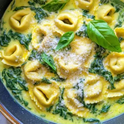 - 12 oz cheese-filled tortellini (fresh or frozen) - 2 cups fresh spinach, roughly chopped - 1 cup ricotta cheese - 1 cup heavy cream - 1 cup vegetable broth - 2 cloves garlic, minced - 1 tablespoon extra-virgin olive oil - Salt, black pepper, and red pepper flakes - Fresh basil leaves - 1 cup freshly grated Parmesan cheese This dish is a creamy delight with simple, fresh ingredients. You start with cheese-filled tortellini. You can use either fresh or frozen. I like fresh tortellini for the best taste and texture. Next, add fresh spinach, which adds color and nutrients. Ricotta cheese gives it a rich, creamy base. Heavy cream makes the sauce smooth and velvety. For the broth and seasoning, vegetable broth brings depth to the dish. Garlic adds a wonderful aroma. Extra-virgin olive oil gives a nice touch of flavor. Use salt, black pepper, and red pepper flakes to season to your taste. The red pepper flakes add a little heat, which is optional but fun! Finally, fresh basil leaves and grated Parmesan cheese are the perfect garnishes. They add freshness and a touch of elegance. With these ingredients, you can create a one-pot meal that is both easy and delicious. To start, heat a large pot over medium heat. Add one tablespoon of extra-virgin olive oil. Once the oil is warm, toss in two minced cloves of garlic. Sauté the garlic for about one minute. Stir it often so it does not brown. Next, pour in one cup of vegetable broth. Turn up the heat just a bit and let it simmer gently. Now it’s time to add the star of our dish: the tortellini. You can use either fresh or frozen cheese-filled tortellini, about 12 ounces. Pour it straight into the pot with the broth. Follow the package instructions for cooking time. Fresh tortellini takes about 4-6 minutes. Frozen tortellini needs about 8-10 minutes. Stir occasionally to keep it from sticking together. Once the tortellini is cooked, lower the heat. Gradually add in one cup of heavy cream and one cup of ricotta cheese. Stir well until both are mixed in and the sauce is creamy. Then, slowly sprinkle in one cup of freshly grated Parmesan cheese. Keep stirring until the sauce is velvety and smooth. Now, fold in two cups of roughly chopped fresh spinach. Let it wilt for about two minutes. This adds great color and flavor. Finally, season with salt, black pepper, and red pepper flakes to taste. If you want a little kick, the red pepper flakes are perfect. Let the dish sit for a few minutes to thicken before you serve it. To cook tortellini just right, follow these steps: - Use a large pot for even cooking. - Bring water or broth to a gentle boil before adding tortellini. - Stir occasionally to prevent sticking. For creaminess, adjust the heavy cream and ricotta. Start with 1 cup of each. If you want it creamier, add more heavy cream. If you prefer a lighter dish, reduce the cream. Herbs and spices can elevate your dish. Here are some suggestions: - Add fresh basil for a sweet, herbal note. - Stir in a pinch of oregano for warmth. - Include red pepper flakes for heat, if you like spice. You can also add optional ingredients for extra flavor: - Sun-dried tomatoes bring a tangy bite. - Cooked chicken or shrimp can add protein. - Lemon zest brightens up the creaminess. To serve your creamy tortellini beautifully, consider these tips: - Use deep bowls to show off the vibrant colors. - Layer the tortellini gently for an inviting look. For garnishing ideas that impress: - Top each serving with fresh basil leaves. - Sprinkle extra Parmesan for a nice finish. - Drizzle olive oil for a glossy touch. {{image_4}} You can easily swap out the spinach for other greens. Try kale, arugula, or even Swiss chard. These options bring their own flavors and nutrients. They also work well with the creamy sauce. If you want a different taste, use cottage cheese instead of ricotta. It still gives a creamy texture but with a lighter flavor. You can also experiment with goat cheese for a tangy kick. To make this dish vegan-friendly, replace the ricotta with cashew cream or tofu. Both options give a creamy feel without dairy. Use coconut milk instead of heavy cream for richness. Check your vegetable broth to ensure it’s also vegan. For gluten-free adaptations, use gluten-free tortellini. They are widely available now and taste great. Check the labels to ensure they are truly gluten-free. Want to add protein? Chicken or shrimp can elevate this meal. Just cook them in the pot before adding the broth. Make sure to cut the meat into small pieces for even cooking. Incorporating seasonal vegetables can also enhance the dish. Think zucchini, bell peppers, or cherry tomatoes. These veggies not only add flavor but also color to your plate. To keep your One-Pot Creamy Spinach Ricotta Tortellini fresh, let it cool down first. Once cool, place it in an airtight container. This way, it stays tasty and safe. In the fridge, it lasts about 3 to 4 days. Always check for any signs of spoilage before eating. If it smells off or looks different, it's best to toss it. For long-term storage, you can freeze this dish. Divide it into portions and place them in freezer-safe containers. Make sure to leave some space at the top for expansion. It can stay good in the freezer for up to 3 months. When you're ready to eat, thaw it overnight in the fridge. Reheat it gently on the stove over low heat. Add a splash of cream or broth for the best texture. Stir often to avoid sticking. Enjoy your creamy tortellini even weeks later! Cooking time depends on whether you use fresh or frozen tortellini. Fresh tortellini cooks in about 4 to 6 minutes. Frozen tortellini takes a bit longer, around 8 to 10 minutes. Always check the package for specific times. Yes, you can use other pasta types! Bowties, penne, or even shells work well. Just adjust the cooking time based on the pasta shape. Make sure to choose pasta that can hold the creamy sauce. To add some heat, sprinkle in red pepper flakes while cooking. You can also add diced jalapeños or a splash of hot sauce. Start with a little and taste as you go. Adjust to your heat level. This creamy tortellini pairs well with a simple salad, garlic bread, or steamed veggies. You can also serve it with roasted asparagus or a light tomato sauce on the side for extra flavor. Enjoy! This dish combines cheese-filled tortellini, fresh spinach, and creamy sauce for a delicious meal. By following the easy steps, you create a comforting pasta dish that's sure to impress. Use my tips to enhance the flavors and try some variations to suit your taste. Don't forget to store leftovers properly for later enjoyment. Enjoy cooking this delightful recipe, and remember, there’s always room to make it your own! Your dining experience can be both fun and satisfying.