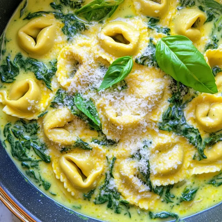 - 12 oz cheese-filled tortellini (fresh or frozen) - 2 cups fresh spinach, roughly chopped - 1 cup ricotta cheese - 1 cup heavy cream - 1 cup vegetable broth - 2 cloves garlic, minced - 1 tablespoon extra-virgin olive oil - Salt, black pepper, and red pepper flakes - Fresh basil leaves - 1 cup freshly grated Parmesan cheese This dish is a creamy delight with simple, fresh ingredients. You start with cheese-filled tortellini. You can use either fresh or frozen. I like fresh tortellini for the best taste and texture. Next, add fresh spinach, which adds color and nutrients. Ricotta cheese gives it a rich, creamy base. Heavy cream makes the sauce smooth and velvety. For the broth and seasoning, vegetable broth brings depth to the dish. Garlic adds a wonderful aroma. Extra-virgin olive oil gives a nice touch of flavor. Use salt, black pepper, and red pepper flakes to season to your taste. The red pepper flakes add a little heat, which is optional but fun! Finally, fresh basil leaves and grated Parmesan cheese are the perfect garnishes. They add freshness and a touch of elegance. With these ingredients, you can create a one-pot meal that is both easy and delicious. To start, heat a large pot over medium heat. Add one tablespoon of extra-virgin olive oil. Once the oil is warm, toss in two minced cloves of garlic. Sauté the garlic for about one minute. Stir it often so it does not brown. Next, pour in one cup of vegetable broth. Turn up the heat just a bit and let it simmer gently. Now it’s time to add the star of our dish: the tortellini. You can use either fresh or frozen cheese-filled tortellini, about 12 ounces. Pour it straight into the pot with the broth. Follow the package instructions for cooking time. Fresh tortellini takes about 4-6 minutes. Frozen tortellini needs about 8-10 minutes. Stir occasionally to keep it from sticking together. Once the tortellini is cooked, lower the heat. Gradually add in one cup of heavy cream and one cup of ricotta cheese. Stir well until both are mixed in and the sauce is creamy. Then, slowly sprinkle in one cup of freshly grated Parmesan cheese. Keep stirring until the sauce is velvety and smooth. Now, fold in two cups of roughly chopped fresh spinach. Let it wilt for about two minutes. This adds great color and flavor. Finally, season with salt, black pepper, and red pepper flakes to taste. If you want a little kick, the red pepper flakes are perfect. Let the dish sit for a few minutes to thicken before you serve it. To cook tortellini just right, follow these steps: - Use a large pot for even cooking. - Bring water or broth to a gentle boil before adding tortellini. - Stir occasionally to prevent sticking. For creaminess, adjust the heavy cream and ricotta. Start with 1 cup of each. If you want it creamier, add more heavy cream. If you prefer a lighter dish, reduce the cream. Herbs and spices can elevate your dish. Here are some suggestions: - Add fresh basil for a sweet, herbal note. - Stir in a pinch of oregano for warmth. - Include red pepper flakes for heat, if you like spice. You can also add optional ingredients for extra flavor: - Sun-dried tomatoes bring a tangy bite. - Cooked chicken or shrimp can add protein. - Lemon zest brightens up the creaminess. To serve your creamy tortellini beautifully, consider these tips: - Use deep bowls to show off the vibrant colors. - Layer the tortellini gently for an inviting look. For garnishing ideas that impress: - Top each serving with fresh basil leaves. - Sprinkle extra Parmesan for a nice finish. - Drizzle olive oil for a glossy touch. {{image_4}} You can easily swap out the spinach for other greens. Try kale, arugula, or even Swiss chard. These options bring their own flavors and nutrients. They also work well with the creamy sauce. If you want a different taste, use cottage cheese instead of ricotta. It still gives a creamy texture but with a lighter flavor. You can also experiment with goat cheese for a tangy kick. To make this dish vegan-friendly, replace the ricotta with cashew cream or tofu. Both options give a creamy feel without dairy. Use coconut milk instead of heavy cream for richness. Check your vegetable broth to ensure it’s also vegan. For gluten-free adaptations, use gluten-free tortellini. They are widely available now and taste great. Check the labels to ensure they are truly gluten-free. Want to add protein? Chicken or shrimp can elevate this meal. Just cook them in the pot before adding the broth. Make sure to cut the meat into small pieces for even cooking. Incorporating seasonal vegetables can also enhance the dish. Think zucchini, bell peppers, or cherry tomatoes. These veggies not only add flavor but also color to your plate. To keep your One-Pot Creamy Spinach Ricotta Tortellini fresh, let it cool down first. Once cool, place it in an airtight container. This way, it stays tasty and safe. In the fridge, it lasts about 3 to 4 days. Always check for any signs of spoilage before eating. If it smells off or looks different, it's best to toss it. For long-term storage, you can freeze this dish. Divide it into portions and place them in freezer-safe containers. Make sure to leave some space at the top for expansion. It can stay good in the freezer for up to 3 months. When you're ready to eat, thaw it overnight in the fridge. Reheat it gently on the stove over low heat. Add a splash of cream or broth for the best texture. Stir often to avoid sticking. Enjoy your creamy tortellini even weeks later! Cooking time depends on whether you use fresh or frozen tortellini. Fresh tortellini cooks in about 4 to 6 minutes. Frozen tortellini takes a bit longer, around 8 to 10 minutes. Always check the package for specific times. Yes, you can use other pasta types! Bowties, penne, or even shells work well. Just adjust the cooking time based on the pasta shape. Make sure to choose pasta that can hold the creamy sauce. To add some heat, sprinkle in red pepper flakes while cooking. You can also add diced jalapeños or a splash of hot sauce. Start with a little and taste as you go. Adjust to your heat level. This creamy tortellini pairs well with a simple salad, garlic bread, or steamed veggies. You can also serve it with roasted asparagus or a light tomato sauce on the side for extra flavor. Enjoy! This dish combines cheese-filled tortellini, fresh spinach, and creamy sauce for a delicious meal. By following the easy steps, you create a comforting pasta dish that's sure to impress. Use my tips to enhance the flavors and try some variations to suit your taste. Don't forget to store leftovers properly for later enjoyment. Enjoy cooking this delightful recipe, and remember, there’s always room to make it your own! Your dining experience can be both fun and satisfying.