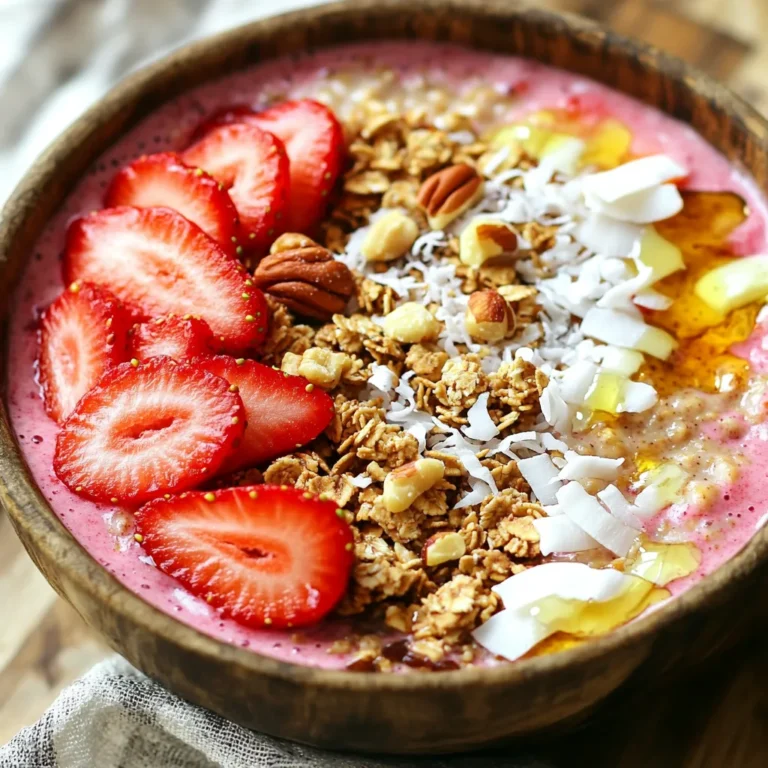 - 1 cup fresh strawberries, hulled and sliced - 1/2 cup rolled oats - 1 ripe banana, sliced - 1/2 cup almond milk (or milk of your choice) - 1 tablespoon chia seeds - 1/2 teaspoon vanilla extract - 1 tablespoon honey or maple syrup (for added sweetness) - Additional sliced strawberries - A handful of granola - Shredded coconut - A mix of your favorite nuts When I create a Strawberry Oatmeal Smoothie Bowl, I focus on fresh, bright flavors. The strawberries add a sweet, juicy taste. The oats bring a creamy texture that fills you up. Adding a ripe banana makes the bowl even smoother. Use almond milk or any milk that you like. Chia seeds give a nice crunch and healthy boost. Vanilla extract rounds out the flavors perfectly. I also love to customize my smoothie bowl. If you want it sweeter, add honey or maple syrup. You can skip this if you prefer a less sweet taste. Toppings are where you can get creative! I enjoy placing extra strawberries on top. A sprinkle of granola adds a nice crunch. Shredded coconut tastes great and looks pretty too. Finally, a mix of nuts gives a fun texture and flavor. You can mix and match according to what you like best! To start, gather all your fresh ingredients. You will need: - 1 cup fresh strawberries, hulled and sliced - 1/2 cup rolled oats - 1 ripe banana, sliced - 1/2 cup almond milk (or milk of your choice) - 1 tablespoon honey or maple syrup (optional) - 1 tablespoon chia seeds - 1/2 teaspoon vanilla extract Next, wash the strawberries and slice them. This makes them easier to blend. Slice the banana too. Measure out your oats and milk. If you want extra sweetness, set aside honey or syrup. Now, put all your ingredients into a blender. Add the strawberries, oats, banana, and milk. Don’t forget the chia seeds and vanilla. If you chose to add honey or syrup, add it now. Blend everything on high speed. Keep blending until it is smooth and creamy. If your mix is too thick, add a splash of almond milk. Blend again until you like the texture. Pour your smoothie into a bowl. Make a nice, smooth surface. Now, let’s get creative with your toppings. Start with fresh sliced strawberries. Arrange them in a fan shape on top. Then, sprinkle some granola for crunch. Add shredded coconut and your favorite nuts for extra flavor and texture. If you want, drizzle a bit of honey or maple syrup on top. Serve your smoothie bowl right away with a spoon. Enjoy this healthy treat for breakfast! To get the right texture for your smoothie bowl, blend well. I suggest starting with the base ingredients: strawberries, oats, banana, almond milk, chia seeds, and vanilla. Blend until smooth. If it’s too thick, add a splash of almond milk. Blend again until you reach your desired creaminess. You want it thick enough to hold toppings but smooth enough to spoon easily. When slicing strawberries, first wash them well. Remove the green tops by hulling. Then, slice them evenly. Aim for about a quarter-inch thick slices. This helps them lay flat on your bowl. Arrange them in a fan shape on top for a pretty look. You want every bite to have that fresh strawberry taste. Sweetness is key to a great smoothie bowl. If you like it sweet, add honey or maple syrup. Start with one tablespoon and taste. You can always add more if needed. If you prefer less sweetness, skip the added sweeteners. The ripe banana and strawberries give natural sweetness, so adjust based on your taste. Enjoy experimenting to find your perfect balance! {{image_4}} If you want to make this smoothie bowl dairy-free, use plant-based milk. Almond milk works well. You can also try coconut milk for a richer taste. Oat milk is another great choice. Each option keeps the bowl creamy and delicious without dairy. You can switch out strawberries for other fruits. Blueberries add a lovely color and flavor. Raspberries give a nice tartness. For a tropical twist, use mango or pineapple. Bananas can be replaced with peaches or apples for a new taste. Mix and match your favorites! To boost nutrition, consider adding a scoop of protein powder. This will help keep you full longer. You can also add spinach for extra vitamins without changing the taste. Ground flaxseed is a great choice for healthy fats. Nut butters like almond or peanut add flavor and protein too. To keep your strawberry oatmeal smoothie bowl fresh, store it in a sealed container. Use glass or plastic containers with lids. This helps prevent air from getting in and keeps it tasting great. If you have toppings, store them separately. This keeps the toppings crunchy and fresh. Your smoothie bowl will stay fresh in the fridge for up to two days. After that, it may lose its flavor and texture. Always check for any changes in smell or color before eating it. If it looks or smells off, it’s best to toss it. If you want to reheat the oatmeal part, add a splash of almond milk. This helps restore the creamy texture. Heat it gently in the microwave for 30 seconds, then stir. Repeat until warm. Don’t overheat, or it may lose its flavor. Enjoy your bowl as a warm breakfast treat! Yes, you can prepare this smoothie bowl ahead of time. You can blend the ingredients and store the mixture in the fridge. Keep it in an airtight container for up to 24 hours. When ready to eat, just pour it into a bowl and add your toppings. This makes it easy for busy mornings. Oatmeal adds fiber and protein to your smoothie bowl. Fiber helps with digestion and keeps you full longer. Protein aids in muscle repair and growth. Oatmeal also has vitamins and minerals, which support overall health. Adding oats to your smoothie boosts its nutritional value. To make this smoothie bowl vegan, simply use plant-based milk. Almond milk works great, but you can choose any non-dairy milk you prefer. Instead of honey, use maple syrup or agave syrup for sweetness. With these swaps, you get a delicious vegan breakfast. Yes, you can freeze the smoothie bowl mixture. Blend and pour it into a freezer-safe container. It can last up to three months in the freezer. When you want to eat it, thaw overnight in the fridge. Blend again if needed, and then add your toppings before serving. In this article, we explored how to create a tasty smoothie bowl. We covered fresh ingredients, blending steps, and how to serve it well. You learned tips for the best consistency and ways to customize flavors. We also discussed storage and answered common questions. Smoothie bowls can be fun and healthy. Enjoy making yours unique. With these insights, you can boost your breakfast or snack game!