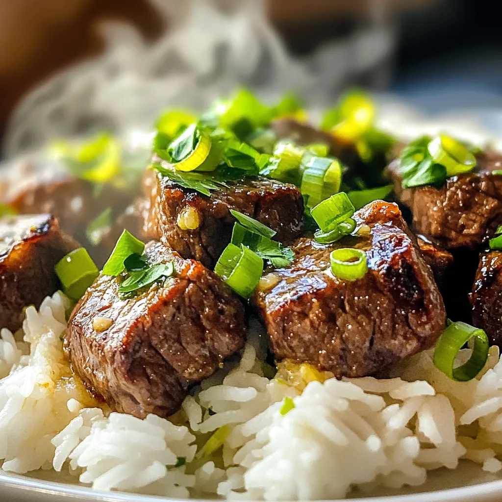 - 1 lb sirloin steak, cut into bite-sized pieces - 4 tablespoons unsalted butter - 4 cloves garlic, minced - 2 tablespoons soy sauce - 1 tablespoon Worcestershire sauce - 1 teaspoon freshly cracked black pepper - 1 teaspoon fine sea salt - 1 cup jasmine rice - 2 cups beef broth (or water) - 1 tablespoon olive oil - 2 green onions, thinly sliced (for garnish) - Fresh parsley, finely chopped (for garnish) - Medium saucepan - Large skillet - Ladle and spatula Gathering the right ingredients is key. I love using sirloin steak because it’s tender and flavorful. The garlic butter makes everything better. I use unsalted butter so I can control the salt. Jasmine rice is my go-to for this dish. It has a lovely aroma and soft texture. Cooking it in beef broth adds a rich flavor that pairs well with the steak. Make sure to have green onions and parsley ready for garnish. These fresh herbs add color and brightness to the dish. For tools, a medium saucepan cooks the rice, while a large skillet sears the steak. A ladle helps serve the rice, and a spatula flips the steak bites. With these ingredients and tools, you set yourself up for success. Enjoy the process of making this dish! - Bring beef broth (or water) to a boil. - Simmer the rice for 15-18 minutes. - Allow rice to steam post-cooking. To cook the rice, I start by putting beef broth in a medium saucepan. You can also use water. I bring it to a rolling boil over high heat. Once it boils, I cover the pan and lower the heat. I let the rice simmer for 15 to 18 minutes. After that, I remove the pan from the heat but keep it covered. This helps the rice steam and become fluffy. - Season sirloin steak with salt and pepper. - Heat olive oil in the skillet. While the rice cooks, I prepare the steak. I take the sirloin and cut it into bite-sized pieces. Then, I season them with salt and pepper. Next, I heat olive oil in a large skillet over medium-high heat. I wait until the oil shimmers, which means it’s ready for the steak. - Add seasoned steak bites in a single layer. - Sear for 2-3 minutes on each side. - Remove from skillet once browned. I carefully add the steak bites to the hot skillet. It’s important to place them in a single layer. This helps them brown nicely. I sear each side for about 2-3 minutes. Once they are browned, I remove them from the skillet and set them aside. - Reduce heat and add unsalted butter. - Sauté minced garlic until fragrant. In the same skillet, I lower the heat and add unsalted butter. I let it melt completely. Once it melts, I stir in the minced garlic. I sauté the garlic for about 1-2 minutes until it smells amazing. I watch carefully not to burn it. - Return steak bites and add soy sauce and Worcestershire sauce. - Toss everything to meld flavors. Next, I return the steak bites to the skillet. I add soy sauce and Worcestershire sauce. I toss everything together for about 2-3 minutes. This lets the flavors mix well and coat the steak. - Fluff rice and prepare plates. - Divide the rice and top with steak bites. - Garnish with green onions and parsley. Finally, I fluff the cooked rice with a fork. I divide the rice among serving plates. I then top each plate with the steak bites. To finish, I sprinkle sliced green onions and chopped parsley over the steak. This adds a nice touch and freshness to the dish. When you cook steak bites, space is key. If you overcrowd the skillet, the heat drops. This can lead to steaming rather than searing. For the best crust, cook in batches if needed. Aim for medium-high heat. This temperature gives you that perfect golden-brown crust while keeping the inside tender. To boost the flavor of garlic butter, think about adding herbs. Fresh thyme or rosemary can add depth. You can also sprinkle in some chili flakes for heat. When cooking garlic, keep a close eye. Garlic can burn quickly, which makes it bitter. Stir it often and remove it from heat once it turns fragrant and golden. Pair your steak bites with a bright salad or roasted veggies. Both add color and balance to your meal. For a beautiful plate, consider a drizzle of garlic butter sauce over the steak. A sprinkle of green onions and parsley adds freshness and a pop of color, making the dish look as good as it tastes. {{image_4}} You can easily swap the sirloin steak for chicken or shrimp. Chicken breast works well when cut into small pieces. Cook it until it reaches a safe temperature. Shrimp adds a nice twist too—just sauté until they turn pink. For a vegetarian option, consider using plant-based meat. Many brands offer great flavors that mimic beef. This way, you can enjoy this dish while keeping it meat-free. Adding spices can change the flavor profile of this dish. Try paprika for a smoky taste. Chili flakes add heat and make it exciting. You can also toss in some fresh herbs like thyme or rosemary for added freshness. You might consider adding vegetables too. Bell peppers, snap peas, or mushrooms blend well. Sauté them along with the garlic for a colorful and tasty mix. If you want a healthier option, use brown rice instead of jasmine rice. It takes longer to cook, but it adds more fiber. Cauliflower rice is another great choice for a low-carb meal. Just sauté it briefly to keep it tender. You can also cook rice in different broths. Using chicken or vegetable broth adds richness. Experiment with seasonings like garlic powder or bay leaves to boost flavor even more. To keep your garlic butter steak bites fresh, store them in an airtight container. Place the container in the fridge. This method helps retain flavor and texture. Aim to eat the leftovers within three days. For the cooked rice, let it cool to room temperature. Once cooled, transfer it into a separate airtight container. This keeps the rice from drying out. Always use stored rice within four days. To reheat steak bites, use a skillet over medium heat. Add a splash of water or broth to ensure moisture. Heat for about five minutes, stirring often. This method keeps the steak juicy. For rice, microwave it covered with a damp paper towel. Heat in short bursts, stirring in between until hot. This prevents the rice from becoming dry or hard. To freeze the dish, place the steak bites and rice in separate freezer-safe bags. Remove as much air as possible before sealing. The steak can last up to three months in the freezer. For thawing, move the steak and rice to the fridge overnight. This gentle method maintains the best flavor and texture. After thawing, reheat as mentioned above for best results. It takes about 30 minutes to make garlic butter steak bites and rice. - Prep time: 10 minutes - Cook time: 20 minutes Yes, you can use other types of steak. Sirloin works well, but try these: - Ribeye for more fat and flavor - Flank for a leaner option - Tenderloin for a melt-in-your-mouth texture To add heat, try these tips: - Include red pepper flakes in the garlic butter. - Use spicy soy sauce for a kick. - Add diced jalapeños while cooking the steak. You can serve many sides with garlic butter steak bites. Here are some ideas: - Steamed broccoli for a green touch - Garlic bread to soak up the sauce - A fresh salad to balance the meal Yes, you can prepare some parts ahead of time. Here’s how: - Cook the rice and store it in the fridge. - Sear the steak bites but skip the sauce. - Reheat both when ready to eat. Garlic butter steak bites are simple yet packed with flavor. You learned about key ingredients, essential cooking tools, and straightforward steps to make this dish shine. Don’t forget the tips for perfecting your preparation. You can even try various proteins or rice alternatives. This dish not only satisfies hunger but also impresses your guests. Enjoy crafting your flavorful meals and feel confident in the kitchen.