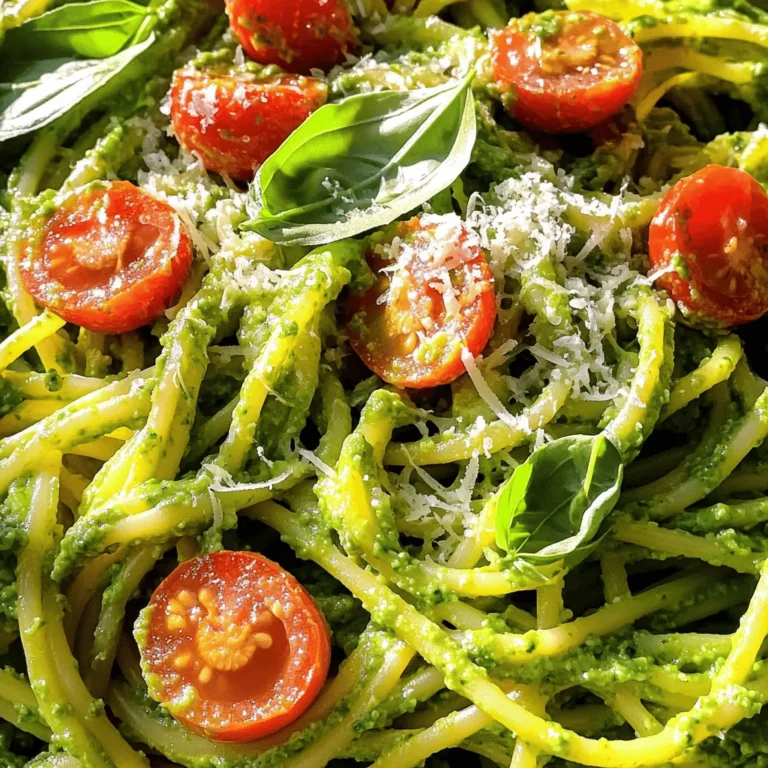 To make creamy avocado pesto pasta, you'll need: - 2 ripe avocados, peeled and pitted - 1 cup fresh basil leaves, packed - 2 cloves garlic, peeled - 1/4 cup pine nuts (you can use walnuts instead) - 1/2 cup extra virgin olive oil - 1 tablespoon freshly squeezed lemon juice - Salt and freshly cracked pepper to taste - 300g of your favorite pasta (spaghetti or fettuccine work great) - 1/4 cup grated Parmesan cheese (or nutritional yeast for a vegan option) These ingredients come together to create a rich and creamy sauce. You can enhance your dish with fun garnishes and swaps: - Handful of cherry tomatoes, halved (for garnish) - Extra basil leaves, for garnish If you want a nut-free version, try using sunflower seeds instead of pine nuts or walnuts. For this recipe, I suggest using either spaghetti or fettuccine. Both types hold the sauce well and make every bite tasty. You can also try whole wheat or gluten-free pasta for a healthier or allergy-friendly option. Start by filling a large pot with water. Add a good amount of salt to the water. This helps flavor the pasta. Bring the pot to a rolling boil. Once it boils, add your favorite pasta. I love spaghetti or fettuccine for this dish. Cook the pasta as per the package instructions until it's al dente. Before you drain it, save about one cup of the pasta water. This will help later. Drain the pasta and set it aside until you're ready to mix in the pesto. Grab your food processor for the next step. Add the ripe avocados, fresh basil leaves, garlic cloves, and pine nuts into the bowl. Pulse this mix until everything is finely chopped. It should look mixed but still a bit chunky. Next, while the processor runs, slowly drizzle in the extra virgin olive oil. This helps create that creamy texture we want. Keep mixing until your pesto is smooth. Now, take a large mixing bowl and add the cooked pasta. Pour the creamy avocado pesto over the pasta. Toss it gently so the pasta gets coated evenly. If your pesto feels too thick, add a bit of the reserved pasta water. Mix it in until you reach your desired consistency. Taste and adjust the seasoning with salt and pepper as needed. Now, your creamy avocado pesto pasta is ready to serve! To get the right creamy texture in your avocado pesto, start by using ripe avocados. They should yield slightly when you press them. Next, pulse the avocados, basil, garlic, and nuts in a food processor. As you blend, slowly drizzle in the olive oil. This helps create a smooth sauce. If your pesto is too thick, add a little of the reserved pasta water. Mix it in slowly until you reach the smoothness you like. If you have leftover creamy avocado pesto pasta, store it in an airtight container. Keep it in the fridge and eat it within two days. To prevent browning, add a thin layer of olive oil on top. You can also put plastic wrap directly on the surface of the pesto. When you're ready to eat it again, just give it a quick stir. If it’s too thick, add a splash of water or olive oil to loosen it up. Seasoning your avocado pesto is key to a tasty dish. Always start with salt and pepper. You can also add a squeeze of lemon juice for brightness. If you want a bit more flavor, try adding crushed red pepper for heat. Fresh herbs like parsley or extra basil can make it pop. Experiment with these options to find your favorite blend! {{image_4}} You can make this dish vegan by using nutritional yeast. Replace the Parmesan cheese with 1/4 cup of nutritional yeast. It gives a cheesy flavor without dairy. Nutritional yeast is also packed with vitamins. This swap keeps the creamy texture while staying plant-based. If you need a nut-free option, you can use sunflower seeds. They blend well and add a nice crunch. You can also use pumpkin seeds instead. Both seeds keep the pesto rich without nuts. Just blend these seeds with the other ingredients as you would with nuts. Want to make your pasta more filling? Add proteins like grilled chicken or chickpeas. Cook the chicken separately and slice it thin. For chickpeas, use canned ones for quick prep. Toss them into the pasta before serving. This boosts protein and fills you up nicely. Creamy avocado pesto pasta pairs well with many flavors. Here are some great options: - Grilled Chicken: The juicy chicken adds protein and balances the creamy sauce. - Shrimp: Light and tender shrimp complement the dish beautifully. - Toasted Garlic Bread: Crunchy bread brings a nice texture contrast. - Fresh Salad: A crisp salad with a light vinaigrette refreshes the palate. You can enhance your meal with tasty sides. Consider serving: - Steamed Vegetables: Broccoli or asparagus add vibrant colors and nutrients. - Bruschetta: Tomato and basil on toasted bread give a fresh kick. - Roasted Potatoes: Crispy potatoes offer a hearty side that pairs well. - Caprese Salad: Mozzarella, tomatoes, and basil provide a classic touch. Make your dish look as good as it tastes. Here are some tips: - Use a Large Bowl: This allows the pasta to shine and gives it room to breathe. - Drizzle Olive Oil: A light drizzle adds gloss and rich flavor. - Garnish Generously: Top with halved cherry tomatoes and extra basil leaves. - Add Lemon Wedges: Place lemon on the side for color and a zesty touch. These tips will help you serve a beautiful and delicious creamy avocado pesto pasta. Enjoy sharing this delightful dish with friends and family! Yes, you can! While basil gives a nice flavor, you can try other herbs. Cilantro or parsley work well too. Mixing herbs can add a new twist to your pesto. Just keep the same amount so the taste stays strong. You can even blend different flavors for fun! Absolutely! This creamy avocado pesto pasta is great for meal prep. You can cook it ahead of time and store it. Just keep the pasta and pesto in separate containers. When you're ready to eat, just combine them. You can warm it up in the microwave or on the stove. The dish stays tasty for up to three days in the fridge. To make this dish gluten-free, simply swap regular pasta for gluten-free pasta. Many brands offer great gluten-free options now. Just cook it like regular pasta. That way, you can enjoy creamy avocado pesto without gluten. You can create a delicious creamy avocado pesto pasta with just a few steps. We covered key ingredients, tips for perfect texture, and tasty variations. Remember, you can customize it with your favorite herbs or proteins. Don't forget about the best sides for a well-rounded meal. Enjoy experimenting and finding your perfect mix! This dish is not just tasty; it’s easy to make. Perfect for any dinner or gathering, creamy avocado pesto pasta will impress everyone.