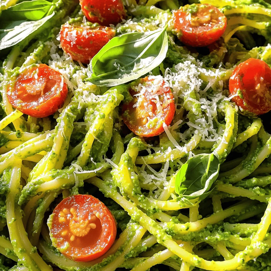 To make creamy avocado pesto pasta, you'll need: - 2 ripe avocados, peeled and pitted - 1 cup fresh basil leaves, packed - 2 cloves garlic, peeled - 1/4 cup pine nuts (you can use walnuts instead) - 1/2 cup extra virgin olive oil - 1 tablespoon freshly squeezed lemon juice - Salt and freshly cracked pepper to taste - 300g of your favorite pasta (spaghetti or fettuccine work great) - 1/4 cup grated Parmesan cheese (or nutritional yeast for a vegan option) These ingredients come together to create a rich and creamy sauce. You can enhance your dish with fun garnishes and swaps: - Handful of cherry tomatoes, halved (for garnish) - Extra basil leaves, for garnish If you want a nut-free version, try using sunflower seeds instead of pine nuts or walnuts. For this recipe, I suggest using either spaghetti or fettuccine. Both types hold the sauce well and make every bite tasty. You can also try whole wheat or gluten-free pasta for a healthier or allergy-friendly option. Start by filling a large pot with water. Add a good amount of salt to the water. This helps flavor the pasta. Bring the pot to a rolling boil. Once it boils, add your favorite pasta. I love spaghetti or fettuccine for this dish. Cook the pasta as per the package instructions until it's al dente. Before you drain it, save about one cup of the pasta water. This will help later. Drain the pasta and set it aside until you're ready to mix in the pesto. Grab your food processor for the next step. Add the ripe avocados, fresh basil leaves, garlic cloves, and pine nuts into the bowl. Pulse this mix until everything is finely chopped. It should look mixed but still a bit chunky. Next, while the processor runs, slowly drizzle in the extra virgin olive oil. This helps create that creamy texture we want. Keep mixing until your pesto is smooth. Now, take a large mixing bowl and add the cooked pasta. Pour the creamy avocado pesto over the pasta. Toss it gently so the pasta gets coated evenly. If your pesto feels too thick, add a bit of the reserved pasta water. Mix it in until you reach your desired consistency. Taste and adjust the seasoning with salt and pepper as needed. Now, your creamy avocado pesto pasta is ready to serve! To get the right creamy texture in your avocado pesto, start by using ripe avocados. They should yield slightly when you press them. Next, pulse the avocados, basil, garlic, and nuts in a food processor. As you blend, slowly drizzle in the olive oil. This helps create a smooth sauce. If your pesto is too thick, add a little of the reserved pasta water. Mix it in slowly until you reach the smoothness you like. If you have leftover creamy avocado pesto pasta, store it in an airtight container. Keep it in the fridge and eat it within two days. To prevent browning, add a thin layer of olive oil on top. You can also put plastic wrap directly on the surface of the pesto. When you're ready to eat it again, just give it a quick stir. If it’s too thick, add a splash of water or olive oil to loosen it up. Seasoning your avocado pesto is key to a tasty dish. Always start with salt and pepper. You can also add a squeeze of lemon juice for brightness. If you want a bit more flavor, try adding crushed red pepper for heat. Fresh herbs like parsley or extra basil can make it pop. Experiment with these options to find your favorite blend! {{image_4}} You can make this dish vegan by using nutritional yeast. Replace the Parmesan cheese with 1/4 cup of nutritional yeast. It gives a cheesy flavor without dairy. Nutritional yeast is also packed with vitamins. This swap keeps the creamy texture while staying plant-based. If you need a nut-free option, you can use sunflower seeds. They blend well and add a nice crunch. You can also use pumpkin seeds instead. Both seeds keep the pesto rich without nuts. Just blend these seeds with the other ingredients as you would with nuts. Want to make your pasta more filling? Add proteins like grilled chicken or chickpeas. Cook the chicken separately and slice it thin. For chickpeas, use canned ones for quick prep. Toss them into the pasta before serving. This boosts protein and fills you up nicely. Creamy avocado pesto pasta pairs well with many flavors. Here are some great options: - Grilled Chicken: The juicy chicken adds protein and balances the creamy sauce. - Shrimp: Light and tender shrimp complement the dish beautifully. - Toasted Garlic Bread: Crunchy bread brings a nice texture contrast. - Fresh Salad: A crisp salad with a light vinaigrette refreshes the palate. You can enhance your meal with tasty sides. Consider serving: - Steamed Vegetables: Broccoli or asparagus add vibrant colors and nutrients. - Bruschetta: Tomato and basil on toasted bread give a fresh kick. - Roasted Potatoes: Crispy potatoes offer a hearty side that pairs well. - Caprese Salad: Mozzarella, tomatoes, and basil provide a classic touch. Make your dish look as good as it tastes. Here are some tips: - Use a Large Bowl: This allows the pasta to shine and gives it room to breathe. - Drizzle Olive Oil: A light drizzle adds gloss and rich flavor. - Garnish Generously: Top with halved cherry tomatoes and extra basil leaves. - Add Lemon Wedges: Place lemon on the side for color and a zesty touch. These tips will help you serve a beautiful and delicious creamy avocado pesto pasta. Enjoy sharing this delightful dish with friends and family! Yes, you can! While basil gives a nice flavor, you can try other herbs. Cilantro or parsley work well too. Mixing herbs can add a new twist to your pesto. Just keep the same amount so the taste stays strong. You can even blend different flavors for fun! Absolutely! This creamy avocado pesto pasta is great for meal prep. You can cook it ahead of time and store it. Just keep the pasta and pesto in separate containers. When you're ready to eat, just combine them. You can warm it up in the microwave or on the stove. The dish stays tasty for up to three days in the fridge. To make this dish gluten-free, simply swap regular pasta for gluten-free pasta. Many brands offer great gluten-free options now. Just cook it like regular pasta. That way, you can enjoy creamy avocado pesto without gluten. You can create a delicious creamy avocado pesto pasta with just a few steps. We covered key ingredients, tips for perfect texture, and tasty variations. Remember, you can customize it with your favorite herbs or proteins. Don't forget about the best sides for a well-rounded meal. Enjoy experimenting and finding your perfect mix! This dish is not just tasty; it’s easy to make. Perfect for any dinner or gathering, creamy avocado pesto pasta will impress everyone.