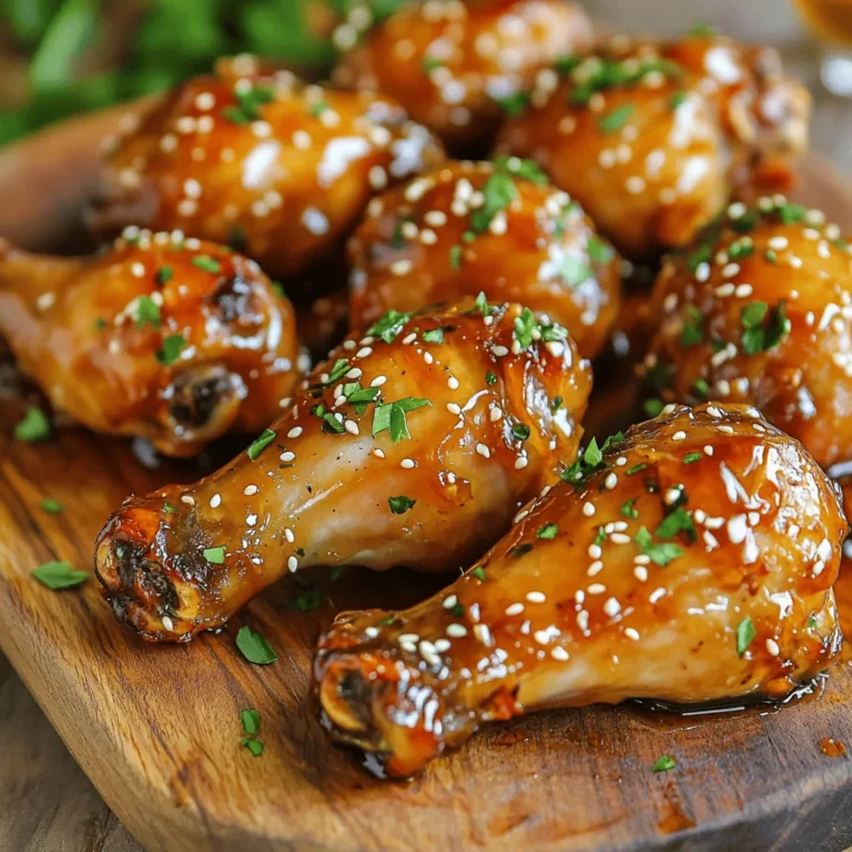 - 8 chicken drumsticks - 1/4 cup honey - 3 tablespoons soy sauce - 4 cloves garlic, minced - 1 tablespoon olive oil - 1 teaspoon ground ginger - 1/2 teaspoon black pepper - 1/2 teaspoon salt - 1 teaspoon sesame seeds (for garnish) - Fresh parsley, chopped (for garnish) Using these ingredients, you can create a dish full of flavor. Each item plays a key role. The honey adds sweetness, while the soy sauce gives a savory touch. Garlic brings strong flavor, and ginger adds warmth. Olive oil helps the marinade stick and keeps the chicken moist. - Mixing bowl - Whisk - Air fryer - Tongs Having the right tools makes cooking easier. I recommend a mixing bowl for combining the marinade and a whisk to blend it well. An air fryer is crucial for achieving crispy skin without frying. Tongs help you handle the drumsticks without making a mess. Gather these items before you start. This way, you will be ready to make the best air fryer honey garlic drumsticks. To start, gather your ingredients. In a mixing bowl, combine: - 1/4 cup honey - 3 tablespoons soy sauce - 4 cloves garlic, minced - 1 tablespoon olive oil - 1 teaspoon ground ginger - 1/2 teaspoon black pepper - 1/2 teaspoon salt Whisk these ingredients together until they blend well. This mixture should be smooth and fragrant. The honey adds sweetness, while the garlic and soy sauce bring depth to the flavor. Next, add your chicken drumsticks to the bowl. Use your hands or tongs to coat each piece well in the marinade. Make sure they are fully covered. This helps the flavors seep in. Cover the bowl with plastic wrap and place it in the fridge. Let them marinate for at least 30 minutes, but if you have time, aim for 2 hours. This step makes a huge difference in taste. While the drumsticks marinate, preheat your air fryer to 400°F (200°C). This will take around 5 minutes. Once the drumsticks are ready, take them out of the fridge. Shake off any excess marinade and arrange them in the air fryer basket in a single layer. Cook for 25-30 minutes. Remember to turn them halfway through. This helps them cook evenly and get that crispy skin we love. Once the cooking time is up, check the internal temperature of the drumsticks. They must reach 165°F (74°C) to be safe to eat. If they are done, carefully take them out and let them rest for a few minutes. This allows the juices to settle. Just before serving, sprinkle sesame seeds and chopped parsley on top for a lovely garnish. This adds both flavor and a pop of color to your dish. To make the best honey garlic drumsticks, start with the marinade. You can adjust the honey to fit your taste. If you like it sweeter, add more honey. For a twist, try adding spices like cayenne for heat or herbs like thyme for depth. These small changes can boost the flavor. Nobody likes soggy skin on their chicken. To avoid this, make sure to pat the drumsticks dry before marinating. This helps the skin crisp up nicely. When cooking, stick to the recommended time of 25-30 minutes at 400°F (200°C). Turning the drumsticks halfway ensures even crispiness. Always check that each drumstick reaches an internal temperature of 165°F (74°C). These drumsticks pair well with many sides. Try serving them with rice, coleslaw, or roasted veggies. For plating, arrange the drumsticks on a large serving dish. Drizzle extra honey on top and sprinkle sesame seeds and parsley. This not only adds flavor but makes the dish look great, too. {{image_4}} You can spice things up with different flavors. For a kick, try spicy honey garlic drumsticks. Just add sriracha to your marinade. Use two tablespoons for a mild heat or more if you love spice. Another tasty option is to infuse your marinade with citrus. Lemon or lime juice brightens the dish. Add the juice of one lemon or lime to the mix. This adds a tangy twist that pairs well with the sweetness of honey. You can also bake honey garlic drumsticks in the oven. Preheat your oven to 425°F (220°C). Arrange the drumsticks on a baking sheet lined with parchment paper. Bake for about 35-40 minutes, turning halfway. This method gives you a nice crispy skin too. If the weather is nice, grilling is a fantastic choice. Cook the drumsticks on medium heat for about 20-25 minutes. Flip them often to get that smoky flavor. After enjoying the drumsticks, save leftovers for wraps or sandwiches. Shred the meat and add it to a tortilla with veggies and sauce. It makes a quick and tasty meal. You can also use the drumsticks in salads or grain bowls. Toss the meat with mixed greens, quinoa, or rice. Top it with your favorite dressing for a healthy lunch. Each of these serving styles adds a fun twist to your honey garlic drumsticks. To keep your cooked drumsticks fresh, let them cool down first. Once cooled, place them in an airtight container. This helps to lock in moisture and flavor. You can also wrap them tightly in plastic wrap or aluminum foil. In the fridge, they will stay good for 3 to 4 days. If you want to enjoy them later, freezing is a great option. When it’s time to enjoy leftovers, use your air fryer for the best results. Preheat the air fryer to 350°F (175°C). Place the drumsticks in the basket, ensuring they don’t touch each other. Heat them for about 5 to 10 minutes. This method keeps the skin crispy while warming the meat inside. To keep them juicy, you can lightly brush them with olive oil before reheating. Yes, you can freeze honey garlic drumsticks! To freeze, let them cool completely. Then, wrap each drumstick in plastic wrap. Place the wrapped drumsticks in a freezer bag, squeezing out any air. They can last up to 3 months in the freezer. When you’re ready to eat, thaw them in the fridge overnight. Reheat using the air fryer for the best taste and texture. I recommend marinating drumsticks for at least 30 minutes. For the best taste, aim for 2 hours. The longer they soak, the more flavor they absorb. This wait is worth it for juicy, tasty chicken. Yes, you can use chicken thighs. They will cook well and remain juicy. Just adjust the cooking time. Chicken thighs may need a few extra minutes to cook through. You can try different sauces for variety. Some great options include teriyaki sauce or barbecue sauce. Each will give a unique twist to the flavor. Feel free to experiment and find your favorite! Preheating the air fryer is a good idea. It helps cook the drumsticks evenly. I suggest preheating at 400°F (200°C) for about 5 minutes before cooking. To check if drumsticks are cooked, use a meat thermometer. They should reach an internal temperature of 165°F (74°C). This ensures they are safe to eat and will taste great. If you don’t have a thermometer, cut into one to check that the juices run clear. You’ve learned how to make delicious honey garlic chicken drumsticks. We covered the key ingredients, easy instructions, and tips for perfecting your dish. Whether you choose to grill, bake, or air fry, these drumsticks make a tasty meal. Remember to adjust the marinade to your taste and try fun serving ideas. Enjoy these drumsticks at dinner or as leftovers. With simple steps and a few ingredients, you can impress anyone at your table. Happy cooking!