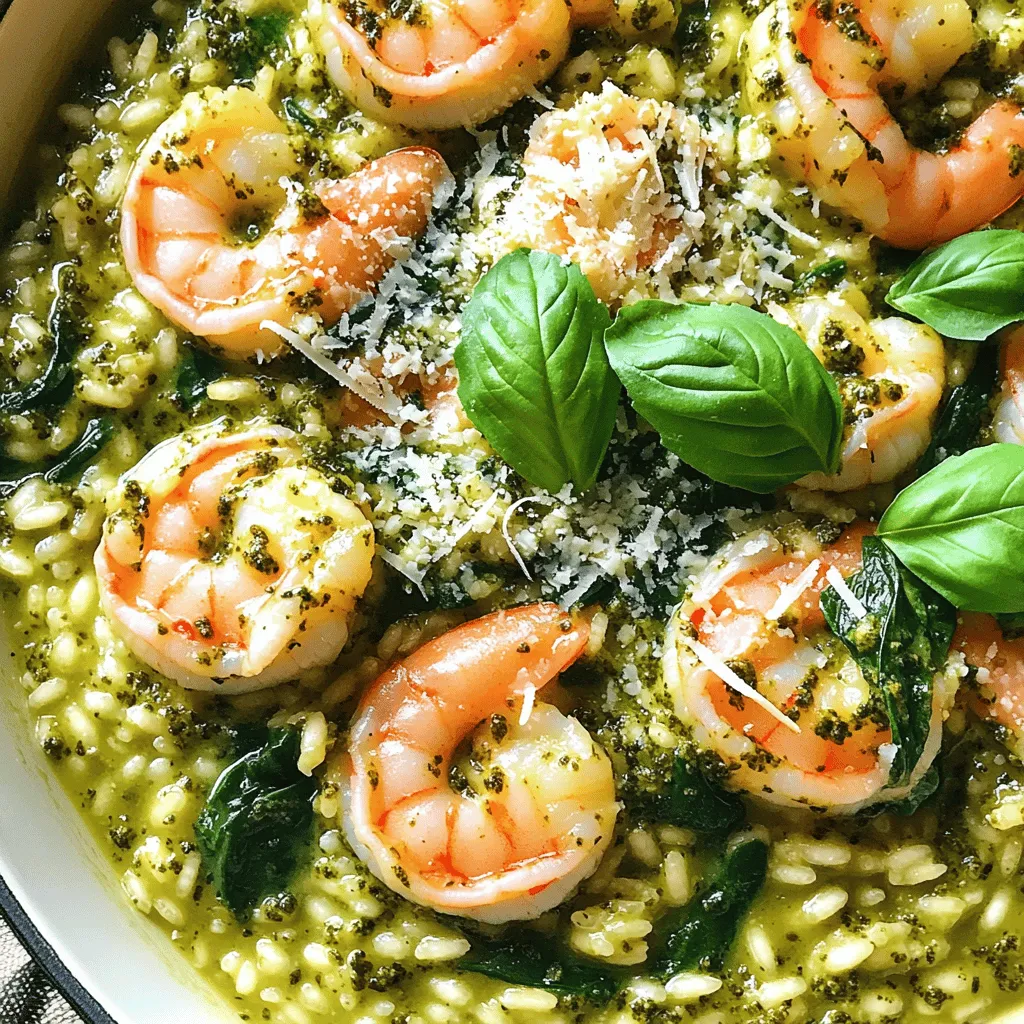 For this One-Pot Pesto Shrimp Risotto, you will need: - 1 cup Arborio rice - 1 lb large shrimp, peeled and deveined - 4 cups low-sodium chicken or vegetable broth - 1 small onion, finely chopped - 2 cloves garlic, minced - 1 cup fresh spinach, chopped - 1/2 cup homemade or store-bought pesto - 1/2 cup grated Parmesan cheese - 2 tablespoons olive oil - Salt and pepper to taste - Fresh basil leaves for garnish You can swap some ingredients if needed. If you can’t find Arborio rice, you can use Carnaroli rice. It has a similar texture. For shrimp, you can use scallops or even chicken. If you want a vegetarian dish, replace the shrimp with mushrooms. You can also use vegetable broth instead of chicken broth. Finally, if you don't have Parmesan cheese, you can try Pecorino Romano. For pesto, I love using brands like Classico or Buitoni. They offer great flavor and quality. If you prefer homemade, that’s even better! For broth, Swanson and Pacific Foods provide tasty low-sodium options. Choose a broth that matches your flavor needs, whether chicken or vegetable. Start by heating two tablespoons of olive oil in a spacious pot over medium heat. When the oil shimmers, add one small onion, finely chopped. Sauté the onion for about three to four minutes. You want it to be soft and translucent. Next, add two cloves of minced garlic. Cook it for one minute until it smells great. Now, it’s time for the Arborio rice. Pour in one cup of rice and stir it for two to three minutes. This step helps to toast the rice, which adds flavor. After that, start adding four cups of low-sodium chicken or vegetable broth. Add one cup at a time. Stir the rice as it absorbs the broth. Continue this for about 15 to 20 minutes. You want the rice to be creamy and a bit firm. When the rice is almost done, fold in one pound of large shrimp. Cook for about five minutes. The shrimp will turn opaque pink when they are done. Then, add one cup of chopped spinach and half a cup of pesto. Mix until the spinach wilts and everything blends nicely. Remove the pot from heat. Stir in half a cup of grated Parmesan cheese. This will make the risotto creamy and rich. Taste it and adjust the salt and pepper as needed. Serve the risotto warm and add fresh basil leaves on top for a nice touch. Enjoy your delicious one-pot pesto shrimp risotto! To get creamy risotto, use Arborio rice. This rice has a high starch content. It absorbs liquid well and gives you that sought-after creaminess. As you cook, add broth a cup at a time. Stir often, letting each cup soak in. This process takes about 15-20 minutes. Keep an eye on the rice. It should be al dente, tender yet firm. If it gets too thick, add a bit more broth. That way, you keep the creamy texture. Cooking shrimp is simple but key for flavor. Use fresh, large shrimp for the best taste. Once your risotto is nearly done, fold in the shrimp. Cook them for about 5 minutes. They will turn pink and opaque when done. Don’t overcook them; they can get rubbery. If you want more flavor, season the shrimp with salt and pepper before adding them to the risotto. To take your risotto to the next level, think about adding extras. Fresh herbs like basil or parsley can brighten the dish. You might also try a splash of lemon juice for a zesty kick. If you love cheese, consider adding more Parmesan or even some goat cheese. For a richer flavor, mix in sun-dried tomatoes or artichokes. These small changes can make a big difference! {{image_4}} To make a vegetarian version of this dish, skip the shrimp. You can add more veggies instead. Try mushrooms, bell peppers, or zucchini for texture and taste. Use vegetable broth to keep it rich and flavorful. Add extra pesto for more taste. A sprinkle of nutritional yeast can give a cheesy flavor too. You can swap shrimp for other proteins. Chicken or scallops are great options. If using chicken, cut it into bite-sized pieces. Sauté it until fully cooked before adding rice. For scallops, cook them until they turn golden. They only need a few minutes to cook. Each protein brings a unique taste and texture to the dish. You can change the flavor profile with simple additions. Fresh lemon juice adds brightness. Just a squeeze while cooking makes a big difference. Try adding fresh herbs like thyme or parsley for a garden-fresh taste. You can even mix in sun-dried tomatoes for a tangy kick. These small changes can create a whole new dish! To keep your One-Pot Pesto Shrimp Risotto fresh, store it in an airtight container. Make sure it cools down to room temperature before sealing. This helps prevent moisture build-up, which can make the risotto soggy. Store it in the fridge for up to three days. When you’re ready to enjoy leftovers, heat the risotto gently. Place it in a pot over low heat. Add a splash of broth or water to help rehydrate the rice. Stir often until it warms through. This keeps the risotto creamy and prevents it from getting dry. If you have extra risotto, freezing is a great option. Portion it into freezer-safe bags or containers. Make sure to remove as much air as possible before sealing. It can last in the freezer for about one month. To reheat, let it thaw in the fridge overnight, then follow the reheating instructions. To make risotto creamy, use Arborio rice. This rice has high starch content. The starch helps create a smooth texture. Stir the rice often while adding broth. This process releases starch and thickens the dish. Cook the rice slowly, adding broth one cup at a time. This helps the rice absorb liquid well. When the risotto is almost done, stir in cheese. I recommend using grated Parmesan for the best flavor. You can make this dish in advance, but risotto is best fresh. If you prepare it early, store it in an airtight container. Keep it in the fridge for up to three days. When ready to serve, reheat on low heat. Add a splash of broth or water to loosen it. Stir often to avoid sticking. The risotto may lose some creaminess, but you can add more cheese to help. If you can't find Arborio rice, use another short-grain rice. Carnaroli and Vialone Nano also work well. These types of rice have similar starch levels. You could also try using sushi rice, which is sticky. If you want a healthier option, use farro or quinoa. Keep in mind that these grains will change the dish's texture. Adjust cooking times as needed for different types of rice. In this post, we covered the key ingredients for risotto, along with helpful substitutions. I shared step-by-step instructions to ensure your dish turns out perfectly. You learned tips for achieving the right consistency and how to cook shrimp properly. We also explored delicious variations and provided storage tips. With this knowledge, you can create an amazing risotto that suits your taste and needs. Enjoy making this dish and impress your friends and family. Happy cooking!