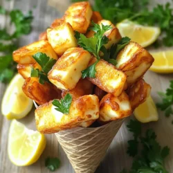 To make crispy halloumi fries, you need a few simple ingredients: - 250g halloumi cheese - ½ cup all-purpose flour - 1 teaspoon garlic powder - 1 teaspoon smoked paprika - ½ teaspoon freshly ground black pepper - 1 large egg, beaten - 1 cup panko breadcrumbs - Olive oil spray These ingredients work together to create a crunchy, tasty treat. The halloumi cheese gives the fries their unique flavor and texture. Panko breadcrumbs add extra crunch, while the spices give them a delicious kick. You can make your halloumi fries even better with a few garnishes: - Fresh parsley, finely chopped (for garnish) - Lemon wedges (for serving) Sprinkling parsley gives your fries a fresh look and taste. The lemon wedges add a zesty touch that brightens the flavor. You can also serve these fries with a tasty sauce, like tzatziki or marinara, for dipping. To make your fries as tasty as possible, use these seasonings: - Garlic powder - Smoked paprika - Freshly ground black pepper These seasonings enhance the halloumi's flavor. Garlic powder gives a savory depth, while smoked paprika adds warmth and a slight smokiness. Black pepper brings a little heat that balances everything perfectly. This combination makes your halloumi fries stand out and keeps you coming back for more. To start, take 250 grams of halloumi cheese. Cut it into thick fry shapes, about half an inch wide. This thickness helps the fries get crispy. Make sure your pieces are even to cook well. Next, set up your dredging stations. You will need three bowls. In the first bowl, mix together half a cup of all-purpose flour, one teaspoon of garlic powder, one teaspoon of smoked paprika, and half a teaspoon of black pepper. Stir them well. In your second bowl, add one large beaten egg. Mix it gently. The last bowl should have one cup of panko breadcrumbs. This will give your fries a great crunch. Now, take a halloumi fry. Dip it first into the flour mix, coating it fully. Shake off any extra flour. Then, dip it into the egg. Let any extra egg drip off. Finally, roll it in the breadcrumbs until it is completely covered. Repeat this for all pieces. Now, preheat your air fryer to 200°C (390°F) for about five minutes. While it heats, lightly spray the air fryer basket with olive oil. This step helps prevent sticking. Arrange the halloumi fries in a single layer in the basket. Make sure they do not touch. Lightly spray the tops with more olive oil. This will help them get that crispy finish. Cook the fries for 10 to 12 minutes. Flip them halfway through cooking. They should turn golden brown and crispy when done. Once cooked, take them out and garnish with finely chopped parsley. Serve them right away with lemon wedges for a zesty touch. To get your halloumi fries really crispy, you need to pay attention to a few key steps. First, cut the halloumi into thick strips, about ½ inch wide. This thickness helps the cheese stay firm while frying. Also, use panko breadcrumbs instead of regular ones. Panko gives a lighter, crunchier texture. Lightly spraying the fries with olive oil before cooking helps them crisp up nicely. Sticking can ruin your fries. To prevent this, start by spraying your air fryer basket with olive oil. This simple step creates a non-stick surface for your halloumi fries. Make sure to arrange the fries in one layer without touching. If they touch, they may stick together. Flipping them halfway through cooking also helps ensure they cook evenly without sticking. Frying halloumi is simple if you follow some best practices. Always dredge the fries in flour, egg, and then panko. This coating provides a strong barrier that keeps the cheese from melting away. Don't overcrowd the basket; it can lead to soggy fries. Instead, cook in batches if needed. Lastly, serve your fries fresh and hot, paired with lemon wedges for a zesty touch. {{image_4}} You can boost the taste of your halloumi fries by adding herbs and spices. Fresh herbs like thyme or rosemary work well. Just chop them finely and mix them into the flour blend. You can also try adding a pinch of cayenne pepper for heat or oregano for a Mediterranean touch. Experimenting with flavors makes each batch unique and fun. If you need a gluten-free option, swap the all-purpose flour with rice flour. You can also use gluten-free breadcrumbs instead of panko. These options will still give you a crispy texture. Just make sure to check labels to ensure they are truly gluten-free. Pair your fries with tasty dips for added flavor. Try tzatziki for a cool creaminess. You can also make a spicy marinara for a zesty kick. Another fun option is a honey mustard mix, which adds a sweet twist. These sauces not only enhance the taste but also make your snack more enjoyable. To keep your halloumi fries fresh, let them cool completely. Place them in an airtight container. This method keeps them safe and tasty for up to two days in the fridge. If you want to make them last a bit longer, wrap them tightly in plastic wrap before putting them in the container. When you are ready to enjoy your leftover fries, the air fryer is your best friend. Preheat your air fryer to 180°C (356°F). Place the fries in a single layer. Heat for about 5 minutes, checking halfway through. This will help them regain their crispiness. Avoid using the microwave, as it makes them soggy. If you want to save some halloumi fries for a later date, freezing is a great option. First, let them cool completely. Then, arrange them in a single layer on a baking sheet. Freeze them for about 1-2 hours. Once they are firm, transfer them to a freezer bag. This will keep them fresh for up to one month. When you are ready to eat, you can cook them directly from frozen. Just add a couple of extra minutes to the cooking time! Cook halloumi fries in your air fryer for 10 to 12 minutes. Flip them halfway through. This helps them cook evenly. You want them golden brown and crispy. Yes, you can try using cheese like mozzarella or cheddar. However, they will not crisp the same way. Halloumi has a unique texture that makes it perfect for frying. Serve halloumi fries hot and crispy. A squeeze of fresh lemon adds zest. You can also pair them with dipping sauces. Tzatziki or spicy marinara works great. For a fun touch, use a trendy paper cone or small basket for serving. You learned how to make crispy halloumi fries using simple steps. We covered key ingredients, cooking tips, and creative variations. You can now enjoy them with tasty dips or fresh herbs. Remember to store any leftovers properly to keep them crisp. Air frying halloumi can be a fun way to snack or impress friends with a unique dish. Try these ideas, and enjoy every bite!