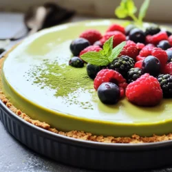 - 1 cup graham cracker crumbs - 1/4 cup unsalted butter, melted - 2 cups cream cheese, softened at room temperature - 1 cup powdered sugar, sifted - 1/2 cup heavy whipping cream - 2 tablespoons matcha green tea powder - 1 teaspoon vanilla extract - Pinch of salt - Fresh berries (such as strawberries or blueberries) - Mint leaves Gather these simple ingredients. The graham crackers offer a sweet crunch. The melted butter helps bind the crust together. Cream cheese brings a rich and creamy texture. Powdered sugar adds sweetness without grittiness. Heavy whipping cream makes the cheesecake light and fluffy. Matcha green tea powder gives your cheesecake a unique flavor. It also adds a lovely green color. Vanilla extract enhances the other flavors. A pinch of salt balances the sweetness perfectly. For garnishes, fresh berries add a pop of color and freshness. Mint leaves bring a touch of elegance. You can mix and match your favorite berries for a fun twist. Now you're all set to create a delicious no-bake matcha cheesecake! To make the crust, start by mixing graham cracker crumbs and melted butter in a bowl. Use a fork or your hands to blend them until they look like wet sand. Next, press this mixture firmly into the bottom of a 9-inch springform pan. Make sure it is even and compact. This step is key for a solid base. Once done, chill the crust in the refrigerator while you prepare the filling. Now, let’s make the cheesecake filling. In a large bowl, beat the softened cream cheese with an electric mixer. Mix it until it is smooth and creamy. Then, slowly add the sifted powdered sugar. Keep mixing until no lumps remain. This makes it sweet and fluffy. In a small bowl, whisk together the matcha green tea powder and a pinch of salt. Add 2 tablespoons of warm water. Whisk until it is smooth. Slowly pour this matcha mixture into the cream cheese mix. Blend on low speed until the color is even and vibrant. Next, it’s time to whip the cream. In a clean bowl, whip the heavy cream with an electric mixer until soft peaks form. Be careful not to over-whip or it will become too stiff. Gently fold the whipped cream into the matcha cream cheese mixture using a spatula. This keeps the mixture light and airy. Finally, pour the silky matcha cheesecake filling over the chilled graham cracker crust in the springform pan. Use a spatula to smooth the top for an even finish. Cover the pan with plastic wrap and refrigerate the cheesecake for at least 4 hours. For the best results, let it chill overnight. When ready to serve, carefully remove the cheesecake from the springform pan. Use a sharp knife to slice it into pieces. For a beautiful touch, top each slice with fresh berries and sprinkle with mint leaves before serving. Enjoy this tasty no-bake matcha cheesecake! To get the best texture, start with softened cream cheese. This is key for a smooth filling. Cold cream cheese can create lumps. Let your cream cheese sit at room temperature for about 30 minutes to soften. Next, be careful not to over-whip the heavy cream. This can lead to a grainy texture in your cheesecake. Whip until you see soft peaks, then stop. Gently fold it into the cream cheese mix to keep it light and airy. For a more complex flavor, you can pair matcha with other tastes. Citrus zest, like lemon or orange, can brighten the cheesecake. A hint of almond extract also works well. When it comes to sweeteners, powdered sugar is great for smoothness. But you can try honey or agave syrup if you prefer. Just remember to adjust the amount to your taste. Presentation makes your cheesecake even more inviting. Serve it on a decorative platter to impress your guests. For garnishing, fresh berries are perfect. Strawberries and blueberries add color and flavor. A sprinkle of mint leaves adds a nice touch too. Drizzle honey or agave syrup on top for an elegant finish. This adds sweetness and visual appeal. {{image_4}} You can switch up the flavor of your no-bake matcha cheesecake. One fun idea is to add chocolate. Mix in some melted dark chocolate to your matcha cream cheese mixture. This gives you a rich matcha-chocolate delight. You can also try different fruit toppings. Fresh strawberries or blueberries add sweetness and color. Try mango or kiwi for a tropical twist. The options are endless! If you need a gluten-free version, no problem! Simply swap out the graham cracker crumbs with gluten-free alternatives. You can use almond flour or gluten-free cookie crumbs. Just make sure to mix them with melted butter as you would with regular crumbs. This will create a lovely crust without any gluten. Your dessert will still taste amazing! Want a vegan cheesecake? It’s easy! Use vegan cream cheese in place of regular cream cheese. For the whipped cream, use whipped coconut cream instead. Just chill a can of coconut milk overnight, then whip it up. This gives you the same creamy texture and flavor. Your guests won’t even know it’s vegan! Enjoy a tasty dessert that fits your diet. To keep your no-bake matcha cheesecake fresh, refrigerate it right away. Place the cheesecake in an airtight container or cover it well with plastic wrap. This prevents it from absorbing strong odors in the fridge. Your cheesecake will stay fresh for about 3 to 5 days. To freeze your cheesecake, first, cut it into slices. Wrap each slice tightly in plastic wrap, then place them in a freezer bag. This helps protect the texture and flavor. Your cheesecake can last up to two months in the freezer. When you’re ready to enjoy it, move the slices to the fridge. Allow about 4 to 6 hours for thawing. If you want to speed this up, place the slices at room temperature for about 30 minutes. This helps keep the creamy texture intact. Yes, you can! Some good alternatives are: - Granulated sugar (blend it to make it fine) - Coconut sugar (offers a rich flavor) - Maple syrup (adds a nice hint of sweetness) Each sweetener will change the taste a bit. Experiment with what you like best. The no-bake matcha cheesecake lasts about 5 days in the fridge. Keep it covered to keep it fresh. After that, it may lose its taste and texture. Absolutely! Here are some options: - Spirulina (for a green boost) - Chai powder (for a spiced flavor) - Cocoa powder (for a chocolatey twist) These options will change the taste but can be fun to try! You now know how to create a delicious no-bake matcha cheesecake. From the simple crust to the creamy filling, each step builds flavor and texture. Using fresh fruits and mint adds a delightful touch. Remember to follow the tips for the best results, like softening the cream cheese and choosing the right sweetener. Feel free to explore variations, too, to make this recipe your own. Enjoy making this treat that’s as pleasing to the eyes as it is to the taste buds!