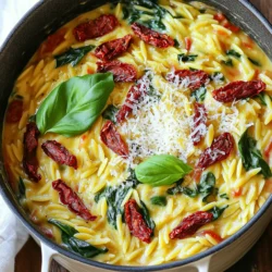 To make One Pot Creamy Sun-Dried Tomato Orzo, gather these simple ingredients: - 1 cup orzo pasta - 2 tablespoons extra-virgin olive oil - 1 small onion, finely diced - 3 cloves garlic, minced - 1 cup sun-dried tomatoes, chopped (preferably packed in oil) - 4 cups vegetable broth (low-sodium recommended) - 1 cup heavy cream (or coconut cream for a dairy-free option) - 1 teaspoon dried basil - 1 teaspoon dried oregano - Salt and freshly cracked pepper, to taste - 1 cup fresh spinach, roughly chopped - 1/2 cup grated Parmesan cheese (or nutritional yeast for a dairy-free option) - Fresh basil leaves, for garnish You can swap some ingredients based on your needs: - Use whole wheat or gluten-free orzo for a healthier option. - Olive oil can be replaced with avocado oil. - If you want a lighter dish, use half-and-half instead of heavy cream. - For a nut-free version, skip the Parmesan cheese or use a nut-free cheese alternative. - Add any leafy greens like kale if you don’t have spinach. Selecting the right ingredients makes a big difference. Here are my tips: - Orzo Pasta: Look for high-quality brands. They have a better texture. - Sun-Dried Tomatoes: Choose those packed in oil. They add more flavor and moisture. - Cream: Use fresh heavy cream for the best taste. Check the expiration date. - Fresh Herbs: Opt for fresh basil over dried for a bright flavor. - Spinach: Pick vibrant green leaves. Avoid any that look wilted or yellow. I hope these details help you create a delicious dish! Happy cooking! First, gather your ingredients. You will need orzo pasta, olive oil, onion, garlic, sun-dried tomatoes, vegetable broth, heavy cream, dried herbs, salt, pepper, spinach, Parmesan cheese, and fresh basil. Next, finely dice the onion and mince the garlic. Chop the sun-dried tomatoes into small pieces. This way, each bite will have great flavor. Heat the olive oil in a large pot over medium heat. Once it shimmers, add the diced onion. Sauté it for about 3-4 minutes until soft and translucent. This builds a strong base for flavor. Add the minced garlic and chopped sun-dried tomatoes. Cook this mixture for 1-2 minutes. The aroma will be amazing. Now, stir in the uncooked orzo pasta. Make sure it gets coated in the oil and mix well. Then slowly pour in the vegetable broth while stirring gently. Bring the pot to a gentle boil. Once boiling, reduce the heat to low. Cover the pot and let it simmer for 10-12 minutes. Stir occasionally to prevent the orzo from sticking to the pot. After the orzo is tender, stir in the heavy cream, dried basil, and oregano. Let it simmer uncovered for 2-3 minutes. This helps the mixture thicken and become creamy. Always taste the dish before serving. Adjust the seasoning with salt and cracked pepper to your liking. Gently fold in the chopped spinach and let it wilt in the warm orzo. This adds color and freshness. Lastly, stir in the grated Parmesan cheese until it melts. Serve the creamy orzo right away. Don't forget to garnish with fresh basil leaves for a delightful touch! To get creamy orzo right, follow these steps: - Use the right pot: A large pot helps heat evenly. - Prep ingredients first: Chop onion, garlic, and sun-dried tomatoes before starting. - Stir often: This prevents the orzo from sticking to the bottom. - Monitor heat: Keep it low once boiling. This lets the orzo cook through without burning. - Add cream last: Mix in the heavy cream after cooking the orzo. This ensures it stays rich and creamy. Watch out for these common pitfalls: - Rushing the cooking time: Take your time. Orzo needs about 10-12 minutes to cook well. - Skipping the stirring: Stirring is key. It keeps the dish creamy and prevents sticking. - Overcooking the spinach: Add spinach at the end. Just let it wilt for a fresh taste. - Forgetting to taste: Always taste and adjust seasoning. A little salt can make a big difference. Here are my favorite ways to serve this dish: - Garnish with fresh basil: This adds color and flavor. - Pair with grilled chicken or shrimp: Adding protein makes it a complete meal. - Serve with crusty bread: It’s perfect for soaking up the creamy sauce. - Add a side salad: A simple green salad brightens the meal. {{image_4}} You can easily modify this dish to suit your diet. For a dairy-free version, swap heavy cream for coconut cream. It gives a rich taste without dairy. Use nutritional yeast instead of Parmesan cheese for a cheesy flavor. If you need gluten-free options, choose gluten-free orzo pasta. This way, you can enjoy the dish without worry. Want to make your orzo heartier? Add proteins like cooked chicken, shrimp, or chickpeas. These options boost the meal's nutrition and flavor. You can toss in vegetables too. Try bell peppers, zucchini, or mushrooms. They add color and crunch to your dish. Just add them when you sauté the onions for the best results. Feel free to experiment with different flavors! Instead of sun-dried tomatoes, use roasted red peppers. They give a sweet, smoky taste. You can also swap dried basil and oregano for Italian seasoning or fresh herbs. Each change brings a new taste to the dish. Don't hesitate to mix and match based on what you like! To keep your creamy orzo fresh, store it in an airtight container. Let it cool down first. Place it in the fridge, where it can last for up to three days. If you notice any liquid, just give it a good stir before serving again. When you're ready to enjoy leftovers, reheat the orzo in a pot over low heat. Stir in a splash of vegetable broth or cream to restore creaminess. Heat it until warm, about 5 to 7 minutes. You can also use the microwave. Just cover it and heat in short bursts, stirring in between. If you want to freeze the orzo, do so before adding the spinach and cheese. Pour the cooled dish into freezer-safe bags or containers. Make sure to remove as much air as possible. It can last in the freezer for up to three months. To thaw, move it to the fridge overnight. Reheat it gently on the stove with a bit of broth to get that creamy texture back. Yes, you can use other pasta shapes. I suggest using small shapes like shells or penne. These shapes hold the sauce well. Just adjust the cooking time based on the pasta you choose. You want it tender but not mushy. Always check the package for cooking times. To make this dish vegan, swap the heavy cream for coconut cream. It adds a nice richness. You can also replace Parmesan cheese with nutritional yeast. This gives a cheesy flavor without dairy. Make sure your vegetable broth is vegan-friendly too. These changes keep the dish creamy and tasty. This dish pairs well with a fresh salad. A simple green salad with lemon dressing is perfect. You can also serve it with garlic bread for a hearty meal. For protein, grilled chicken or shrimp makes a great addition. Enjoy this dish any way you like! We covered the key ingredients and options for making creamy orzo. You learned about ingredient choices and substitutions, cooking steps, and timing tips. We discussed ways to enhance flavors and avoid common errors. You also found useful tips for storage and reheating. As you make this dish your own, remember that practice leads to perfect orzo. Enjoy the process and have fun experimenting with flavors!