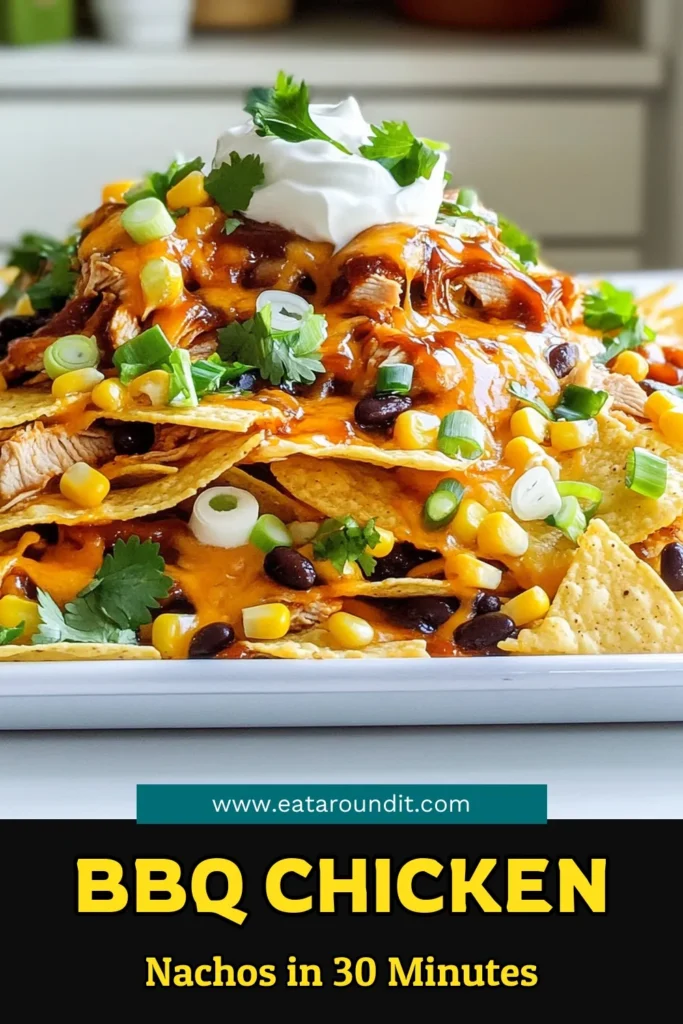 Satisfy your cravings with these delicious Sheet-Pan BBQ Chicken Nachos! Perfect for game day or a family gathering, this easy recipe layers crispy tortilla chips with BBQ chicken, black beans, corn, and gooey cheddar cheese. Ready in just 30 minutes, these nachos deliver flavor and fun in every bite. Click to explore the full recipe and elevate your snacking game! #BBQNachos #EasyRecipes #GameDaySnacks #SheetPanMeals