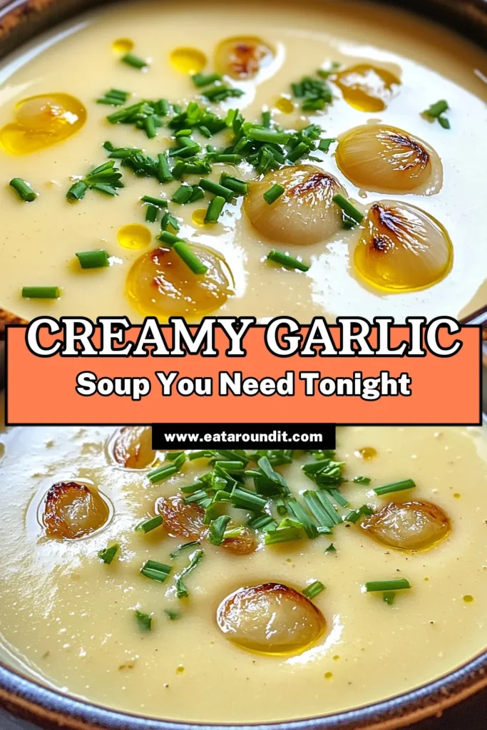 Warm up your day with this delightful creamy roasted garlic soup, rich in flavor and comfort. Discover how to roast garlic to perfection and blend it with potatoes, broth, and cream for a heartwarming dish that everyone will love. Perfect for chilly evenings, this recipe is easy to follow and guaranteed to impress. Click through for the full recipe and elevate your cooking game today! #CreamyRoastedGarlicSoup #SoupRecipes #ComfortFood #HealthyEating