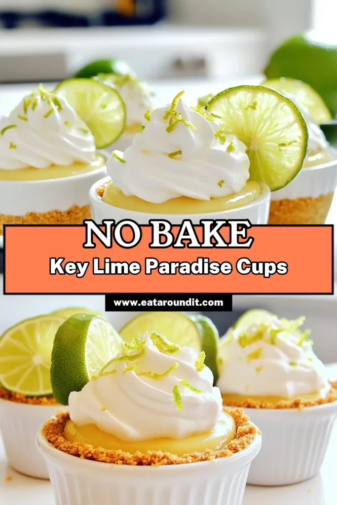 Satisfy your sweet tooth with these refreshing No Bake Key Lime Pie Cups! This delicious dessert features a crunchy graham cracker crust and a creamy key lime filling, topped with fluffy whipped cream and zesty lime slices. Perfect for warm days and gatherings, these easy cups take just 20 minutes to prep and need a little chill time to set. Dive into this delightful recipe and treat yourself today! #NoBakeDesserts #KeyLimePie #DessertRecipes #SummerTreats