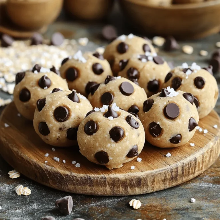 To make these tasty vegan cookie dough bites, you need: - 1 cup almond flour - 1/2 cup rolled oats - 1/2 cup almond butter (or peanut butter) - 1/4 cup pure maple syrup - 1 teaspoon vanilla extract - 1/4 teaspoon fine sea salt - 1/2 cup dairy-free dark chocolate chips - 1/4 cup chopped walnuts (optional) You can swap several ingredients to fit your taste. Here are some options: - Almond flour: Use oat flour or whole wheat flour. - Almond butter: Peanut butter works well too. - Maple syrup: Agave syrup or honey can replace it (note: honey is not vegan). - Rolled oats: Quick oats or ground oats can be used. - Dairy-free dark chocolate chips: Any dairy-free chocolate will work. - Chopped walnuts: Try pecans or skip them for nut-free bites. Each ingredient brings its own health perks: - Almond flour: Low in carbs and high in protein. - Rolled oats: Good for fiber and helps with digestion. - Almond butter: Offers healthy fats and protein for energy. - Maple syrup: Natural sweetener with minerals like manganese. - Vanilla extract: Adds flavor and has antioxidant properties. - Fine sea salt: Enhances taste and helps with hydration. - Dairy-free dark chocolate chips: Rich in antioxidants and lowers stress. - Chopped walnuts: Great source of omega-3 fatty acids and vitamins. These ingredients not only taste great but also support your health in various ways! Making vegan cookie dough bites is easy and fun. You will need simple ingredients that mix well. This process takes about 15 minutes of prep time. You will chill the bites for 30 minutes before enjoying them. 1. Mix Dry Ingredients: Start with a large bowl. Add 1 cup of almond flour and 1/2 cup of rolled oats. Use a whisk or spoon to mix them well. This step gives a good base for the bites. 2. Combine Wet Ingredients: In another bowl, mix 1/2 cup of almond butter, 1/4 cup of pure maple syrup, 1 teaspoon of vanilla extract, and 1/4 teaspoon of fine sea salt. Stir until this mixture is smooth and creamy. 3. Make the Dough: Slowly pour the wet mixture into the dry mixture. Stir as you pour. You want a thick, pliable dough. If it feels too dry, add a splash of water or more maple syrup. 4. Add Mix-ins: Gently fold in 1/2 cup of dairy-free dark chocolate chips. If you like a crunch, add 1/4 cup of chopped walnuts. Mix until everything is evenly distributed. 5. Shape the Bites: Use your hands to scoop about one tablespoon of dough. Roll it into a ball. Repeat this until all dough is shaped into bites. Place the cookie dough bites on a baking sheet lined with parchment paper. Put the baking sheet in the fridge for about 30 minutes. This helps the bites firm up. When ready to serve, enjoy them cold as a snack or dessert. For added flair, serve them on a nice platter. A dusting of cocoa powder or a sprinkle of sea salt can make them look even more delightful! To make the best vegan cookie dough bites, start with good ingredients. Use fresh almond flour and rolled oats. Measure carefully. For the nut butter, I recommend almond butter for creaminess. You can also use peanut butter if you prefer. Mix the dry and wet ingredients well for a smooth dough. If the dough feels dry, add a splash of water. This makes it easier to shape into bites. One common mistake is not mixing enough. If you don’t mix well, the bites may crumble. Another mistake is using too much almond flour. This will make the dough too dry. Always check your measurements. Also, don’t skip the chilling step. Chilling helps the bites firm up and hold their shape. To boost flavor, use pure vanilla extract. It adds depth and sweetness. You can also add spices like cinnamon for warmth. If you want crunch, include walnuts or pecans. For a sweeter taste, increase the maple syrup slightly. These tips help create a more delightful treat. {{image_4}} To make gluten-free vegan cookie dough bites, use almond flour as your base. Almond flour is naturally gluten-free and gives a nice texture. Always check your oats to ensure they are certified gluten-free. You can also try coconut flour as a substitute, but use less, as it absorbs more moisture. If you want sugar-free cookie dough bites, swap the maple syrup for a sugar-free sweetener. Stevia or monk fruit work well. You might need to adjust the wet ingredients to keep the dough moist. Always taste the dough as you mix to find the right sweetness level. You can add fun flavors to your cookie dough bites. Try mixing in spices like cinnamon or nutmeg for warmth. For a twist, add a splash of almond extract for a different taste. You can also include mix-ins like dried fruit, coconut flakes, or seeds. Each add-in changes the flavor and makes each bite special. Get creative and find your favorite combinations! To keep your vegan cookie dough bites fresh, store them in an airtight container. This helps prevent them from drying out or absorbing other flavors. Placing parchment paper between layers can also keep them from sticking together. Always keep them in the fridge for the best taste and texture. When stored properly, vegan cookie dough bites can last up to one week in the fridge. After that, they may lose some freshness. If you notice changes in texture or smell, it’s time to toss them out. Always check for signs of spoilage before enjoying your treats. Want to make your cookie dough bites last longer? Freeze them! To do this, place the bites in a single layer on a baking sheet. Freeze them for about an hour until firm. Then, transfer them to a freezer-safe bag or container. They can stay fresh for up to three months. When you crave a treat, just thaw them in the fridge or enjoy them frozen for a cool snack. Yes, you can swap almond butter for peanut butter or sunflower seed butter. Each nut butter adds its own flavor. Peanut butter gives a strong taste, while sunflower seed butter is nut-free. This makes the bites safe for schools. These cookie dough bites last about one week in the fridge. Store them in an airtight container. This keeps them fresh and tasty. If you want them to last longer, consider freezing them. Absolutely! These cookie dough bites are a fun and healthy treat for kids. They are made with wholesome ingredients and no raw eggs. Kids love the sweet taste and chocolate chips. They can enjoy them as a snack or dessert. You can find ready-made vegan cookie dough bites at health food stores or online. Many brands offer tasty options. Look for ones with simple, natural ingredients. You can also check local vegan cafes or bakeries for fresh options. This blog post covered key ingredients and how to make delicious cookie dough bites. You learned about ingredient substitutions, health benefits, and step-by-step instructions. We shared tips to perfect your recipe and avoid common mistakes. Plus, we explored tasty variations and essential storage tips. Remember, making cookie dough bites is simple and fun. Use this guide to create tasty treats your friends and family will love! Enjoy the process and share your creations. Happy baking!