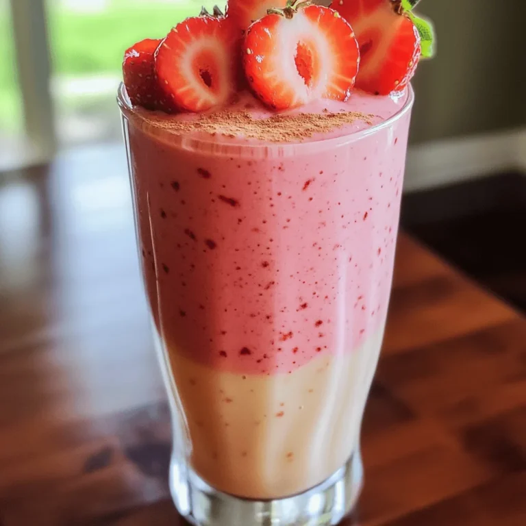 - 1 cup fresh strawberries, hulled and chopped - 1/2 cup Greek yogurt (plain or vanilla) - 1 scoop vanilla protein powder - 1 tablespoon softened cream cheese - 1 tablespoon honey or maple syrup - 1/2 cup almond milk (or preferred milk) - 1/2 teaspoon pure vanilla extract - 1/4 teaspoon ground cinnamon - Ice cubes (optional) You need fresh strawberries for this smoothie. Strawberries add natural sweetness and bright flavor. Greek yogurt gives a creamy texture and packs in protein. I like using plain or vanilla yogurt. Next, you will use vanilla protein powder. This adds protein to keep you full. Cream cheese gives a cheesecake flavor. Honey or maple syrup adds sweetness. You can adjust this to your taste. Almond milk is a great choice, but any milk works. Vanilla extract enhances the flavor. Ground cinnamon adds warmth and spice. If you want a colder drink, add ice cubes. Each ingredient plays a key role in making this smoothie tasty and healthy. Now, let’s look at the nutritional information to see what you get from this delicious drink. To start, you need to blend strawberries with yogurt. First, take 1 cup of fresh strawberries. Remove the green tops and chop them into smaller pieces. Place the chopped strawberries into a blender. Add 1/2 cup of Greek yogurt next. You can choose plain or vanilla yogurt for more flavor. Blend these on high speed until the mixture is smooth and creamy. Next, it's time to incorporate protein powder and cream cheese. Add 1 scoop of vanilla protein powder to the blender. Then, include 1 tablespoon of softened cream cheese. This will give your smoothie a rich, creamy texture. After adding all ingredients, blend again to achieve a silky consistency. Blend on high speed until everything mixes well. Stop the blender and scrape down the sides if needed. This step makes sure no lumps remain. If you want to adjust sweetness levels, taste your smoothie after blending. If it is not sweet enough, add 1 tablespoon of honey or maple syrup. Blend again to mix it in well. For serving suggestions, pour your smoothie into a tall glass or a rustic mason jar. This makes it look nice and inviting. For garnishing options, you can add a few sliced strawberries on top. A dollop of Greek yogurt also works well. For a final touch, sprinkle a little ground cinnamon to make it beautiful and tasty. You can easily swap ingredients based on your needs. If you're dairy-free, use coconut yogurt instead of Greek yogurt. For a vegan option, choose a plant-based protein powder. Want more flavor? Add a few drops of almond extract or a handful of blueberries. They pair well with strawberries. You can also sprinkle in some chia seeds for extra fiber. To make your smoothie thicker, add more ice. If it's too thick, pour in extra almond milk until you reach your desired texture. If you have leftovers, store them in an airtight container in the fridge. Use them within a day for the best taste. You can also freeze any leftover smoothie in ice cube trays. This way, you can blend them into your next smoothie for a quick treat! {{image_4}} You can have fun with your strawberry cheesecake protein smoothie by adding different flavors. One tasty option is the chocolate strawberry cheesecake. Just add 1 tablespoon of cocoa powder when you blend. This gives a rich twist that many love. You can also mix in more fruits or veggies. Try adding a banana for sweetness or some spinach for added nutrients. These changes can help you enjoy a new smoothie every time! If you want a vegan or dairy-free version, swap out the Greek yogurt and cream cheese for cashew cream or coconut yogurt. Use plant-based protein powder to keep it vegan-friendly. This way, you can enjoy a delicious smoothie while sticking to your diet. For a low-calorie option, use unsweetened almond milk and skip the honey or maple syrup. You can sweeten it with a few drops of stevia instead. This keeps the flavor while cutting down on calories. To keep your strawberry cheesecake protein smoothie fresh, store it in the fridge. Use an airtight container. This helps keep the smoothie from getting too warm or losing flavor. The smoothie stays good for about one day. If you want to save it for later, freezing is a great option. Pour the smoothie into ice cube trays, or use freezer-safe bags. This way, you can enjoy it later. Just remember to leave some space in the container for expansion. If you freeze your smoothie, you may need to revive it. Start by taking it out of the freezer. Let it sit for a few minutes to soften. You can blend the smoothie again if it needs it. Add a splash of almond milk or water to help it mix well. Blend until it's smooth and creamy again. This way, you can enjoy it just as fresh as before. Can I make this smoothie ahead of time? Yes, you can make this smoothie ahead of time. Store it in the fridge for up to 24 hours. The smoothie may separate a bit. Just give it a good shake or stir before drinking. What can I substitute for Greek yogurt? If you need a substitute for Greek yogurt, try regular yogurt, cottage cheese, or a non-dairy option like coconut yogurt. Each will change the taste slightly but will still work well. Is this smoothie suitable for a post-workout snack? Absolutely! This smoothie is great after a workout. It has protein from the yogurt and protein powder. It also offers carbs from strawberries, which help your muscles recover. How many calories are in the smoothie? This strawberry cheesecake protein smoothie has about 300 calories per serving. This can vary based on the ingredients you choose, like the type of milk or sweetener. What is the best protein powder for smoothies? The best protein powder for this smoothie is vanilla-flavored. It blends well with the strawberries and cream cheese. Look for ones low in sugar and high in protein to keep it healthy. This blog post covered how to make a healthy strawberry smoothie. You learned the ingredients, from strawberries to protein powder. I also laid out easy steps for blending and serving. Remember, you can customize the recipe based on your tastes and dietary needs. Try different flavors or ingredients for your perfect smoothie. Enjoy your nutritious drink today, and share your own ideas or tips! With a little creativity, every smoothie can be a new treat.
