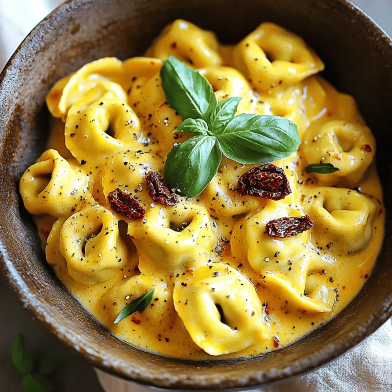 - 9 oz (250g) cheese tortellini - 1 cup sun-dried tomatoes in oil, drained and coarsely chopped - 1 cup heavy cream - ½ cup grated Parmesan cheese - 1 tablespoon extra-virgin olive oil - 1 teaspoon Italian seasoning - Salt and freshly cracked black pepper to taste - Fresh basil leaves, torn To start, you need to boil salted water. Use a large pot, and bring it to a rapid boil. Once boiling, add your cheese tortellini. Follow the package instructions for cooking time. Usually, this takes about 3 to 5 minutes. You want the tortellini to be al dente, meaning it should be firm yet tender. After cooking, drain the tortellini and set it aside. Now, let’s prepare the sauce. In a large skillet, heat a tablespoon of extra-virgin olive oil over medium heat. Once the oil is hot, add 2 finely minced garlic cloves. Sauté the garlic for about 1 minute. It should smell nice but avoid browning it. Next, add 1 cup of chopped sun-dried tomatoes. Sprinkle in 1 teaspoon of Italian seasoning. Cook this mixture for an additional 2 minutes. This helps the flavors blend and softens the tomatoes. After the tomatoes are ready, it's time to create the creamy base. Lower the heat to medium-low and pour in 1 cup of heavy cream. Stir continuously to mix everything well. Let it simmer gently for about 3 to 4 minutes. You want it to thicken a bit. Then, gradually add ½ cup of grated Parmesan cheese. Mix well until the cheese melts fully and the sauce is smooth. Season with salt and freshly cracked black pepper to taste. Finally, add the drained tortellini to the creamy sauce. Gently toss to coat each piece. This will help the rich flavors cling to the tortellini. Now, you’re ready to enjoy a delightful dish! To avoid curdling your sauce, make sure to stir as you add the cream. This keeps the temperature even and helps the cream blend well. If the heat is too high, the cream can separate. Keep it on low heat once you add the cream. To achieve the right thickness, let the sauce simmer gently. This allows flavors to meld and the sauce to reduce. Aim for a creamy texture that coats the back of a spoon. If it’s too thin, let it simmer a bit longer. Adding fresh herbs can boost the taste of your dish. Try mixing in basil, oregano, or thyme for a fresh twist. A pinch of red pepper flakes can add a nice kick if you enjoy some heat. For cheese variations, consider using goat cheese or mozzarella. These cheeses can give the dish a different but delightful flavor. You can also mix in some ricotta for extra creaminess. When cooking tortellini, aim for al dente texture. This means it should be firm but cooked through. Keep an eye on the cooking time, usually 3-5 minutes. Overcooked tortellini can become mushy. To store and reheat leftovers, place them in an airtight container. Keep it in the fridge for up to three days. When reheating, use low heat on the stove or microwave. Add a splash of cream or water to help revive the sauce and avoid drying it out. {{image_4}} Adding a twist to your creamy sun-dried tomato tortellini can make it even more exciting. Let’s explore some fun variations you can try! If you want to keep it vegetarian, consider these options: - Adding spinach or kale: Toss in fresh spinach or kale during the sauce prep. They add color and nutrients. - Incorporating mushrooms: Sauté sliced mushrooms with the garlic. They bring a rich, earthy taste to the dish. Boost the protein in your meal with these choices: - Adding grilled chicken: Slice grilled chicken and mix it into the tortellini. It makes the dish heartier and adds a lovely flavor. - Including shrimp or sausage: Cook shrimp or sausage in the skillet before adding the sauce. They both complement the creamy base well. Need to adjust for dietary needs? Here are some easy swaps: - Gluten-free tortellini options: Look for gluten-free tortellini in stores. They taste great and work well in this recipe. - Dairy-free cream alternatives: Use coconut cream or cashew cream instead of heavy cream. They create a rich texture without dairy. These variations let you customize your creamy sun-dried tomato tortellini to fit your tastes or dietary needs. Enjoy experimenting! To keep your creamy sun-dried tomato tortellini fresh, use airtight containers. Glass or plastic containers both work well. Make sure to cool the dish to room temperature before sealing. Place it in the fridge, where it can last for up to three days. If you want to keep it longer, freezing is a great option. For reheating, the stovetop is best. Add a splash of cream or water to help with moisture. Heat over low heat while stirring gently. This keeps the sauce smooth. Avoid high heat or the microwave, as these can overcook the pasta and make it mushy. You can freeze creamy sun-dried tomato tortellini before or after cooking. If freezing before cooking, place the uncooked tortellini in a single layer on a baking sheet. Once frozen, transfer them to a freezer bag. If freezing after cooking, allow it to cool, then store it in an airtight container. To thaw, place the frozen dish in the fridge overnight. Reheat it on the stovetop as mentioned. Always check for freshness before eating. Tortellini usually cooks in 3 to 5 minutes. Fresh tortellini cooks faster than frozen. Always check the package for exact times. For best results, cook until the pasta is al dente. This means it should be firm but not hard. Yes, you can use fresh sun-dried tomatoes. They will taste different, though. Fresh tomatoes have more moisture and less intense flavor. If you use fresh, dry them out first. You can roast them or let them dry in the sun. Adjust the amount in the recipe. You may need more fresh tomatoes to match the flavor. This dish pairs well with a simple salad. A spinach or arugula salad adds freshness. You can also serve garlic bread on the side. This will soak up the creamy sauce. For a heartier meal, add grilled chicken or shrimp to the plate. This dish brings together simple ingredients like cheese tortellini and sun-dried tomatoes. You learned how to create a creamy sauce and combine it all for a tasty meal. Experiment with flavors by adding different herbs or proteins to suit your taste. Storing and reheating tips will help you enjoy leftovers. With these easy steps, delicious cooking is within reach. Enjoy making this dish again and again!
