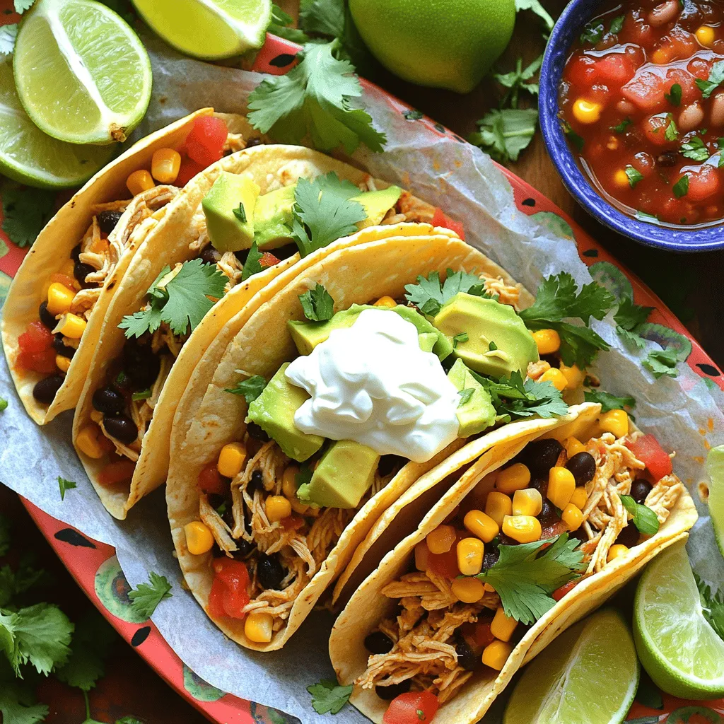 To make these tasty tacos, you need some key ingredients. Here’s what to gather: - 4 boneless, skinless chicken breasts - 1 cup corn kernels (fresh, frozen, or canned) - 1 can (15 oz) black beans, rinsed and drained - 1 cup diced tomatoes (canned or fresh) - 1 packet taco seasoning (about 1 oz) - 1 cup cream cheese, softened - 1/2 cup chicken broth (low sodium works best) - 1 tablespoon fresh lime juice - Salt and black pepper, to taste - Flour or corn tortillas, for serving Using the right seasonings makes all the difference. Taco seasoning adds great flavor. You can also mix in: - Garlic powder for depth - Onion powder for sweetness - A pinch of cayenne for heat - Fresh herbs, like cilantro, for brightness Garnishes can take your tacos to the next level. Consider these tasty options: - Fresh cilantro, finely chopped - Sliced avocado for creaminess - Lime wedges to squeeze on top - Salsa for added zest These ingredients and garnishes will help you create a delicious meal that everyone will love. Enjoy the process of gathering and preparing! To start, gather all your ingredients. You need four boneless, skinless chicken breasts. Place them flat at the bottom of your slow cooker. Next, take one cup of corn kernels. You can use fresh, frozen, or canned corn. Spread the corn evenly over the chicken. Then, rinse one can of black beans and drain them well. Add these beans on top of the corn. Now, chop one cup of tomatoes. You can use fresh or canned tomatoes. Add the diced tomatoes to the slow cooker, too. This mix will build a great base for your dish. Now for the fun part! Sprinkle one packet of taco seasoning over the ingredients. Make sure to coat the chicken well. In a separate bowl, mix one cup of softened cream cheese with half a cup of low sodium chicken broth. Add one tablespoon of fresh lime juice to the mixture. Stir until it is smooth and creamy. Carefully pour this creamy mix over everything in the slow cooker. Cover the pot with the lid. Set your slow cooker to low heat for six to seven hours. If you are in a hurry, you can set it to high heat for three to four hours. Cook until the chicken is tender and fully cooked. After the cooking time is up, it’s time to shred the chicken. Use two forks to pull the chicken apart right in the slow cooker. As you shred, mix everything together well. This helps the flavors blend nicely. Once it’s all mixed, taste your filling. Add salt and freshly ground black pepper to your liking. When it’s perfect, it’s time to serve! Spoon this creamy chicken corn filling into warm tortillas. Top each taco with fresh cilantro and sliced avocado for a tasty finish. To shred the chicken, wait until it’s fully cooked. Use two forks to pull apart the chicken right in the slow cooker. This way, it mixes well with all the flavors. Shredding in the slow cooker keeps the chicken juicy and tender. Make sure to stir everything together once shredded. This helps blend the seasonings and creates a creamy filling. You can easily change the spice level in this recipe. If you like it mild, just use less taco seasoning. For more heat, add diced jalapeños or a pinch of cayenne pepper. Always taste the mixture before serving. This lets you adjust the spices to your liking. Remember, you can always add more, but it’s hard to take away. Serve your tacos with warm flour or corn tortillas. Top them with fresh cilantro and sliced avocado for a burst of flavor. You can also add a squeeze of lime for extra zest. Consider offering a side of salsa or guacamole. This gives your guests options to personalize their tacos. For a complete meal, pair with a fresh salad or some rice. {{image_4}} You can easily swap ingredients to fit your diet. If you prefer turkey, use ground turkey instead of chicken. For a vegetarian twist, try using chickpeas or lentils. You can replace cream cheese with a dairy-free option like cashew cream for vegan tacos. For gluten-free needs, use corn tortillas instead of flour ones. These swaps keep the dish tasty while meeting dietary needs. You can also cook these tacos on the stovetop or in the oven. For stovetop cooking, sauté the chicken and veggies in a large pan. Add the cream cheese and broth, then simmer until the chicken cooks through. It will take about 20-30 minutes. If using the oven, place everything in a baking dish, cover it with foil, and bake at 350°F for about 45 minutes. Both methods give great flavor and texture. Get creative with your taco filling! You can add sautéed onions and bell peppers for extra flavor. Try mixing in jalapeños for some heat. For a sweet touch, consider pineapple or mango chunks. Fresh herbs like parsley or chives can add brightness. You can even top with shredded cheese for more richness. Each addition makes the tacos uniquely yours! To store your leftover creamy chicken corn filling, let it cool first. Place it in an airtight container. Make sure to seal it tightly. You can keep leftovers in the fridge for about three to four days. This helps keep the flavors fresh and tasty. When you're ready to eat the leftovers, take them out of the fridge. You can reheat them in the microwave or on the stovetop. If using the microwave, heat in 30-second intervals. Stir in between to ensure even warming. For the stovetop, use low heat and stir often. Add a splash of chicken broth to keep it creamy. You can freeze the creamy chicken corn filling for later meals. Place it in a freezer-safe container. Leave some space at the top for expansion. Label the container with the date. It can last for up to three months in the freezer. To use, thaw it overnight in the fridge before reheating. This way, you can enjoy a quick meal anytime! Yes, you can use frozen chicken. Just add an extra hour to the cooking time. The slow cooker will thaw and cook the chicken well. Make sure to check that the chicken reaches 165°F for safety. I like to use flour tortillas for their softness. Corn tortillas are great too, especially if you seek a gluten-free option. Both types hold the creamy filling well and taste delicious. To add heat, use a spicy taco seasoning. You can also mix in chopped jalapeños or a dash of hot sauce. Try adding cayenne pepper for extra kick. Adjust the spice level until it meets your taste. Yes, you can prepare the filling a day in advance. Just store it in the fridge. When you're ready to serve, warm it up in the microwave or on the stovetop. This makes it a great option for busy days. Absolutely! Replace the chicken with a mix of beans or lentils. Use vegetable broth instead of chicken broth. You can also add more veggies, like bell peppers or zucchini, for extra texture and flavor. This blog post covered how to make slow cooker creamy chicken corn tacos. We explored the main ingredients, seasonings, and optional garnishes. You learned step-by-step instructions for cooking and shredding chicken, plus tips to perfect each bite. We also shared storage tips and answered key FAQs. These tacos are easy to make and can fit many diets. Feel free to get creative with your ingredients! Enjoy your tasty tacos today.