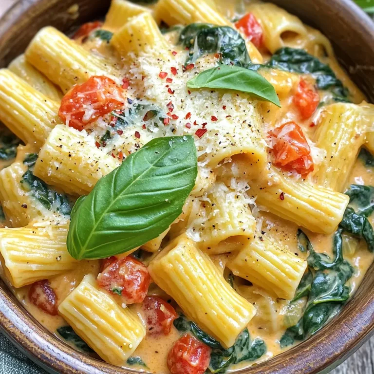To make this creamy tomato spinach pasta, you need the following: - 12 oz (340g) of your preferred pasta - 2 tablespoons of high-quality olive oil - 3 cloves of garlic, finely minced - 1 (14.5 oz) can of diced tomatoes - 4 cups of fresh spinach, washed and chopped - 1 cup of heavy cream - 1 teaspoon of Italian seasoning blend - ½ teaspoon of red pepper flakes (optional) - Salt and black pepper to taste - ½ cup of freshly grated Parmesan cheese - Fresh basil leaves for garnish I recommend using penne or fusilli pasta for this dish. They hold the sauce well, making each bite delightful. You could also try rotini or farfalle if you want a fun twist. Just ensure the pasta cooks evenly and absorbs the flavors. Don’t worry if you don’t have everything on hand. Here are some easy swaps: - Pasta: Use gluten-free pasta if needed. - Cream: Swap heavy cream for coconut cream for a dairy-free option. - Parmesan Cheese: Nutritional yeast serves as a great vegan substitute. - Spinach: Kale or Swiss chard can work in place of spinach. These changes still keep the creamy tomato spinach pasta tasty and satisfying! First, heat 2 tablespoons of olive oil in a large pot. I like to use medium heat for this step. Next, add 3 cloves of finely minced garlic. Sauté the garlic for about 1 minute. You want it to become fragrant and lightly golden. Then, pour in one can of diced tomatoes with their juices. Stir in 1 teaspoon of Italian seasoning and ½ teaspoon of red pepper flakes if you like spice. Let this mixture simmer for about 5 minutes. This allows the flavors to blend nicely. Add 12 ounces of your favorite pasta to the pot. I often use penne or fusilli, but you can choose what you like. Pour in 4 cups of water and stir everything well. Bring the mixture to a rapid boil. Once boiling, reduce the heat and cover the pot. Cook the pasta according to the package instructions, usually about 8 to 10 minutes. Stir occasionally to keep it from sticking. Aim for an al dente texture for the best bite. When the pasta is ready, add 4 cups of washed and roughly chopped spinach. Then mix in 1 cup of heavy cream or coconut cream if you prefer a dairy-free option. Cook this on low heat for about 2 to 3 minutes. You want the spinach to wilt and the sauce to become rich and creamy. Finally, remove the pot from heat and stir in ½ cup of freshly grated Parmesan cheese. Taste the sauce and adjust the seasoning with salt and black pepper as needed. Serve it hot, topped with fresh basil leaves for a lovely touch. To get the best creamy sauce, start with high-quality heavy cream. If you want a dairy-free option, coconut cream works great. Add it at the end for a rich flavor. Always stir in the cheese while the sauce is still warm. This helps it melt smoothly. If the sauce seems thick, add a splash of pasta water to loosen it. Taste and adjust the seasoning. A pinch of salt or a dash of pepper can make a big difference. To keep your creamy tomato spinach pasta fresh, let it cool first. Then place it in an airtight container. It can last in the fridge for up to three days. If you want to keep it longer, consider freezing it. Just remember that the texture might change a bit after thawing. When you reheat, do it slowly. Use low heat on the stove or in the microwave. Add a bit of water or cream to help bring back the creaminess. Serve your creamy pasta hot in big bowls. Top it with fresh basil leaves for a burst of flavor. A sprinkle of extra Parmesan cheese can enhance the taste too. Pair it with a light salad or garlic bread for a full meal. This dish also goes well with a glass of white wine. Experiment with different sides to find what you like best! {{image_4}} You can easily make this dish vegetarian or vegan. For a vegetarian option, just stick to the recipe. Use heavy cream and Parmesan cheese as listed. If you want a vegan version, swap the heavy cream for coconut cream. It gives the same creamy texture but without dairy. Instead of Parmesan, use nutritional yeast for a cheesy flavor. This way, everyone can enjoy the creamy tomato spinach pasta. If you like spice, add more red pepper flakes to the dish. Start with the suggested ½ teaspoon, then taste it. If you want more heat, add a little more. For less spice, skip the red pepper flakes altogether. Your pasta will still taste great without them. Adjusting spice levels makes this dish fit your taste perfectly. You can turn this pasta into a protein-packed meal. Add cooked chicken, shrimp, or tofu for more protein. If you choose to add chicken, make sure it's cooked before mixing it in. For shrimp, add it in the last few minutes of cooking so they don’t overcook. If you prefer tofu, use firm tofu and sauté it until golden before adding it. These options make your creamy tomato spinach pasta even more filling and satisfying. To keep your creamy tomato spinach pasta fresh, let it cool first. Then, place it in an airtight container. Store it in the fridge for up to three days. If you want to enjoy it later, be sure to label the container with the date. You can freeze this pasta dish, too! First, let it cool completely. Then, transfer it to a freezer-safe container or bag. This way, it lasts for up to three months in the freezer. When you want to eat it, just thaw it in the fridge overnight. To reheat, you can use the stovetop or microwave. If using the stovetop, place the pasta in a pan over low heat. Add a splash of water or cream to keep it moist. Stir occasionally until warm. If using the microwave, heat in short bursts, stirring in between. Enjoy your creamy pasta again! Yes, you can use gluten-free pasta. Many brands offer great options. Look for penne or fusilli shapes. Cook time may change, so check the package. Gluten-free pasta should still blend well with the creamy sauce. To make this dish dairy-free, simply swap heavy cream for coconut cream. It gives a rich taste without dairy. Use nutritional yeast instead of Parmesan for a cheesy flavor. Fresh basil remains to add freshness. You can use nutritional yeast as a vegan option. It adds a savory flavor. If you prefer a non-vegan choice, try pecorino or Grana Padano. Both will bring a wonderful taste to your creamy dish. This blog post covered all you need for a tasty dish. We explored the key ingredients, step-by-step instructions, and helpful tips to make it perfect. You learned about variations, storage methods, and answered common questions about substitutions. With this guide, you can create a delicious meal your family will love. Enjoy getting creative in the kitchen, and don't hesitate to experiment with your favorite flavors! Happy cooking!