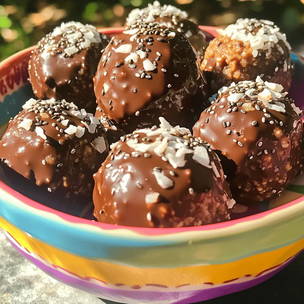 To make No-Bake Coconut Chocolate Energy Bites, you will need: - 1 cup rolled oats - 1/2 cup almond butter (or any nut/seed butter of your choice) - 1/4 cup honey or maple syrup (to taste) - 1/2 cup shredded unsweetened coconut - 1/4 cup dark chocolate chips (ensure dairy-free if required) - 1 tablespoon chia seeds (optional for added nutrition) - 1 teaspoon pure vanilla extract - A pinch of salt These simple ingredients create a tasty treat that packs energy. Each energy bite offers a balanced mix of carbs, protein, and healthy fats. You can expect: - Calories: About 100 per bite - Protein: 3 grams - Fat: 5 grams - Carbohydrates: 13 grams - Fiber: 2 grams - Sugars: 5 grams This snack is great for kids and adults alike. You can easily swap out some ingredients. Here are some ideas: - Use peanut butter instead of almond butter for a different taste. - Replace honey with agave syrup for a vegan option. - Use coconut flakes instead of shredded coconut for added texture. - Try using mini chocolate chips or dried fruit for a sweet twist. These simple swaps keep the energy bites fun and versatile! Start by gathering your ingredients. You will need rolled oats, almond butter, honey, and vanilla extract. Mix these in a large bowl. Use a spatula or wooden spoon to blend. Make sure the mixture is smooth and sticky. Next, add shredded coconut, dark chocolate chips, chia seeds, and a pinch of salt. Stir again until everything is well mixed. This is the base of your energy bites. Now comes the fun part: making the bites! With clean hands, scoop out spoonfuls of the mixture. Roll each scoop into a small ball, about one inch in size. This part can get a little messy, but that’s okay! Place the rolled balls on a baking sheet lined with parchment paper. Leave some space between each ball. This ensures they don't stick together. Once you’ve rolled all the bites, it’s time to chill them. Place the baking sheet in the fridge for at least 30 minutes. This helps them firm up nicely. After chilling, move the energy bites to an airtight container. They stay fresh in the fridge for up to a week. Perfect for quick snacks or a boost of energy on the go! To get the right texture, mix the rolled oats and almond butter well. This step is key. The mixture should feel sticky but not too wet. If it is too dry, add a bit more honey or nut butter. If it's too wet, add more oats. The right balance helps them hold together. You can add different flavors to your energy bites. Try using peanut butter instead of almond butter for a nutty twist. You can also use maple syrup for a different sweetness. Adding spices like cinnamon or cocoa powder can give them a unique taste. For a fruit kick, toss in some dried fruit or nuts. A fun way to serve these bites is to place them in a colorful bowl. You can also use skewers to make them easy to grab. For a fancy touch, sprinkle extra shredded coconut on top. This adds color and texture. Make your presentation pop to impress your guests! {{image_4}} If you want nut-free energy bites, use sunflower seed butter. This option keeps the bites tasty and safe for nut allergies. You can also swap almond butter for pumpkin seed butter. Both will still give you a great texture and flavor. You can change the flavors to fit your taste. Add dried fruit like cranberries or raisins for a sweet touch. You can also mix in seeds like flaxseed or hemp seeds for extra crunch. For those who love spice, try adding a pinch of cinnamon or a dash of sea salt to elevate the taste. To make these bites fit special diets, there are easy swaps. Use maple syrup instead of honey for a vegan option. For gluten-free bites, check that your oats are certified gluten-free. If you want to lower sugar, reduce the amount of honey or maple syrup. Each change can help meet your dietary needs while keeping the bites delicious. I find the best way to store energy bites is in an airtight container. This keeps them fresh and tasty. Place the container in the refrigerator. These bites stay good for up to a week. You can also layer parchment paper between bites for easy access. You can freeze these energy bites for longer storage. Just place them in a single layer on a baking sheet. Freeze them for about two hours until firm. Then, transfer them to a freezer-safe bag. They can last up to three months in the freezer. When you're ready to eat, let them thaw in the fridge. When stored correctly, energy bites can last up to one week in the fridge. If frozen, they can stay good for three months. Always check for any changes in smell or texture before eating. Storing them right helps maintain their yummy taste and texture. Yes, you can make these energy bites vegan. Just swap honey for maple syrup. Both sweeteners work well and keep the bites sticky. Use dairy-free chocolate chips for a vegan option. This way, everyone can enjoy them! To lower the sugar in these bites, use less honey or maple syrup. You can even skip the sweetener entirely if you want. The chocolate chips add some sweetness, so adjust the amount to your taste. You can replace almond butter with any nut or seed butter. Peanut butter, sunflower seed butter, or cashew butter work great. Each option brings its own flavor and texture. Just choose one you like! Yes, these energy bites are very kid-friendly! They are easy to eat and packed with good ingredients. Kids love the chocolate and coconut flavors. Plus, they make a fun snack for lunchboxes or after school. You now know all about making energy bites. We covered key ingredients, steps for preparation, and tips for great taste. Don’t forget the variations that let you customize based on your needs. Storing your energy bites correctly keeps them fresh longer. Whether you need a quick snack or a healthy treat, you have the tools to make it work. Enjoy experimenting with flavors and share these bites with friends! Your journey to healthier snacking starts here.