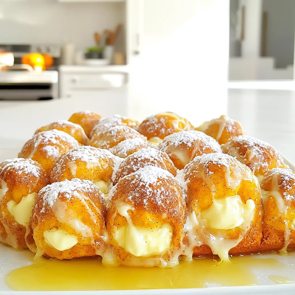 List of Ingredients - 2 cans (16 oz each) refrigerated biscuit dough - 1 cup pumpkin puree - 8 oz cream cheese, cut into small cubes - 1 cup brown sugar - 1 teaspoon ground cinnamon - ½ teaspoon ground nutmeg - ½ teaspoon ground ginger - ½ teaspoon vanilla extract - ½ cup unsalted butter, melted - 1 tablespoon maple syrup (optional) - Pinch of salt - Powdered sugar for dusting (optional) Gathering the right ingredients is key. The refrigerated biscuit dough serves as the base. It is soft and fluffy, perfect for monkey bread. Pumpkin puree adds rich flavor and moisture. Cream cheese gives a creamy surprise with each bite. Brown sugar blends with spices like cinnamon, nutmeg, and ginger, creating warmth. The vanilla extract rounds out the flavors, while melted butter adds richness. You can add maple syrup for extra sweetness. A dusting of powdered sugar on top makes it look lovely. Each ingredient plays a role in making this dish a true delight! First, preheat your oven to 350°F (175°C). This step is key for even baking. Next, grab a bundt pan and grease it well. You can use cooking spray or softened butter. This helps the bread come out easily later. In a medium bowl, mix 1 cup of pumpkin puree with ½ teaspoon of vanilla extract, 1 teaspoon of ground cinnamon, ½ teaspoon of ground nutmeg, and ½ teaspoon of ground ginger. Add a pinch of salt to the mix. Stir everything until it’s smooth. This pumpkin mixture will add flavor to your monkey bread. Now it's time to work with the biscuit dough. Open two cans of refrigerated biscuit dough. Take each piece and roll it into a ball, about the size of a golf ball. This size ensures even cooking for each piece. Next, flatten each dough ball slightly in your hands. Place a small cube of cream cheese, about 1 teaspoon, in the center of each flattened dough. This cream cheese will melt inside, making your monkey bread creamy and rich. Carefully fold the edges of the dough over the cream cheese. Pinch them to seal the dough. Make sure the cream cheese is fully enclosed. In a small bowl, mix 1 cup of brown sugar with 1 teaspoon of cinnamon. This will be the sweet coating for your dough balls. Dip each stuffed dough ball into melted butter, letting any extra drip off. Then, roll each ball in the brown sugar mixture, coating them fully. Start layering your dough balls in the greased bundt pan. Place half of the coated dough balls evenly in the pan. Drizzle half of the pumpkin mixture over this layer of dough. Now, add the remaining dough balls on top. Finish by drizzling the rest of the pumpkin mixture over this layer. To add even more flavor, sprinkle any leftover brown sugar mixture on top. If you like, drizzle the remaining melted butter over everything for extra richness. Place the bundt pan in your preheated oven. Bake for 30-35 minutes. You’ll know it’s done when the bread is golden brown. Insert a toothpick into the center; it should come out clean when it’s ready. Enjoy the warm, inviting aroma as it fills your kitchen! What common mistakes should I avoid when making monkey bread? Do not rush the dough. Make sure each ball is sealed well. If they are not sealed, the cream cheese can leak out during baking. Also, avoid overbaking. This can make the bread dry instead of soft. How can I ensure even cooking and flavor infusion? Layer the dough balls evenly in the bundt pan. Drizzle the pumpkin mixture carefully. This helps the flavors blend well. Make sure to coat each ball fully in brown sugar. This adds sweetness and a nice crust. What are fun ideas for serving and presenting the monkey bread? Serve it warm on a rustic wooden platter. This adds charm. You can also place a small dish of maple syrup on the side for drizzling. A sprinkle of powdered sugar on top looks great too. For a fresh touch, add mint leaves. What are pairing options to enhance the dining experience? Serve the monkey bread with hot drinks like coffee or tea. These drinks balance the sweetness. You can also add fresh fruit like apple slices or berries for a tasty contrast. {{image_4}} You can change this recipe easily to suit your taste. Instead of ground nutmeg, try using allspice or cardamom for a different flavor. You can also mix in some pumpkin pie spice. This spice blend adds warmth and depth to your monkey bread. If you want to adjust sweetness, you have options. Use honey or maple syrup instead of brown sugar. You can also lower the sugar amount if you prefer a less sweet treat. Just remember, the flavor changes with each sweetener. For those who need gluten-free options, find gluten-free biscuit dough at your local store. You can also use gluten-free flour to make your own dough. Just ensure all other ingredients are gluten-free as well. If you want a vegan version, swap the cream cheese with a plant-based cream cheese. You can also use vegan biscuit dough. For the butter, choose a vegan substitute like coconut oil or vegan butter. These swaps still give you a delicious pumpkin cream cheese monkey bread. To store leftover monkey bread, let it cool first. Wrap the bread in plastic wrap or foil. Place it in an airtight container. This keeps it fresh for up to three days. For the best taste, try to eat it within two days. Reheat it in the oven for the best texture. Set your oven to 350°F (175°C). Place the bread on a baking sheet. Heat for about 10-15 minutes. This warms it evenly and keeps it soft. For freezing the monkey bread, let it cool completely. Wrap it tightly in plastic wrap. Then, wrap it again in foil. This prevents freezer burn. You can freeze it for up to three months. When you are ready to eat it, take it out of the freezer. Let it thaw in the fridge overnight. To reheat, set the oven to 350°F (175°C) again. Place the thawed bread on a baking sheet. Heat for about 15-20 minutes until warm. This will help restore its yummy texture. You can skip the cream cheese for a lighter version. Use extra pumpkin puree instead. You can add more spices, like cinnamon and nutmeg, to boost flavor. Consider adding a nut or chocolate chip for a nice touch. This keeps your monkey bread soft and tasty. Yes, you can use homemade biscuit dough. Make sure it is well-chilled. This helps the dough to puff up nicely. Homemade dough may have a different texture but will still taste great. Just shape and stuff it like the refrigerated dough. Your pumpkin cream cheese monkey bread lasts about three days in the fridge. Store it in an airtight container to keep it fresh. You can reheat it in the oven or microwave for a warm treat. Yes, you can prepare it in advance! Assemble the monkey bread and cover it. Store it in the fridge overnight. Bake it the next day for a warm and fresh treat. Just add a few extra minutes to the baking time if it's cold from the fridge. This post covered everything you need to make delicious pumpkin cream cheese monkey bread. You learned about the ingredients, detailed steps to prepare and bake, plus helpful tips for best results. Exploring variations allows you to customize this treat to your tastes, while storage advice ensures you can enjoy it later. Take your time and enjoy the process. With practice, you'll impress everyone with your tasty monkey bread. Happy baking!