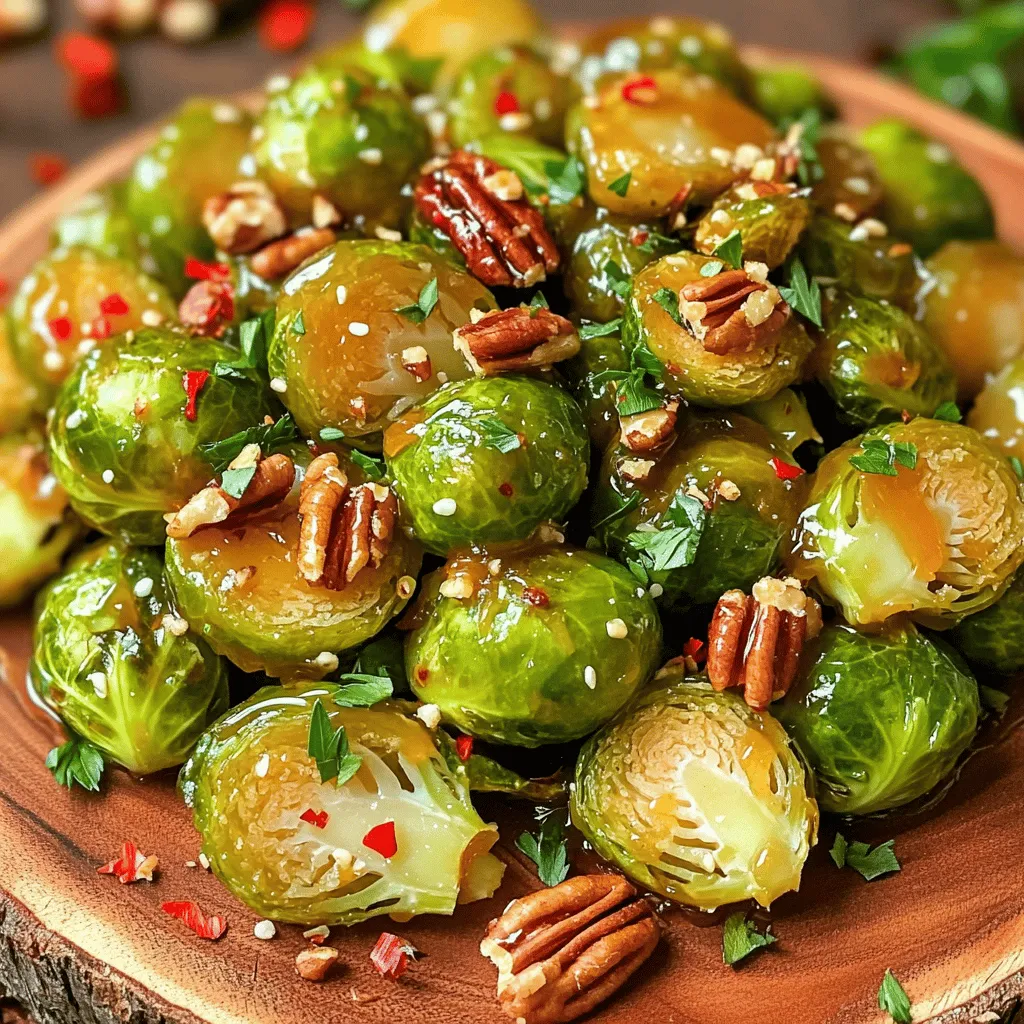 - 1 lb Brussels sprouts, trimmed and halved - 3 tablespoons olive oil - ¼ cup pure maple syrup - 2 tablespoons balsamic vinegar - ¼ teaspoon sea salt - ¼ teaspoon freshly ground black pepper - ¼ cup pecans, roughly chopped - ¼ teaspoon red pepper flakes (optional, for a spicy kick) - Fresh parsley, finely chopped for garnish If you run out of pecans, walnuts work great too. You can use apple cider vinegar in place of balsamic vinegar for a different twist. For a vegan option, check that the maple syrup is pure and free from additives. Instead of olive oil, avocado oil can also do the trick. If you want a sweeter touch, try honey if you’re not strict about vegan choices. When picking Brussels sprouts, look for bright green ones. They should feel firm and heavy in your hand. Avoid any yellow or wilted leaves; they may taste bitter. Smaller sprouts are sweeter than larger ones, so choose those for better flavor. Store them in the fridge to keep them fresh until you're ready to cook. Start by preheating your oven to 400°F (200°C). This heat is key for getting that nice caramel color on your Brussels sprouts. A hot oven helps the maple syrup create that sweet, sticky glaze we all love. Next, grab 1 pound of Brussels sprouts. Trim off the ends and slice them in half. This step lets the flavors soak in and helps them cook evenly. In a large bowl, mix the halved sprouts with 3 tablespoons of olive oil, ¼ cup of pure maple syrup, 2 tablespoons of balsamic vinegar, ¼ teaspoon of sea salt, and ¼ teaspoon of black pepper. Use your hands or a spoon to toss everything well. You want each sprout to be coated nicely for maximum flavor. Now, it's time to roast! Spread the Brussels sprouts on a baking sheet in a single layer. Make sure the cut sides are facing down. This position helps with caramelization. Roast them for 20 minutes. Halfway, give them a gentle stir for even cooking. After 20 minutes, sprinkle ¼ cup of chopped pecans and ¼ teaspoon of red pepper flakes over them. If you like heat, add the red pepper flakes! Then, roast for another 10-15 minutes until they’re tender and caramelized. Once done, let them cool slightly. If you want, drizzle a bit more maple syrup for extra sweetness. Toss them gently and transfer to a serving platter. Finish with a sprinkle of fresh parsley for color and flavor. Enjoy this tasty and healthy dish! To get that nice caramel color, start by preheating your oven to 400°F (200°C). A hot oven helps the sprouts cook evenly. When you prepare the Brussels sprouts, make sure to cut them in half. This way, the cut sides can get nice and crispy. Spread them out on your baking sheet, cut side down. This will also help with caramelization. Halfway through cooking, stir them gently to avoid burning but keep that great color. Maple syrup gives these Brussels sprouts a sweet touch. Balsamic vinegar adds a nice tang. You can also add pecans for crunch. They give a nutty flavor, which pairs well with the sweet. If you want to play with taste, try adding garlic or shallots. These will bring out more depth in the dish. Fresh parsley on top adds a pop of color and freshness. If you like some heat, red pepper flakes are a great addition. Just sprinkle a little when you add the pecans. This will give your dish a nice kick. Don’t worry if you prefer it mild; you can leave them out. Taste as you cook, and adjust the spice to your liking. Cooking should be fun, so make it your own! {{image_4}} To make this dish vegan, simply replace the balsamic vinegar with a splash of apple cider vinegar. It adds a nice tang without losing the flavor. You can also skip the pecans or use another nut, like walnuts. Both options keep the dish plant-based while still being delicious. Feel free to mix in other veggies! Carrots, sweet potatoes, or butternut squash work well. Just cut them into similar sizes as the Brussels sprouts for even cooking. The added colors make the dish more fun and tasty. Nuts add a nice crunch. Try using almonds or hazelnuts if you want a change. You can also play with spices! Garlic powder, cumin, or smoked paprika give unique flavors. Just sprinkle them in when you toss the sprouts. For a kick, add a pinch of cayenne or chili powder. These choices make your dish exciting and full of taste! To store your maple caramelized Brussels sprouts, let them cool. Place them in an airtight container. Make sure you seal it well. Store them in the refrigerator for up to three days. This keeps them fresh and tasty. You can also layer some parchment paper in between to absorb moisture. When you are ready to enjoy leftovers, preheat your oven to 350°F (175°C). Spread the Brussels sprouts on a baking sheet. Heat them in the oven for about 10-15 minutes. This helps them regain their crispness. You can also reheat them in a microwave. Just microwave for 1-2 minutes, but they may lose some texture. If you want to freeze maple caramelized Brussels sprouts, first let them cool completely. Then place them in a freezer-safe bag. Try to remove as much air as possible before sealing. They can last up to three months in the freezer. When you want to eat them, thaw in the fridge overnight before reheating. Yes, you can use frozen Brussels sprouts. However, fresh ones taste better. Frozen sprouts may not caramelize as well. To use frozen sprouts, thaw and drain them first. Pat them dry to remove excess moisture. This helps them crisp up in the oven. Brussels sprouts are done when they are tender and golden brown. You can test them with a fork. If it goes in easily, they are ready. Look for a caramelized exterior, which adds flavor. Trust your nose too; they should smell sweet and nutty. Maple caramelized Brussels sprouts pair well with many dishes. Here are some ideas: - Roast chicken or turkey - Grilled salmon or fish - Quinoa or rice dishes - A fresh green salad - Pasta with garlic and olive oil These sides enhance the sweet and savory flavors of the sprouts. Enjoy mixing and matching! In this post, we explored how to prepare delicious Maple Caramelized Brussels Sprouts. We covered the right ingredients and fresh selection tips. You learned step-by-step instructions for roasting, enhancing flavors, and achieving that perfect caramelization. I shared variations, storage tips, and answered common questions. Now, you can confidently cook and enjoy this tasty side dish. Make it your own by trying different flavors and serving options. With these tips, your Brussels sprouts will impress everyone at the table. Enjoy your cooking adventure!