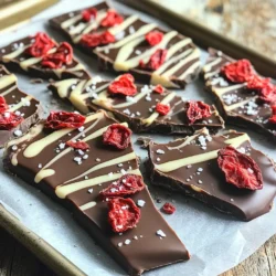 - 2 cups dark chocolate chips - 1 cup white chocolate chips - 1 cup freeze-dried strawberries - 1 teaspoon coconut oil - Sea salt for a finishing touch - Microwave-safe bowls - Baking sheet - Parchment paper - Spatula First, line a baking sheet with parchment paper. Let the paper hang over the edges. This makes it easy to lift the bark later. The parchment keeps the chocolate from sticking to the sheet. Next, take a microwave-safe bowl. Add the dark chocolate chips. If you want, add a teaspoon of coconut oil for smoothness. Microwave the bowl in 30-second bursts. Stir it well after each time. Keep going until the chocolate is silky and smooth. Now, carefully pour the melted dark chocolate onto the lined baking sheet. Use a spatula to spread it evenly. Aim for about a 1/4 inch thick layer. Now, melt the white chocolate chips in another bowl. Use the same microwave technique. Once smooth, drizzle the white chocolate over the dark layer. This creates a lovely marbled look. Evenly sprinkle the freeze-dried strawberries on top. Gently press them down to stick well to the chocolate. Lightly sprinkle sea salt over the entire bark. This adds a nice touch to the flavor. Place the baking sheet in the fridge for about 30 minutes. This helps the chocolate set. Once firm, lift the parchment paper to remove the bark. Break it into rustic pieces for a fun presentation. Using coconut oil helps chocolate melt smoother. When you mix it with dark chocolate chips, it gives a nice shine. This small addition makes your bark look great. If you skip it, the chocolate may not melt as well. Temperature plays a big role too. Make sure your chocolate isn’t too hot. If it is, it can burn and taste bad. Microwave in 30-second bursts. Stir between each burst. This keeps the heat even. Serve your chocolate bark on a nice platter. It looks great when you break it into rustic pieces. You can also pair it with fresh strawberries. The bright color adds charm. Scatter a few freeze-dried strawberries around for a fun touch. To make it special, use a decorative box. Wrap it with a ribbon for gifts. Everyone will love its look! You can add more toppings to make it your own. Try nuts, seeds, or mini marshmallows. Each adds a new twist to the bark. For chocolate variations, consider using milk chocolate chips. They give a sweeter taste. You can also mix different chocolates together. The more you experiment, the better it gets! {{image_4}} You can use different types of chocolate for this bark. Dark chocolate gives a rich taste. Milk chocolate is sweeter and creamier. If you want a fun twist, try using white chocolate. Each choice changes the flavor. You can mix and match them, too. This lets you create a bark that fits your taste. Adding toppings can make your bark even better. Nuts and seeds add crunch and flavor. Almonds and pecans work well. You can also try sunflower seeds for a nut-free option. Dried fruits are another great choice. Consider using cranberries or blueberries for a fruity kick. Each topping adds a unique taste and texture. You can customize your bark for different times of the year. For holidays, try fun designs. Use red and green sprinkles for Christmas or pastel colors for Easter. You can also shape the bark into hearts for Valentine’s Day. This makes your treat special for any occasion. Personalizing your bark will impress your friends and family. To keep your chocolate covered strawberry bark fresh, store it in an airtight container. This method helps prevent moisture from ruining the texture. You can keep it at room temperature for up to a week. Avoid placing it in direct sunlight or near heat sources. This will help maintain its taste and crunchiness. If you want to extend the shelf life, refrigerate the bark. In an airtight container, it can last for two weeks. Just remember to let it sit at room temperature for a few minutes before eating. This makes it taste better and easier to break apart. If you have leftover bark that has lost its shine, you can melt it down. Place it in a microwave-safe bowl. Heat it in short bursts of 15 seconds, stirring in between. This helps the chocolate melt evenly. Once melted, you can pour it into a new shape or mix in fresh ingredients to create something new! You can use fresh strawberries, but there are upsides and downsides. Fresh strawberries add great flavor and juice. However, they can make the bark soggy. This happens because fresh strawberries have more moisture than freeze-dried ones. If you still want to use them, slice them thin. Pat them dry with a paper towel. This helps reduce the moisture. Chocolate bark lasts about a week at room temperature. It stays fresh longer if you keep it in the fridge. In the fridge, it can last up to two weeks. Always store it in an airtight container. This keeps it safe from air and moisture. Yes, you can make this bark ahead of time. It is a great treat for parties or gifts. Make it one to two days before your event. Just store it properly in an airtight container. This way, it stays fresh and tasty. You can create delicious chocolate bark using simple ingredients and tools. With dark and white chocolate, plus freeze-dried strawberries, you can make a sweet treat. Remember to line your baking sheet and melt chocolate carefully. Add toppings like nuts for extra crunch. Overall, this recipe is fun and easy. It allows for creativity with flavors and presentation. Enjoy experimenting with variations and toppings. Your homemade chocolate bark will impress anyone! Store it right to keep it fresh and tasty. Now, get ready to share your treat!