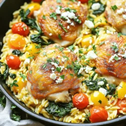 Here’s what you need for this dish: - 2 tablespoons extra virgin olive oil - 4 boneless, skinless chicken thighs - Sea salt and freshly cracked black pepper to taste - 1 teaspoon dried oregano - Zest and juice of 1 fresh lemon - 1 bell pepper (any color), diced into bite-sized pieces - 1 small red onion, diced - 3 cloves garlic, minced - 1 cup uncooked orzo pasta - 3 cups low-sodium chicken broth - 1 cup cherry tomatoes, halved - 1 cup fresh spinach leaves - 1/4 cup feta cheese, crumbled - Chopped fresh parsley for garnish You can swap chicken thighs for chicken breasts if you prefer. They will still taste great. For a lighter dish, you can use zucchini noodles instead of orzo. If you want to skip the feta cheese, try goat cheese or omit it completely. For a more robust flavor, add more garlic or herbs like thyme. Using fresh ingredients makes a big difference. Fresh lemon juice brightens the dish. Fresh spinach adds a nice color and crunch. When you pick ripe tomatoes, they will burst with flavor. Fresh herbs really lift the dish. For the best taste, always choose the freshest options you can find. First, heat 2 tablespoons of olive oil in a large skillet over medium-high heat. While the oil heats, season 4 chicken thighs with sea salt, black pepper, and 1 teaspoon of dried oregano. When the oil shimmers, add the chicken thighs. Sear them for 5-6 minutes on each side until they turn golden brown. Once done, remove them from the pan and place them on a plate. In the same skillet, add 1 diced bell pepper and 1 small diced red onion. Sauté these for 3-4 minutes until they soften and the onions look clear. Next, add 3 minced garlic cloves and sauté for another minute until the garlic smells great. Once the veggies are tender, stir in 1 cup of uncooked orzo pasta. Let it toast for about a minute. Gradually pour in 3 cups of low-sodium chicken broth, along with the zest and juice of 1 fresh lemon. Mix everything well to spread the orzo evenly. Return the browned chicken thighs to the pan, placing them into the orzo mix. Bring the dish to a gentle simmer. Cover the pan and lower the heat. Cook for 15-20 minutes, stirring occasionally, until the orzo is al dente and absorbs most of the liquid. After the orzo cooks, gently fold in 1 cup of halved cherry tomatoes and 1 cup of fresh spinach leaves. Cook for another 2-3 minutes until the spinach wilts and the tomatoes warm up. Before serving, sprinkle the dish with 1/4 cup of crumbled feta cheese. Add chopped fresh parsley for a pop of color. For a rustic touch, serve directly from the skillet or plate into bowls. Garnish with extra lemon slices and parsley for a bright finish. Enjoy your meal! To get the best taste from your One-Pan Greek Lemon Chicken Orzo, use fresh herbs. Fresh oregano adds a bright note that dried herbs can’t match. Also, don’t skip the lemon zest; it gives a burst of flavor that makes this dish pop. When cooking, taste as you go. This way, you can adjust the salt and pepper to your liking. Adding a splash of lemon juice at the end brightens the dish even more. For juicy chicken, start with even-sized pieces. I recommend using boneless, skinless chicken thighs. They stay moist and cook evenly. When searing, don't overcrowd the pan. This helps develop a nice crust. Make sure the oil is hot before adding the chicken. You want that golden-brown color! After searing, let the chicken rest for a few minutes before adding it back to the pan. This helps keep the juices inside. To keep your orzo from sticking, stir it well after adding the broth. Use a wooden spoon to break up any clumps. Cooking it with sufficient liquid helps too. I suggest checking the orzo a few minutes before the cooking time ends. If it seems too dry, add a splash of extra broth or water. Stirring occasionally during cooking also helps prevent sticking. Remember, the goal is tender orzo that soaks up all that flavor! {{image_4}} You can easily switch up the protein in this dish. Try using shrimp, fish, or even turkey. If you like lamb, it works well too. Just adjust the cooking time based on what you choose. For shrimp, cook until they turn pink. For fish, ensure it flakes easily with a fork. If you want a meatless meal, replace the chicken with chickpeas or tofu. Both options add protein and texture. You can sauté the chickpeas with the veggies or add cubed tofu near the end to warm it through. This keeps the dish filling and hearty. Enhancing flavors is key! Add olives for a briny kick. Fresh herbs like dill or mint brighten the dish. You can also sprinkle in some red pepper flakes for heat. A splash of white wine while cooking gives depth to the sauce. Each tweak can make this dish feel new and exciting! After enjoying your One-Pan Greek Lemon Chicken Orzo, let it cool down. Store leftovers in an airtight container. It stays fresh in the fridge for up to three days. Be sure to separate chicken and orzo for better storage. To reheat, use the stove or microwave. If using the stove, add a splash of chicken broth. Heat gently over low heat, stirring often. In the microwave, cover the dish and warm in short bursts. Stir in between to heat evenly. You can freeze this dish, but it’s best to freeze before adding spinach and tomatoes. Store in a freezer-safe container for up to three months. When ready to eat, thaw overnight in the fridge and reheat as mentioned above. Yes, you can use brown rice. Brown rice adds a nutty flavor and a chewy texture. However, it takes longer to cook than orzo. You should adjust the cooking time to about 40-45 minutes. Make sure to add more broth to keep it moist. To spice things up, add red pepper flakes or cayenne pepper. Start with a pinch and taste as you go. You can also use spicy sausage instead of chicken for a kick. Another option is to add diced jalapeños when sautéing the veggies. If you don't have feta, try goat cheese or ricotta. Both will add creaminess and flavor. You can also use grated Parmesan for a different taste. For a dairy-free option, try nutritional yeast sprinkled on top. To change the serving size, just multiply the ingredients. If you want to cook for six, multiply each ingredient by 1.5. Make sure your pan is large enough to hold everything. Adjust the cooking time slightly if needed, especially for the orzo. This blog post covered key aspects of cooking with fresh ingredients. I shared a detailed list of what you need and options for substitutions. You learned how to cook chicken and veggies step by step, while ensuring great flavor and texture. Tips for perfecting your dish will help it stand out. You can also explore variations for different diets. Finally, I explained how to store and reheat leftovers safely. Following these tips will lead to tasty meals you’ll enjoy every time. Cooking can be simple and fun!