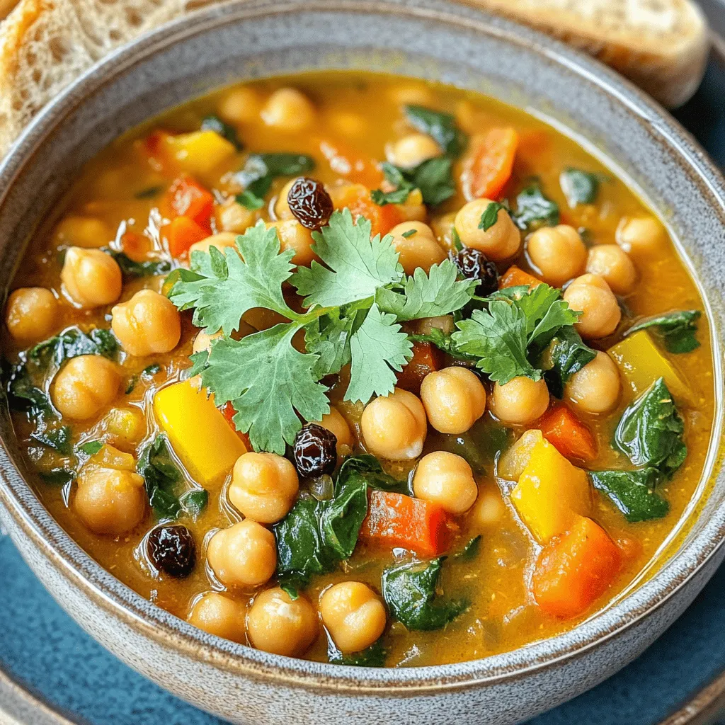 - 2 cans (15 oz each) chickpeas, thoroughly drained and rinsed - 1 large onion, finely diced - 3 cloves garlic, minced - 2 medium-sized carrots, diced into small cubes - 1 bell pepper, preferably red or yellow, diced - 1 can (14 oz) of diced tomatoes with their juices - 2 cups of vegetable broth - 2 tablespoons of extra virgin olive oil - 2 teaspoons ground cumin - 1 teaspoon ground coriander - 1 teaspoon smoked paprika - ½ teaspoon ground cinnamon - 1 teaspoon turmeric - Fresh salt and black pepper to taste - 1 cup fresh spinach leaves, roughly chopped - ¼ cup fresh cilantro, finely chopped (for garnish) - ¼ cup raisins This stew has a rich and warm flavor. The spices like cumin and coriander create a savory base. Smoked paprika adds a slight depth, while cinnamon brings warmth. The tomatoes provide acidity, balancing the dish. Fresh spinach and cilantro add brightness. Finally, raisins offer a sweet contrast to the savory notes. If you don't have chickpeas, you can use lentils. They cook faster and are still healthy. For the broth, vegetable or chicken broth works well. If you like more heat, add a pinch of cayenne pepper. You can replace spinach with kale or Swiss chard. If you want a different texture, try adding sweet potatoes. 1. Heat 2 tablespoons of extra virgin olive oil in a large pot over medium heat. Wait until it shimmers. 2. Add 1 large, finely diced onion. Sauté it for about 5 minutes. You want it to be soft and fragrant. 3. Stir in 3 minced garlic cloves, 2 diced carrots, and 1 diced bell pepper. Cook for another 5 minutes. 4. Sprinkle in 2 teaspoons of ground cumin, 1 teaspoon of ground coriander, 1 teaspoon of smoked paprika, ½ teaspoon of ground cinnamon, and 1 teaspoon of turmeric. Stir well for 1-2 minutes. 5. Pour in 1 can of diced tomatoes with juices, 2 cups of vegetable broth, and 2 cans of rinsed chickpeas. Season with fresh salt and black pepper. 6. Increase heat until it boils gently. Then reduce to low. Cover and let cook for 25-30 minutes. 7. After simmering, stir in 1 cup of roughly chopped spinach and ¼ cup of raisins. Cook for 2-3 minutes until spinach wilts. 8. Taste and adjust seasoning if needed. Serve hot and garnish with ¼ cup of finely chopped cilantro. - Prep Time: 10 minutes - Cooking Time: 30 minutes - Total Time: 40 minutes - Servings: This recipe serves 4 people. - Use fresh spices for the best flavor. - Make sure to rinse the chickpeas well to remove any canning liquid. - Adjust salt and pepper to your taste before serving. - Serve with warm, crusty bread or fluffy couscous to soak up the stew. - Don't skip the cilantro garnish; it adds a fresh finish. To make your Moroccan chickpea stew shine, always start with fresh veggies. Use ripe tomatoes and crisp bell peppers. Sauté your onions until soft, as this builds a great base. Don't rush the spice step; let them bloom for flavor. This helps release their oils and aroma. Lastly, taste your stew before serving. Adjust the seasoning for the best results. For this stew, a large pot or Dutch oven works best. It holds heat evenly and allows for slow cooking. A sharp knife helps with chopping vegetables quickly. Use a cutting board to keep your counters clean. A wooden spoon is great for stirring and mixing. Having measuring spoons ensures your spices are just right. If you prefer a milder stew, use less smoked paprika and cumin. You can add a pinch of sugar to balance flavors if it's too spicy. If you like heat, add a dash of cayenne or chili flakes. Always add spices slowly, tasting as you go. This way, you can find the perfect heat level for your palate. {{image_4}} You can add protein to your Moroccan chickpea stew for more flavor and nutrition. Here are some great choices: - Chicken: Diced chicken breast works well. Add it after the onions and cook until browned. - Lamb: Ground lamb adds a rich taste. Brown it before adding the veggies. - Fish: Firm fish like cod or salmon can be added in the last 10 minutes. - Tofu: For a plant-based option, use extra-firm tofu. Cube it and sauté with the veggies. These proteins blend well with the spices and create a hearty meal. This stew is easy to make vegetarian or vegan. Here are some ideas: - Vegetarian: Stick to the original recipe. Just make sure to use vegetable broth. - Vegan: The recipe is already vegan. All ingredients are plant-based. - Add more veggies: Consider adding zucchini, sweet potatoes, or peas for extra color and nutrients. These adaptations keep the stew both healthy and delicious. Chickpea stew varies by region, adding unique flavors. Here are some interesting twists: - Spanish: Add chorizo and saffron for a smoky, rich taste. - Italian: Include diced tomatoes, basil, and a splash of balsamic vinegar. - Indian: Spice it up with garam masala, ginger, and coconut milk for a creamy texture. - Middle Eastern: Use tahini, lemon juice, and serve with pita bread for a zesty kick. Each regional twist brings new life to your chickpea stew. To keep your Moroccan chickpea stew fresh, store it in an airtight container. Let the stew cool down first. Once it’s cool, seal it well. Place it in the fridge. It will last for about 3 to 5 days. If you want to enjoy it later, consider freezing it. When you're ready to eat, you can reheat the stew easily. Pour it into a pot. Heat it over low to medium heat. Stir it often to avoid sticking. If it seems thick, add a splash of water or broth. You can also microwave it. Use a microwave-safe bowl. Heat it for 1-2 minutes, stirring halfway through. If you have extra stew, freezing is a great option. Divide the stew into portions. Use freezer-safe bags or containers. Remove as much air as you can. Label each bag with the date. The stew can stay in the freezer for up to 3 months. When you want to eat it, thaw it overnight in the fridge. Then, reheat it as described above. Enjoy the flavors all over again! To make Moroccan Chickpea Stew, heat olive oil in a pot. Add diced onion and cook until soft. Next, stir in garlic, carrots, and bell pepper. Cook for five more minutes. Then, add spices like cumin, coriander, and paprika. Mix well and cook for another two minutes. Pour in diced tomatoes and vegetable broth. Add rinsed chickpeas and season with salt and pepper. Bring to a boil, then simmer for 25-30 minutes. Finally, stir in spinach and raisins. Cook until spinach wilts. Serve hot with fresh cilantro on top. Yes, you can use dried chickpeas. Just soak them overnight. The next day, cook them until tender. This will take about 1-2 hours. After they soften, drain and rinse them. Then, follow the same steps as the canned chickpeas in the recipe. Using dried chickpeas adds a fresh taste and a great texture. You can serve this stew with warm, crusty bread. It soaks up the flavors well. Fluffy couscous is another great choice. You can also add a side salad for crunch. A dollop of yogurt on top can make it creamier and balance the spices. Enjoy your meal! Moroccan Chickpea Stew is a dish full of flavor and good for you. We covered ingredients, cooking steps, and tips for success. I shared ways to change the recipe and store leftovers well. You can make this stew your own by trying different proteins or spices. Remember, cooking should be fun! Enjoy experimenting with these ideas. This dish is simple and delicious, perfect for all.