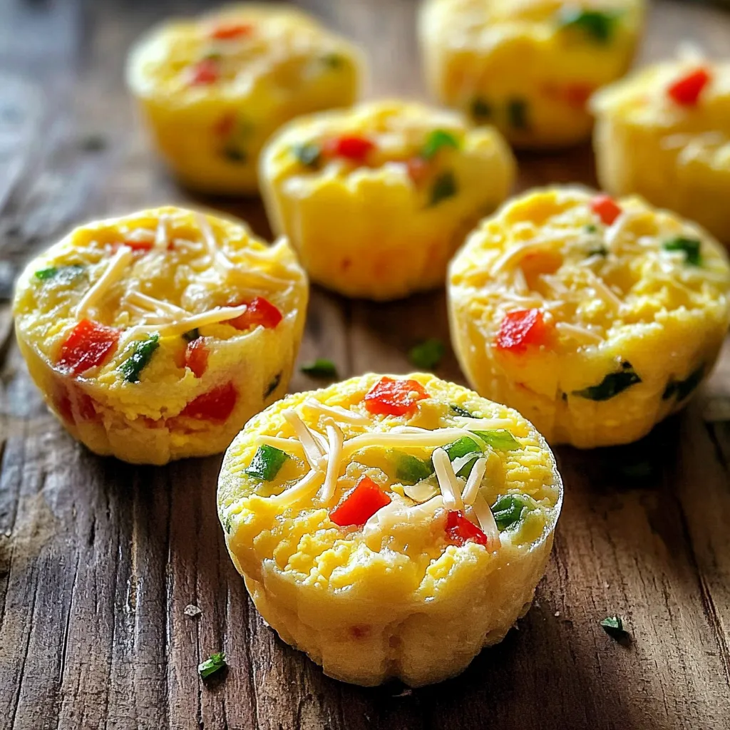 - 6 large egg whites - 1/2 cup low-fat cottage cheese - 1/4 cup shredded cheese - 1/4 cup diced bell peppers (red and green) - 1/4 cup fresh spinach - Seasoning options (garlic powder, onion powder, salt, pepper) - Cooking spray or silicone muffin molds - Equipment needed (muffin tin, mixing bowl) The main ingredients create a fluffy and tasty bite. The egg whites give this dish its lightness. Cottage cheese adds creaminess and protein. Shredded cheese enhances the flavor, making these bites irresistible. For extra nutrition and color, I love adding bell peppers and spinach. They bring a pop of freshness. You can use any color of bell pepper you prefer. The seasoning options like garlic and onion powder bring out the taste. Just a pinch of salt and pepper can make a big difference. You need some baking essentials to make this recipe easy. Cooking spray helps the bites release from the molds. Silicone muffin molds make things simple too. Just place them on a baking sheet for easy handling. These ingredients combine to create a healthy snack or breakfast. You can easily customize based on your taste. Enjoy the fun of making your own version at home! First, you need to preheat your oven to 350°F (175°C). This step is key for even baking. Next, grab a large mixing bowl. In it, mix 6 large egg whites and 1/2 cup low-fat cottage cheese. Whisk them well until smooth. Now, it’s time to add flavor. Toss in 1/4 cup shredded cheese, 1/4 cup diced bell peppers, and 1/4 cup fresh spinach. Don’t forget the seasonings! Sprinkle in 1/4 teaspoon garlic powder, 1/4 teaspoon onion powder, and season with salt and black pepper. Stir everything together until well combined. Now, let’s prepare to bake. Lightly grease a muffin tin or use silicone muffin molds. This will help the bites come out easily. Carefully pour the egg mixture into the molds. Fill each one about three-quarters full. This will allow room for the bites to puff up while baking. Place the tin in the oven and bake for 20 to 25 minutes. Keep an eye on them. They should be set and start pulling away from the edges. Once they're done, take the muffin tin out of the oven. Let the bites cool for about 5 minutes. This cooling time helps them come out without breaking. For a great look, arrange the egg bites on a colorful platter. You can add a sprig of parsley or basil on top for a fresh touch. Serve warm or with a side of salsa for a tasty kick. Enjoy your homemade egg white bites! How do I whisk egg whites effectively? To whisk egg whites well, start with a clean bowl. Any grease can ruin the fluffiness. Use a hand whisk or electric mixer on high speed. Whisk until soft peaks form. This means the egg whites should hold a shape but still be shiny. Why is mixing ingredients thoroughly important? Mixing is key to even flavor. If you don’t mix well, some bites might taste plain. Stir until you can’t see any white from the egg whites or cottage cheese. This step ensures every bite is creamy and flavorful. What additional spices or herbs complement the recipe? You can add spices like paprika or chili powder for a kick. Fresh herbs like chives or basil add a nice touch too. These will make your bites even more tasty and colorful. What are good substitutions for cheese and vegetables? You can use goat cheese or feta if you want a different taste. For veggies, try mushrooms or zucchini. These add unique flavors and keep the dish fresh and exciting. What are the best ways to serve, including garnishing and side options? Serve the bites warm on a colorful platter. Garnish with a sprig of fresh parsley or basil. This adds a nice color and freshness to your dish. What are some pairing suggestions for a complete meal? You can pair these bites with a side of fresh salsa or avocado. A light salad can also make a great side. This adds more nutrition and makes your meal feel complete. {{image_4}} You can change the cheese to suit your taste. Goat cheese adds a tangy flavor. Feta cheese also works well for a salty kick. If you want a dairy-free option, use vegan cheese. It melts nicely and keeps the bites creamy. Just pick a type you enjoy. Feel free to mix in different vegetables. Mushrooms add a nice earthiness. Zucchini gives a fresh taste. You can even use seasonal veggies like asparagus in spring or roasted squash in fall. These swaps keep your bites exciting and packed with nutrients. If you want more protein, add cooked meats like ham or turkey. Plant-based proteins like black beans or lentils are great too. If you add these extras, you may need to bake a bit longer. Keep an eye on the bites to ensure they cook evenly. To store your egg white bites, let them cool first. Then place them in an airtight container. They stay fresh for about 4 days in the fridge. Keep them away from strong-smelling foods to avoid absorbing odors. You can freeze egg white bites for later. Wrap each bite in plastic wrap. Then, place them in a freezer-safe bag. They last up to 2 months. When you're ready to eat, thaw them in the fridge overnight. This helps keep their texture. For reheating, the microwave is fast and easy. Heat each bite for 30 seconds. Check if it's warm enough, then add more time if needed. You can also use the oven. Preheat it to 350°F (175°C) and heat for about 10 minutes. This keeps the bites fluffy and delicious. Yes, you can use whole eggs. Whole eggs give a richer taste. The bites will also have a creamier texture. Egg whites are lighter and fluffier. Whole eggs add more fat and calories. Try both to see which you like best. To make it dairy-free, swap cottage cheese for silken tofu. Use dairy-free cheese blends instead of regular cheese. Nutritional yeast adds a cheesy flavor without dairy. These swaps keep the bites creamy and tasty. Pair your egg bites with fresh fruit, like berries or melon. A green salad also adds fiber and vitamins. Whole grain toast or avocado slices can provide healthy fats. These sides make your meal more balanced and filling. Look for a firm texture. The bites should pull away from the mold edges. A toothpick should come out clean when inserted in the center. If they jiggle too much, give them more time in the oven. Yes, these egg bites are great for meal prep. You can bake them and store in the fridge. They last for about a week in an airtight container. Just reheat them in the microwave or oven before serving. This makes busy mornings easier! You now have all the tools to make delicious copycat Starbucks egg white bites. From choosing fresh ingredients to storing leftovers, every step matters. Remember, you can mix and match flavors to suit your taste. Don't hesitate to get creative with veggies and cheeses. Enjoy these bites as a tasty meal or snack. You’ll appreciate how easy they are to make and how good they taste. Happy cooking!