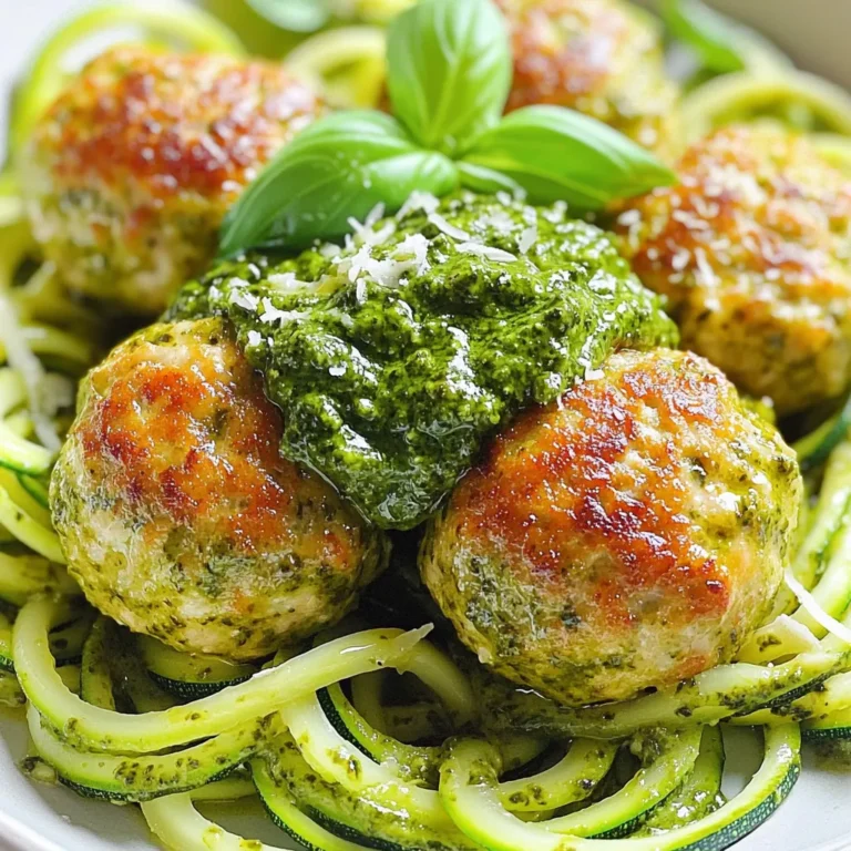 Here’s what you need to make these tasty pesto Parmesan chicken meatballs: - Ground chicken (1 lb) - Pesto sauce (1/2 cup) - Finely grated Parmesan cheese (1/2 cup) - Breadcrumbs (1/2 cup) - Egg (1 large, beaten) - Minced garlic (3 cloves) - Italian seasoning (1 teaspoon) - Salt and black pepper (to taste) - Olive oil (for drizzling and cooking) These simple ingredients come together to create a dish full of flavor. The ground chicken is lean and light. Pesto sauce adds a rich, herby taste. Parmesan cheese gives it a salty kick. Breadcrumbs help bind everything together. The egg holds the meatballs firm. Garlic and Italian seasoning bring in extra flavor. Salt and black pepper round it all off. Lastly, olive oil helps with cooking and adds a nice shine. Start by taking a large bowl. Add 1 pound of ground chicken. Next, pour in 1/2 cup of pesto sauce. Then, add in 1/2 cup of breadcrumbs and 1/2 cup of finely grated Parmesan cheese. Now, it’s time to mix in the flavor. Add 3 minced garlic cloves, 1 large beaten egg, and 1 teaspoon of Italian seasoning. Don’t forget a good pinch of salt and freshly ground black pepper. Use your hands to gently mix everything together. Be careful not to overmix. This helps keep your meatballs tender and juicy. Before shaping, moisten your hands slightly. This stops the mixture from sticking. Take a handful of the mix and form meatballs about 1 to 1.5 inches wide. Place them on a baking sheet lined with parchment paper. Leave space between the meatballs. This helps them cook evenly. Now, preheat your oven to 400°F (200°C). This step is key for nice, even cooking. When the oven is hot, drizzle olive oil over the meatballs. This helps them get a beautiful, crispy finish. Bake the meatballs for 20 to 25 minutes. Check that they reach an internal temperature of 165°F (75°C). They should be golden brown on the outside. Once done, let them cool for a few minutes before serving. To keep meatballs tender, avoid overmixing the ingredients. Overmixing makes them tough. You want to combine the ground chicken, pesto, cheese, breadcrumbs, garlic, egg, and seasonings just until everything is mixed. Look for a slightly sticky texture. This shows you mixed it enough. Drizzling olive oil on the meatballs is key for a crispy outside. Use a light hand; too much oil can make them greasy. Line your baking sheet with parchment paper before placing the meatballs. This helps prevent sticking and makes cleanup easy. Serve your meatballs on a bed of spiralized zucchini noodles or pasta. This adds color and makes the dish pop. Drizzle extra pesto on top for added flavor. Finish with fresh basil leaves and more grated Parmesan cheese for a beautiful touch. {{image_4}} You can swap ground chicken for turkey or beef. Turkey gives a leaner option. Beef adds a richer taste. Both work well in this recipe. For cheese, try mozzarella or feta. Each brings a unique flavor to the meatballs. Want to spice things up? Add red pepper flakes for heat. Mix in some smoked paprika for depth. You can also sneak in finely chopped veggies. Spinach or bell peppers add color and nutrients. These meatballs shine with pasta, rice, or salads. They are great on a bed of zoodles. Toss them in marinara or creamy sauces. A drizzle of pesto on top makes it special. Enjoy them however you like! After making pesto parmesan chicken meatballs, store leftovers in the fridge. Place them in an airtight container. They stay fresh for about 3 to 4 days. If you want to keep them longer, freezing is a great option. Wrap each meatball in plastic wrap, then place them in a freezer bag. They can last up to 3 months in the freezer. Just remember to label your bags with the date. To enjoy your meatballs again, reheating is key. The best methods are using the oven or microwave. For the oven, preheat to 350°F (175°C). Place the meatballs on a baking sheet, cover with foil, and heat for about 10-15 minutes. If using a microwave, place them in a microwave-safe dish. Heat in short bursts, about 30 seconds at a time. To keep meatballs moist, add a splash of water or broth before reheating. This helps them stay juicy. Always check the internal temperature. They should reach 165°F (75°C) to be safe to eat. Enjoy your tasty leftovers! Yes, you can make pesto chicken meatballs ahead of time. Simply prepare the meatballs and place them on a baking sheet. Cover them and keep them in the fridge for up to two days. You can also freeze them for longer storage. Just make sure to thaw them before cooking. This saves time on busy days and helps you enjoy a quick meal. You have many options to serve with these meatballs. Here are some great ideas: - Pasta, like spaghetti or penne - Spiralized zucchini noodles - A fresh green salad - Rice or quinoa - Garlic bread for a classic touch Each of these pairs well with the rich flavors of the meatballs. Check the internal temperature of the meatballs to know they are cooked. They should reach 165°F (75°C). You can use a meat thermometer for accuracy. The outside of the meatballs should be golden brown. If you cut one in half, the center should be no longer pink. Yes, baking is a great option for these meatballs. It keeps them healthy and easy to prepare. Preheat your oven to 400°F (200°C). Arrange the meatballs on a baking sheet and bake for 20-25 minutes. Baking gives a nice crispy texture without the need for frying. These meatballs are not gluten-free due to the breadcrumbs. However, you can easily make them gluten-free. Use gluten-free breadcrumbs instead. This way, you can enjoy these delicious meatballs without worry. This blog post covered making tasty pesto chicken meatballs. We went over the key ingredients, mixing and baking steps, plus tips for perfect meatballs. I shared ideas for variations and how to store leftovers. Remember, the right mix makes tender meatballs, and a drizzle of olive oil can help with crispiness. Cooking is fun and these meatballs are a great meal! Get creative with flavors and enjoy your cooking.