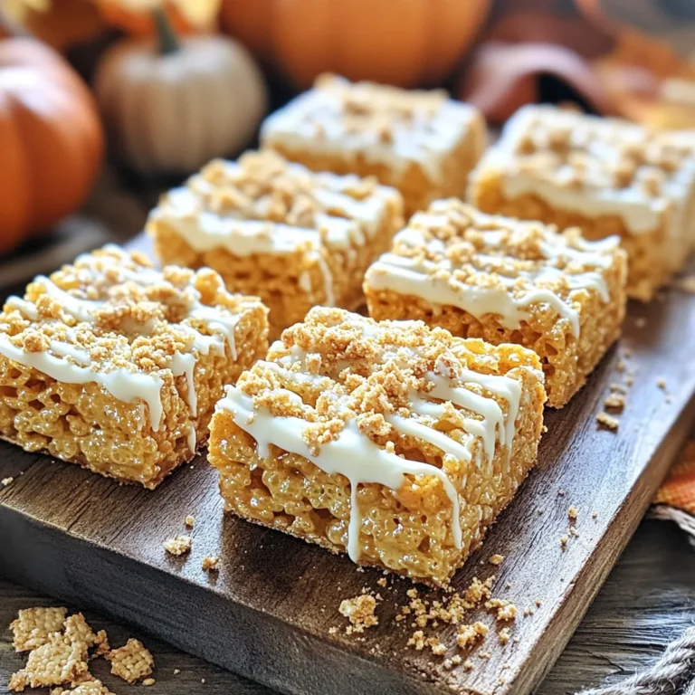 - 3 tablespoons unsalted butter - 1 package (10 oz) mini marshmallows - 1 teaspoon pumpkin spice blend - 6 cups Rice Krispies cereal - 1/4 teaspoon sea salt - 1/3 cup crushed graham crackers (optional, for added texture) - 1/4 cup white chocolate chips (optional, for drizzling) Gathering the right ingredients is key for making Brown Butter Pumpkin Spice Rice Krispie Treats. Start with unsalted butter. It helps control the salt in your treats. Next, get a package of mini marshmallows. These melt easily and create a sticky base. The pumpkin spice blend adds that warm, cozy flavor that screams fall. Rice Krispies cereal is a must. It gives the treats their iconic crunch. A touch of sea salt balances the sweetness, making each bite delightful. You can also add crushed graham crackers for some extra texture. Lastly, if you want a sweet drizzle, pick up some white chocolate chips. The combination of these ingredients creates a treat that is not just tasty but also fun to make. Each ingredient plays a role in building flavor and texture. So, make sure to have everything ready before you start cooking. To make brown butter, start with unsalted butter. Place three tablespoons in a large saucepan over medium heat. Stir the butter often as it melts. Watch closely as the color changes. After about five to seven minutes, the butter will turn a golden brown. It will also smell nutty. This is the key to great flavor! Do not walk away. If you burn the butter, your treats will taste bitter. Once your butter is browned, remove the pan from the heat. Quickly add the whole package of mini marshmallows. Also, add one teaspoon of pumpkin spice blend. Stir the mixture well. Keep stirring until the marshmallows melt completely. You want a smooth blend. This may take a few minutes, but it is worth it! Now it’s time to add the Rice Krispies. Pour in six cups of cereal and a pinch of sea salt. If you want extra crunch, sprinkle in a third cup of crushed graham crackers. Gently fold the mixture. Make sure all the Rice Krispies are coated. Once mixed, pour everything into a greased 9x13-inch baking pan. Use a spatula or your hands to press the mixture down firmly. Wet your hands slightly to avoid stickiness. This will help your treats hold their shape. For perfect Rice Krispie Treats, aim for a gooey yet firm mix. The key is the butter and marshmallow ratio. Use just enough marshmallows to coat the Rice Krispies without making them soggy. If you want a fun crunch, add crushed graham crackers. About 1/3 cup gives a nice texture without overpowering the marshmallow flavor. Drizzling white chocolate adds a sweet touch and looks great. Simply melt 1/4 cup of white chocolate chips in the microwave. Use a spoon to drizzle over the treats for a lovely finish. For serving, a tiered dessert stand makes them shine. Wrap each square in parchment paper tied with twine for a rustic charm. To keep your treats from being hard or sticky, don’t overcook the mixture. Remove it from the heat as soon as the marshmallows melt. For browning butter, watch carefully. Cook it until it turns golden brown with a nutty scent, about 5-7 minutes. Stir often to avoid burning. {{image_4}} To make gluten-free Brown Butter Pumpkin Spice Rice Krispie Treats, use gluten-free Rice Krispies. You can also check for gluten-free mini marshmallows. They are often available in stores. For a different crunch, try using gluten-free corn puffs or puffed rice cereal. Both offer a tasty base without gluten. You can change the spices to fit your mood. Try adding cinnamon or nutmeg for a twist. Just a pinch can elevate the flavor. If you love chocolate, mix in some chocolate chips. Dark or milk chocolate works well. You can also fold in dried fruit for a chewy touch. For vegan or dairy-free treats, substitute the unsalted butter with coconut oil. Use vegan marshmallows for a fully plant-based option. They melt just like regular marshmallows. You can also use different marshmallow types, such as flavored ones for a fun twist. Adjusting these elements makes your treats fit many diets. To keep your Brown Butter Pumpkin Spice Rice Krispie Treats fresh, follow these tips: - Use airtight containers. They help keep moisture out and treats soft. - Store at room temperature. This keeps the texture just right. - Avoid the fridge. Cold temperatures can make them hard. - Layer with parchment paper. If stacking, use paper to prevent sticking. If you have leftovers, freezing is a great option. Here’s how: 1. Cut into squares before freezing. This makes it easy to grab a treat later. 2. Wrap each square tightly in plastic wrap or foil. This prevents freezer burn. 3. Place in a freezer-safe bag or container. Label it with the date. To thaw, take the treats out and let them sit at room temperature for a few hours. If they feel hard, pop them in the microwave for a few seconds. This brings back their soft, gooey goodness. Enjoy! Brown Butter Pumpkin Spice Rice Krispie Treats stay fresh for about 3 days at room temperature. Store them in an airtight container. This keeps them soft and chewy. If you want them to last longer, store them in the fridge. They can last up to a week when chilled. Yes, you can use regular butter. Just be mindful of the salt in your recipe. If you use salted butter, skip the sea salt in the mixture. This helps keep the flavor balanced and tasty. For a vegan option, you can use vegan marshmallows. They melt well and taste great. Another choice is to use a mixture of cashew cream and maple syrup. This gives a similar sweet and creamy texture in your treats. Brown Butter Pumpkin Spice Rice Krispie Treats are fun to make, and they can fit many diets. If you need more tips, feel free to ask! You learned how to make Brown Butter Pumpkin Spice Rice Krispie Treats. We covered key ingredients, techniques for browning butter, and tips for a great texture. You now know how to store and freeze your treats, ensuring they stay fresh. Remember, you can customize these treats with different flavors and dietary options. Get creative and enjoy making these tasty snacks for any occasion. Happy cooking!