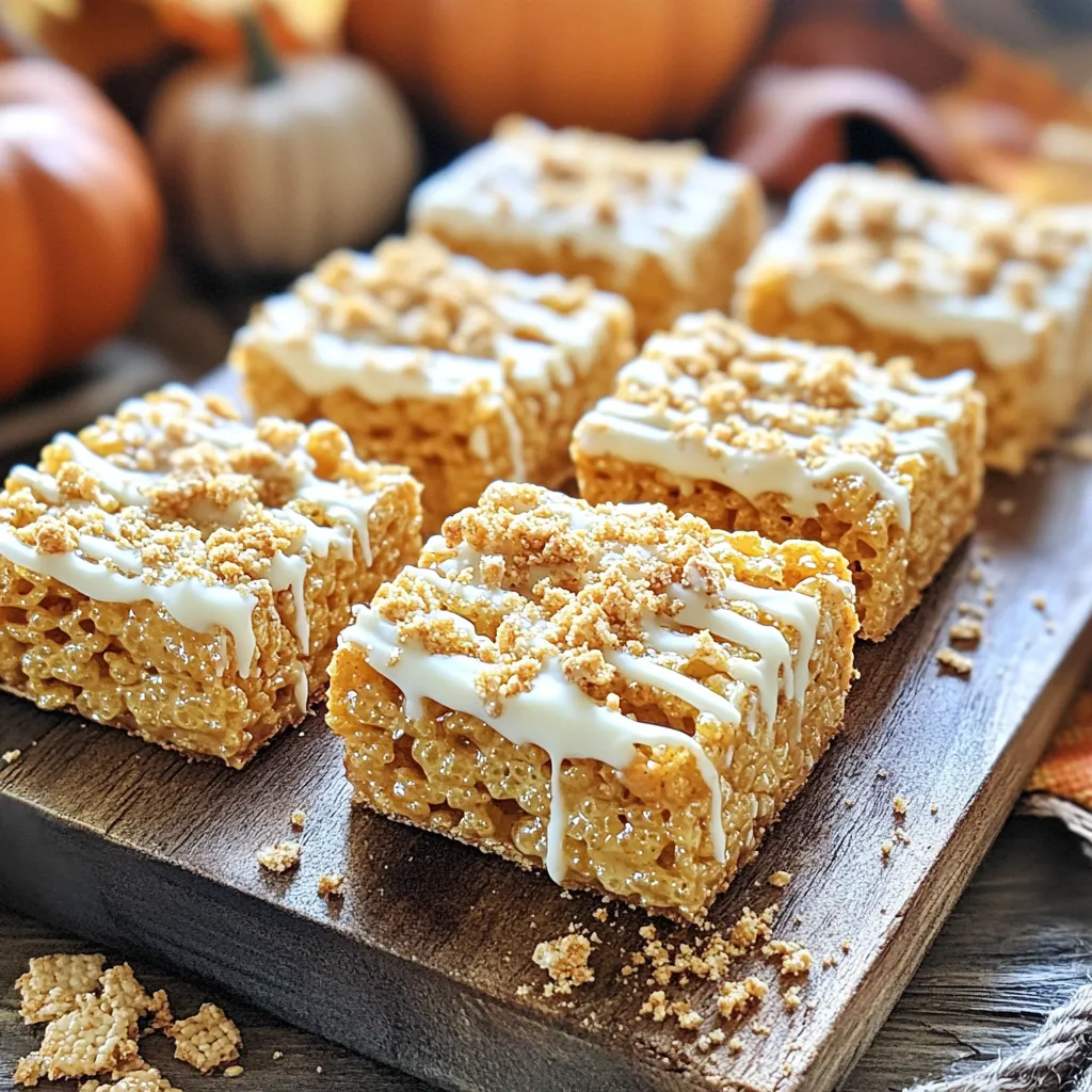 - 3 tablespoons unsalted butter - 1 package (10 oz) mini marshmallows - 1 teaspoon pumpkin spice blend - 6 cups Rice Krispies cereal - 1/4 teaspoon sea salt - 1/3 cup crushed graham crackers (optional, for added texture) - 1/4 cup white chocolate chips (optional, for drizzling) Gathering the right ingredients is key for making Brown Butter Pumpkin Spice Rice Krispie Treats. Start with unsalted butter. It helps control the salt in your treats. Next, get a package of mini marshmallows. These melt easily and create a sticky base. The pumpkin spice blend adds that warm, cozy flavor that screams fall. Rice Krispies cereal is a must. It gives the treats their iconic crunch. A touch of sea salt balances the sweetness, making each bite delightful. You can also add crushed graham crackers for some extra texture. Lastly, if you want a sweet drizzle, pick up some white chocolate chips. The combination of these ingredients creates a treat that is not just tasty but also fun to make. Each ingredient plays a role in building flavor and texture. So, make sure to have everything ready before you start cooking. To make brown butter, start with unsalted butter. Place three tablespoons in a large saucepan over medium heat. Stir the butter often as it melts. Watch closely as the color changes. After about five to seven minutes, the butter will turn a golden brown. It will also smell nutty. This is the key to great flavor! Do not walk away. If you burn the butter, your treats will taste bitter. Once your butter is browned, remove the pan from the heat. Quickly add the whole package of mini marshmallows. Also, add one teaspoon of pumpkin spice blend. Stir the mixture well. Keep stirring until the marshmallows melt completely. You want a smooth blend. This may take a few minutes, but it is worth it! Now it’s time to add the Rice Krispies. Pour in six cups of cereal and a pinch of sea salt. If you want extra crunch, sprinkle in a third cup of crushed graham crackers. Gently fold the mixture. Make sure all the Rice Krispies are coated. Once mixed, pour everything into a greased 9x13-inch baking pan. Use a spatula or your hands to press the mixture down firmly. Wet your hands slightly to avoid stickiness. This will help your treats hold their shape. For perfect Rice Krispie Treats, aim for a gooey yet firm mix. The key is the butter and marshmallow ratio. Use just enough marshmallows to coat the Rice Krispies without making them soggy. If you want a fun crunch, add crushed graham crackers. About 1/3 cup gives a nice texture without overpowering the marshmallow flavor. Drizzling white chocolate adds a sweet touch and looks great. Simply melt 1/4 cup of white chocolate chips in the microwave. Use a spoon to drizzle over the treats for a lovely finish. For serving, a tiered dessert stand makes them shine. Wrap each square in parchment paper tied with twine for a rustic charm. To keep your treats from being hard or sticky, don’t overcook the mixture. Remove it from the heat as soon as the marshmallows melt. For browning butter, watch carefully. Cook it until it turns golden brown with a nutty scent, about 5-7 minutes. Stir often to avoid burning. {{image_4}} To make gluten-free Brown Butter Pumpkin Spice Rice Krispie Treats, use gluten-free Rice Krispies. You can also check for gluten-free mini marshmallows. They are often available in stores. For a different crunch, try using gluten-free corn puffs or puffed rice cereal. Both offer a tasty base without gluten. You can change the spices to fit your mood. Try adding cinnamon or nutmeg for a twist. Just a pinch can elevate the flavor. If you love chocolate, mix in some chocolate chips. Dark or milk chocolate works well. You can also fold in dried fruit for a chewy touch. For vegan or dairy-free treats, substitute the unsalted butter with coconut oil. Use vegan marshmallows for a fully plant-based option. They melt just like regular marshmallows. You can also use different marshmallow types, such as flavored ones for a fun twist. Adjusting these elements makes your treats fit many diets. To keep your Brown Butter Pumpkin Spice Rice Krispie Treats fresh, follow these tips: - Use airtight containers. They help keep moisture out and treats soft. - Store at room temperature. This keeps the texture just right. - Avoid the fridge. Cold temperatures can make them hard. - Layer with parchment paper. If stacking, use paper to prevent sticking. If you have leftovers, freezing is a great option. Here’s how: 1. Cut into squares before freezing. This makes it easy to grab a treat later. 2. Wrap each square tightly in plastic wrap or foil. This prevents freezer burn. 3. Place in a freezer-safe bag or container. Label it with the date. To thaw, take the treats out and let them sit at room temperature for a few hours. If they feel hard, pop them in the microwave for a few seconds. This brings back their soft, gooey goodness. Enjoy! Brown Butter Pumpkin Spice Rice Krispie Treats stay fresh for about 3 days at room temperature. Store them in an airtight container. This keeps them soft and chewy. If you want them to last longer, store them in the fridge. They can last up to a week when chilled. Yes, you can use regular butter. Just be mindful of the salt in your recipe. If you use salted butter, skip the sea salt in the mixture. This helps keep the flavor balanced and tasty. For a vegan option, you can use vegan marshmallows. They melt well and taste great. Another choice is to use a mixture of cashew cream and maple syrup. This gives a similar sweet and creamy texture in your treats. Brown Butter Pumpkin Spice Rice Krispie Treats are fun to make, and they can fit many diets. If you need more tips, feel free to ask! You learned how to make Brown Butter Pumpkin Spice Rice Krispie Treats. We covered key ingredients, techniques for browning butter, and tips for a great texture. You now know how to store and freeze your treats, ensuring they stay fresh. Remember, you can customize these treats with different flavors and dietary options. Get creative and enjoy making these tasty snacks for any occasion. Happy cooking!