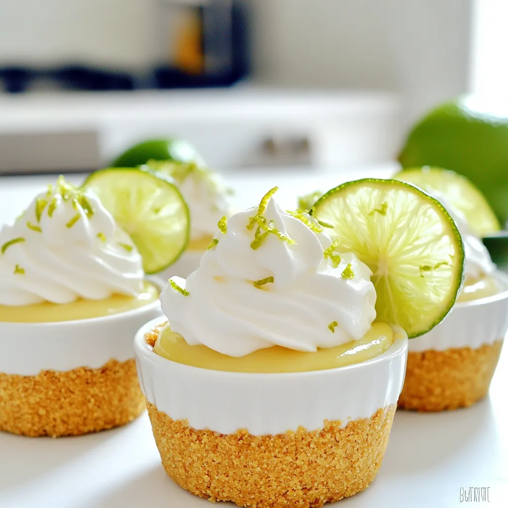 - 1 cup graham cracker crumbs - 4 tablespoons unsalted butter, melted - 1 can (14 oz) sweetened condensed milk - 1/2 cup sour cream - 1/2 cup fresh key lime juice The key to a great No Bake Key Lime Pie Cup lies in its ingredients. First, we need graham cracker crumbs for a tasty crust. The unsalted butter adds richness and helps bind the crumbs. Sweetened condensed milk brings sweetness and a creamy texture. Adding sour cream gives a nice tang to balance the sweetness. Finally, fresh key lime juice is a must for that zesty kick. - Whipped cream - Lime slices - Extra key lime zest Garnishing is where you can get creative! Whipped cream adds a fluffy topping. Lime slices bring freshness and color. Extra key lime zest enhances the flavor and looks beautiful on top. You can mix and match these garnishes to suit your taste. Start by mixing the graham cracker crumbs and melted butter. In a medium bowl, combine 1 cup of graham cracker crumbs with 4 tablespoons of unsalted butter. Stir until it looks like wet sand. This is the base for your cups. Next, you will form the crust in each serving cup. Spoon about one heaping tablespoon of the crumb mixture into each cup. Use the back of a spoon or your fingers to press it down firmly. Aim for a nice, even layer at the bottom of 6 to 8 cups. Now it’s time to make the key lime filling. In a separate bowl, combine 1 can of sweetened condensed milk, 1/2 cup of sour cream, and 1/2 cup of fresh key lime juice. Add the zest of 2 key limes and 1 teaspoon of vanilla extract. Whisk everything together until it is smooth and well mixed. This filling will be creamy and tangy. Pour the filling over the crust in each cup. Carefully fill them right to the top. Make sure not to spill any on the sides. Now, let’s chill the cups to set the filling. Cover each cup with plastic wrap and place them in the fridge for at least 4 hours. This helps the filling firm up nicely, making it easier to enjoy when you serve them. Using fresh key lime juice makes a big difference. It gives your pie cups a bright, tangy taste. You can use regular limes if key limes are hard to find. The zest from the limes adds an extra burst of flavor. Whisk the filling until it is smooth. Start slowly to mix the ingredients well. This step is key to avoiding lumps. A smooth filling creates a creamy texture. It makes each bite delightful. To get an even crust, press the mixture firmly. Use the back of a spoon or your fingers. Aim for a flat base in each cup. This helps keep the crust intact when you serve. You can try different crusts too. Use crushed cookies instead of graham crackers. Oreos or vanilla wafers work well. Each choice gives your pie a unique twist. {{image_4}} You can easily change the flavor of your No Bake Key Lime Pie Cups. One fun option is to add coconut flavor. Simply mix in half a cup of shredded coconut into your filling. This gives a tropical twist that pairs well with the tangy lime. Another idea is using different citrus juices. If you want a twist, try using orange or grapefruit juice. Each juice adds its own unique flavor. Just remember to adjust the sweetness based on the juice you choose. You can serve these treats in many ways. Individual cups are perfect for parties. They are easy to grab and eat. On the other hand, you can make one large pie. This option works well for family gatherings. Just pour the filling into a pie dish instead of cups. When it comes to toppings, feel free to get creative. You can use alternative toppings for different occasions. For a holiday feel, add crushed candy canes or fresh berries. For a summer cookout, try fresh mint leaves or toasted coconut. Each topping adds a special touch to your dessert. To keep your No Bake Key Lime Pie Cups fresh, store them in the fridge. Use an airtight container to prevent any odors from affecting the taste. If you have leftover cups, they can last up to 3 days in the refrigerator. Just remember to cover them well to keep them creamy and delicious. Yes, you can freeze No Bake Key Lime Pie Cups! To do this, place them in a freezer-safe container. Wrap each cup tightly in plastic wrap before sealing. For the best taste and texture, eat them within a month. Thaw them overnight in the fridge before enjoying. This way, you can savor the fresh taste even after freezing. Yes, you can use regular limes. The flavor will be a bit different. Key limes are sweeter and more fragrant. If you use regular limes, the taste will be more tart. You might want to adjust the sugar in your recipe. Adding a little more sweetened condensed milk can help balance the flavor. The cups need at least 4 hours in the fridge. This chilling time helps the filling firm up. For best results, let them chill overnight. This makes the flavors blend well together, giving a tasty treat. You can use Greek yogurt as a substitute. It gives a similar tangy taste and creamy texture. If you want a dairy-free option, try coconut cream. It adds a nice flavor and works well. This blog post covered the key ingredients and steps for making No Bake Key Lime Pie Cups. You learned about essential items like graham cracker crumbs and fresh key lime juice. We explored tips for perfecting the filling and crust, plus fun variations to try. In the end, these cups are easy to make and delicious to eat. Enjoy crafting your treat and share it with friends! Your culinary adventure awaits, so dive in and create something special.