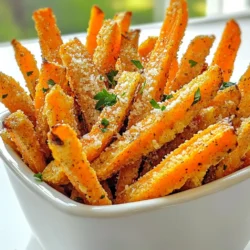 - 4 large carrots - 2 tablespoons extra virgin olive oil - 3 cloves garlic - 1 teaspoon smoked paprika - 1/2 teaspoon sea salt - 1/4 teaspoon freshly ground black pepper - 1/4 cup freshly grated Parmesan cheese - 1 tablespoon fresh parsley To make these garlic Parmesan carrot fries, you need fresh, simple ingredients. The carrots are the star, so choose four large ones. Peel them and slice them into fry shapes. This will help them cook evenly and get that nice crisp. Next, grab two tablespoons of extra virgin olive oil. This oil adds flavor and helps the fries crisp up in the air fryer. You also want three cloves of garlic. Mince them finely to spread that yummy garlic taste throughout the fries. For seasoning, you need one teaspoon of smoked paprika, which gives a warm flavor. Half a teaspoon of sea salt enhances all the other tastes. Add a sprinkle of freshly ground black pepper, about a quarter teaspoon, for a bit of heat. Finally, you’ll want a quarter cup of freshly grated Parmesan cheese. This will create a cheesy crust that is simply divine. Don’t forget about one tablespoon of fresh parsley for garnish. It adds color and a fresh taste to your dish. With these ingredients, you’re ready to create a delightful and healthy snack that everyone will enjoy! Set your air fryer to 400°F (200°C) and let it preheat for about 5 minutes. Preheating is key because it helps cook the fries evenly. You want that perfect crisp on the outside while keeping them tender inside. First, peel the large carrots. Then cut them into fry-shaped pieces, about 1/4 inch wide. This size helps them cook evenly. In a big bowl, add the carrot fries. Drizzle with 2 tablespoons of extra virgin olive oil. Next, add 3 cloves of minced garlic, 1 teaspoon of smoked paprika, 1/2 teaspoon of sea salt, and 1/4 teaspoon of black pepper. Toss everything well so the carrots are fully coated in this tasty mix. Now, add 1/4 cup of freshly grated Parmesan cheese to the bowl. Toss again to make sure the cheese sticks to each fry. This gives your fries a cheesy crust that you will love. Place the carrot fries in a single layer in the air fryer basket. Avoid overcrowding them. This allows hot air to flow around each fry, giving you that nice, crispy texture. Cook the fries for 15 to 18 minutes. Halfway through, gently shake the basket. This step helps them cook evenly and get that golden brown color. Once they look golden and crispy, take them out and let them rest for a few minutes. This cooling time helps them stay crunchy. Enjoy your delicious garlic Parmesan carrot fries! To get the best crispy carrot fries, avoid overcrowding the fryer. When fries sit too close, steam builds up. This makes them soggy instead of crispy. Place them in a single layer. If you have a lot, cook in batches. Every air fryer cooks a bit differently. If yours runs hot, check the fries earlier. If the fries are not crispy yet, add a few more minutes. Always shake the basket halfway through to ensure even cooking. You can add extra seasonings for more flavor. Consider adding a pinch of cayenne for heat or Italian herbs for a twist. Mix and match spices to find your favorite blend. Adjust the garlic and cheese to taste. If you love garlic, add an extra clove. For a lighter cheese flavor, use less Parmesan. Taste the mixture before cooking to find your perfect balance. Serving matters! Try placing the fries in a rustic basket or on a wooden board. Add parchment paper for a nice touch. This adds charm and makes the dish stand out. Dipping sauces can elevate your fries. Try ranch, garlic aioli, or spicy ketchup. These sauces add a fun twist to each bite. {{image_4}} You can switch carrots for sweet potatoes or zucchini. Sweet potatoes add a sweet taste, while zucchini gives a fresh crunch. - For sweet potatoes, cut them into fry shapes like carrots. - Use the same amount of olive oil and seasonings. - Cook a bit longer, around 18-20 minutes, to get them crispy. Zucchini fries need a little more care. They hold more water. - Cut zucchini thicker to avoid sogginess. - Use the same oil and seasonings but reduce cooking time to 12-15 minutes. To make this recipe dairy-free, skip the Parmesan. - Instead, try nutritional yeast for a cheesy flavor. - You can also use a plant-based cheese that melts well. Simply sprinkle the nutritional yeast or cheese after coating the fries. It adds a nutty taste without the dairy. Want some heat? Add chili flakes or cayenne pepper to the mix. - Start with 1/4 teaspoon and adjust to your taste. - For a fun twist, mix in smoked paprika for a smoky flavor. You can also try adding garlic powder or onion powder. These will give the fries a deeper flavor, making them even more delicious. To keep your carrot fries fresh, store them in an airtight container. Place a paper towel inside to absorb moisture. The fries will stay tasty for up to three days in the fridge. If you want to keep them longer, freezing is a great option. For the best flavor, reheat your fries in the air fryer. Set it to 350°F and heat for about 5-7 minutes. This keeps them crispy. If you use the oven, preheat it to 375°F, and bake for about 10 minutes. A microwave works too, but it may make them soft. Yes, you can freeze carrot fries! First, let them cool completely. Spread them on a baking sheet and freeze for about an hour. Once frozen, transfer them to a freezer bag. To reheat, just air fry them from frozen at 400°F for about 12-15 minutes. Enjoy your tasty, crispy fries anytime! Yes, you can use frozen carrots. However, there are a few things to keep in mind. Frozen carrots tend to have more moisture than fresh ones. This can make your fries less crispy. To counter this, thaw the carrots first. After thawing, pat them dry with a towel. This helps remove excess water before cooking. Then, follow the same steps in the recipe for coating and air frying. For crispier fries, here are some tips: - Don’t overcrowd the basket. Allow air to flow around each fry. - Increase cooking time by a few minutes. Just keep an eye on them to avoid burning. - Use cornstarch. Toss the carrots in a small amount of cornstarch before adding oil and seasonings. This can create a nice crunchy layer. - Make sure your air fryer is preheated. This helps achieve that golden color and crunch. Garlic Parmesan carrot fries pair well with many dishes. Here are some ideas: - Serve them as a side with grilled chicken or fish. - They make a great snack with ranch or garlic dip. - Pair with a fresh salad for a light meal. - Enjoy them alongside burgers for a fun twist on fries. Feel free to get creative with your pairings! This blog post covered how to make tasty air fryer carrot fries. We explored the main ingredients and step-by-step instructions. I shared tips for achieving crispy fries and suggested fun variations. You learned storage info and answered FAQs. Involving yourself in this easy recipe will bring fun to your cooking. Air fryer carrot fries are delicious and healthy. Enjoy them as a snack or side dish any time!