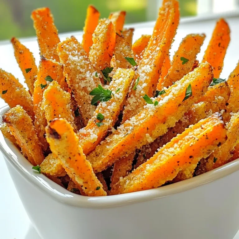 - 4 large carrots - 2 tablespoons extra virgin olive oil - 3 cloves garlic - 1 teaspoon smoked paprika - 1/2 teaspoon sea salt - 1/4 teaspoon freshly ground black pepper - 1/4 cup freshly grated Parmesan cheese - 1 tablespoon fresh parsley To make these garlic Parmesan carrot fries, you need fresh, simple ingredients. The carrots are the star, so choose four large ones. Peel them and slice them into fry shapes. This will help them cook evenly and get that nice crisp. Next, grab two tablespoons of extra virgin olive oil. This oil adds flavor and helps the fries crisp up in the air fryer. You also want three cloves of garlic. Mince them finely to spread that yummy garlic taste throughout the fries. For seasoning, you need one teaspoon of smoked paprika, which gives a warm flavor. Half a teaspoon of sea salt enhances all the other tastes. Add a sprinkle of freshly ground black pepper, about a quarter teaspoon, for a bit of heat. Finally, you’ll want a quarter cup of freshly grated Parmesan cheese. This will create a cheesy crust that is simply divine. Don’t forget about one tablespoon of fresh parsley for garnish. It adds color and a fresh taste to your dish. With these ingredients, you’re ready to create a delightful and healthy snack that everyone will enjoy! Set your air fryer to 400°F (200°C) and let it preheat for about 5 minutes. Preheating is key because it helps cook the fries evenly. You want that perfect crisp on the outside while keeping them tender inside. First, peel the large carrots. Then cut them into fry-shaped pieces, about 1/4 inch wide. This size helps them cook evenly. In a big bowl, add the carrot fries. Drizzle with 2 tablespoons of extra virgin olive oil. Next, add 3 cloves of minced garlic, 1 teaspoon of smoked paprika, 1/2 teaspoon of sea salt, and 1/4 teaspoon of black pepper. Toss everything well so the carrots are fully coated in this tasty mix. Now, add 1/4 cup of freshly grated Parmesan cheese to the bowl. Toss again to make sure the cheese sticks to each fry. This gives your fries a cheesy crust that you will love. Place the carrot fries in a single layer in the air fryer basket. Avoid overcrowding them. This allows hot air to flow around each fry, giving you that nice, crispy texture. Cook the fries for 15 to 18 minutes. Halfway through, gently shake the basket. This step helps them cook evenly and get that golden brown color. Once they look golden and crispy, take them out and let them rest for a few minutes. This cooling time helps them stay crunchy. Enjoy your delicious garlic Parmesan carrot fries! To get the best crispy carrot fries, avoid overcrowding the fryer. When fries sit too close, steam builds up. This makes them soggy instead of crispy. Place them in a single layer. If you have a lot, cook in batches. Every air fryer cooks a bit differently. If yours runs hot, check the fries earlier. If the fries are not crispy yet, add a few more minutes. Always shake the basket halfway through to ensure even cooking. You can add extra seasonings for more flavor. Consider adding a pinch of cayenne for heat or Italian herbs for a twist. Mix and match spices to find your favorite blend. Adjust the garlic and cheese to taste. If you love garlic, add an extra clove. For a lighter cheese flavor, use less Parmesan. Taste the mixture before cooking to find your perfect balance. Serving matters! Try placing the fries in a rustic basket or on a wooden board. Add parchment paper for a nice touch. This adds charm and makes the dish stand out. Dipping sauces can elevate your fries. Try ranch, garlic aioli, or spicy ketchup. These sauces add a fun twist to each bite. {{image_4}} You can switch carrots for sweet potatoes or zucchini. Sweet potatoes add a sweet taste, while zucchini gives a fresh crunch. - For sweet potatoes, cut them into fry shapes like carrots. - Use the same amount of olive oil and seasonings. - Cook a bit longer, around 18-20 minutes, to get them crispy. Zucchini fries need a little more care. They hold more water. - Cut zucchini thicker to avoid sogginess. - Use the same oil and seasonings but reduce cooking time to 12-15 minutes. To make this recipe dairy-free, skip the Parmesan. - Instead, try nutritional yeast for a cheesy flavor. - You can also use a plant-based cheese that melts well. Simply sprinkle the nutritional yeast or cheese after coating the fries. It adds a nutty taste without the dairy. Want some heat? Add chili flakes or cayenne pepper to the mix. - Start with 1/4 teaspoon and adjust to your taste. - For a fun twist, mix in smoked paprika for a smoky flavor. You can also try adding garlic powder or onion powder. These will give the fries a deeper flavor, making them even more delicious. To keep your carrot fries fresh, store them in an airtight container. Place a paper towel inside to absorb moisture. The fries will stay tasty for up to three days in the fridge. If you want to keep them longer, freezing is a great option. For the best flavor, reheat your fries in the air fryer. Set it to 350°F and heat for about 5-7 minutes. This keeps them crispy. If you use the oven, preheat it to 375°F, and bake for about 10 minutes. A microwave works too, but it may make them soft. Yes, you can freeze carrot fries! First, let them cool completely. Spread them on a baking sheet and freeze for about an hour. Once frozen, transfer them to a freezer bag. To reheat, just air fry them from frozen at 400°F for about 12-15 minutes. Enjoy your tasty, crispy fries anytime! Yes, you can use frozen carrots. However, there are a few things to keep in mind. Frozen carrots tend to have more moisture than fresh ones. This can make your fries less crispy. To counter this, thaw the carrots first. After thawing, pat them dry with a towel. This helps remove excess water before cooking. Then, follow the same steps in the recipe for coating and air frying. For crispier fries, here are some tips: - Don’t overcrowd the basket. Allow air to flow around each fry. - Increase cooking time by a few minutes. Just keep an eye on them to avoid burning. - Use cornstarch. Toss the carrots in a small amount of cornstarch before adding oil and seasonings. This can create a nice crunchy layer. - Make sure your air fryer is preheated. This helps achieve that golden color and crunch. Garlic Parmesan carrot fries pair well with many dishes. Here are some ideas: - Serve them as a side with grilled chicken or fish. - They make a great snack with ranch or garlic dip. - Pair with a fresh salad for a light meal. - Enjoy them alongside burgers for a fun twist on fries. Feel free to get creative with your pairings! This blog post covered how to make tasty air fryer carrot fries. We explored the main ingredients and step-by-step instructions. I shared tips for achieving crispy fries and suggested fun variations. You learned storage info and answered FAQs. Involving yourself in this easy recipe will bring fun to your cooking. Air fryer carrot fries are delicious and healthy. Enjoy them as a snack or side dish any time!