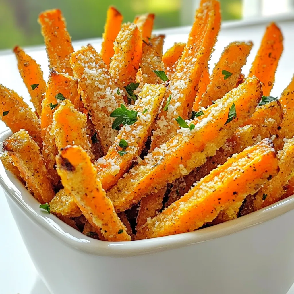 - 4 large carrots - 2 tablespoons extra virgin olive oil - 3 cloves garlic - 1 teaspoon smoked paprika - 1/2 teaspoon sea salt - 1/4 teaspoon freshly ground black pepper - 1/4 cup freshly grated Parmesan cheese - 1 tablespoon fresh parsley To make these garlic Parmesan carrot fries, you need fresh, simple ingredients. The carrots are the star, so choose four large ones. Peel them and slice them into fry shapes. This will help them cook evenly and get that nice crisp. Next, grab two tablespoons of extra virgin olive oil. This oil adds flavor and helps the fries crisp up in the air fryer. You also want three cloves of garlic. Mince them finely to spread that yummy garlic taste throughout the fries. For seasoning, you need one teaspoon of smoked paprika, which gives a warm flavor. Half a teaspoon of sea salt enhances all the other tastes. Add a sprinkle of freshly ground black pepper, about a quarter teaspoon, for a bit of heat. Finally, you’ll want a quarter cup of freshly grated Parmesan cheese. This will create a cheesy crust that is simply divine. Don’t forget about one tablespoon of fresh parsley for garnish. It adds color and a fresh taste to your dish. With these ingredients, you’re ready to create a delightful and healthy snack that everyone will enjoy! Set your air fryer to 400°F (200°C) and let it preheat for about 5 minutes. Preheating is key because it helps cook the fries evenly. You want that perfect crisp on the outside while keeping them tender inside. First, peel the large carrots. Then cut them into fry-shaped pieces, about 1/4 inch wide. This size helps them cook evenly. In a big bowl, add the carrot fries. Drizzle with 2 tablespoons of extra virgin olive oil. Next, add 3 cloves of minced garlic, 1 teaspoon of smoked paprika, 1/2 teaspoon of sea salt, and 1/4 teaspoon of black pepper. Toss everything well so the carrots are fully coated in this tasty mix. Now, add 1/4 cup of freshly grated Parmesan cheese to the bowl. Toss again to make sure the cheese sticks to each fry. This gives your fries a cheesy crust that you will love. Place the carrot fries in a single layer in the air fryer basket. Avoid overcrowding them. This allows hot air to flow around each fry, giving you that nice, crispy texture. Cook the fries for 15 to 18 minutes. Halfway through, gently shake the basket. This step helps them cook evenly and get that golden brown color. Once they look golden and crispy, take them out and let them rest for a few minutes. This cooling time helps them stay crunchy. Enjoy your delicious garlic Parmesan carrot fries! To get the best crispy carrot fries, avoid overcrowding the fryer. When fries sit too close, steam builds up. This makes them soggy instead of crispy. Place them in a single layer. If you have a lot, cook in batches. Every air fryer cooks a bit differently. If yours runs hot, check the fries earlier. If the fries are not crispy yet, add a few more minutes. Always shake the basket halfway through to ensure even cooking. You can add extra seasonings for more flavor. Consider adding a pinch of cayenne for heat or Italian herbs for a twist. Mix and match spices to find your favorite blend. Adjust the garlic and cheese to taste. If you love garlic, add an extra clove. For a lighter cheese flavor, use less Parmesan. Taste the mixture before cooking to find your perfect balance. Serving matters! Try placing the fries in a rustic basket or on a wooden board. Add parchment paper for a nice touch. This adds charm and makes the dish stand out. Dipping sauces can elevate your fries. Try ranch, garlic aioli, or spicy ketchup. These sauces add a fun twist to each bite. {{image_4}} You can switch carrots for sweet potatoes or zucchini. Sweet potatoes add a sweet taste, while zucchini gives a fresh crunch. - For sweet potatoes, cut them into fry shapes like carrots. - Use the same amount of olive oil and seasonings. - Cook a bit longer, around 18-20 minutes, to get them crispy. Zucchini fries need a little more care. They hold more water. - Cut zucchini thicker to avoid sogginess. - Use the same oil and seasonings but reduce cooking time to 12-15 minutes. To make this recipe dairy-free, skip the Parmesan. - Instead, try nutritional yeast for a cheesy flavor. - You can also use a plant-based cheese that melts well. Simply sprinkle the nutritional yeast or cheese after coating the fries. It adds a nutty taste without the dairy. Want some heat? Add chili flakes or cayenne pepper to the mix. - Start with 1/4 teaspoon and adjust to your taste. - For a fun twist, mix in smoked paprika for a smoky flavor. You can also try adding garlic powder or onion powder. These will give the fries a deeper flavor, making them even more delicious. To keep your carrot fries fresh, store them in an airtight container. Place a paper towel inside to absorb moisture. The fries will stay tasty for up to three days in the fridge. If you want to keep them longer, freezing is a great option. For the best flavor, reheat your fries in the air fryer. Set it to 350°F and heat for about 5-7 minutes. This keeps them crispy. If you use the oven, preheat it to 375°F, and bake for about 10 minutes. A microwave works too, but it may make them soft. Yes, you can freeze carrot fries! First, let them cool completely. Spread them on a baking sheet and freeze for about an hour. Once frozen, transfer them to a freezer bag. To reheat, just air fry them from frozen at 400°F for about 12-15 minutes. Enjoy your tasty, crispy fries anytime! Yes, you can use frozen carrots. However, there are a few things to keep in mind. Frozen carrots tend to have more moisture than fresh ones. This can make your fries less crispy. To counter this, thaw the carrots first. After thawing, pat them dry with a towel. This helps remove excess water before cooking. Then, follow the same steps in the recipe for coating and air frying. For crispier fries, here are some tips: - Don’t overcrowd the basket. Allow air to flow around each fry. - Increase cooking time by a few minutes. Just keep an eye on them to avoid burning. - Use cornstarch. Toss the carrots in a small amount of cornstarch before adding oil and seasonings. This can create a nice crunchy layer. - Make sure your air fryer is preheated. This helps achieve that golden color and crunch. Garlic Parmesan carrot fries pair well with many dishes. Here are some ideas: - Serve them as a side with grilled chicken or fish. - They make a great snack with ranch or garlic dip. - Pair with a fresh salad for a light meal. - Enjoy them alongside burgers for a fun twist on fries. Feel free to get creative with your pairings! This blog post covered how to make tasty air fryer carrot fries. We explored the main ingredients and step-by-step instructions. I shared tips for achieving crispy fries and suggested fun variations. You learned storage info and answered FAQs. Involving yourself in this easy recipe will bring fun to your cooking. Air fryer carrot fries are delicious and healthy. Enjoy them as a snack or side dish any time!