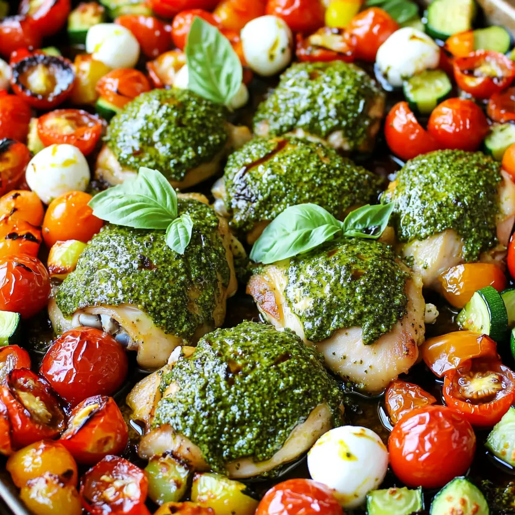 - 4 boneless, skinless chicken thighs - 1 cup basil pesto (can be store-bought or homemade for an extra touch) - 2 cups cherry tomatoes, halved - 8 ounces fresh mozzarella balls, drained - 1 medium zucchini, sliced into half-moons - 1 red bell pepper, diced into bite-sized pieces - A handful of fresh basil leaves, for garnish - Balsamic glaze, for drizzling (highly recommended for an extra burst of flavor, optional) - 2 tablespoons extra-virgin olive oil - Salt and freshly cracked black pepper, to taste When I make this dish, I love using chicken thighs. They stay juicy and tender. The basil pesto adds a great herbal flavor. You can buy pesto or make your own for a personal touch. For veggies, I always use cherry tomatoes. They burst with flavor when roasted. Fresh mozzarella gives a creamy texture that pairs perfectly with the tomatoes. Zucchini and red bell pepper add color and crunch. Don’t forget the seasonings! Extra-virgin olive oil helps everything cook nicely. A sprinkle of salt and black pepper brings out all the flavors. Finally, fresh basil leaves and balsamic glaze are the finishing touches. They add brightness and a sweet tang. Use the glaze if you want a flavor boost. First, preheat your oven to 400°F (200°C). This step is key for even cooking. While the oven heats, take your chicken thighs and place them in a bowl. Pour in ¾ cup of basil pesto. Use your hands to coat each thigh well. For the best flavor, let them marinate. You can do this at room temperature for 15 minutes or chill them in the fridge for up to 2 hours. Next, line a large sheet pan with parchment paper. This makes cleaning easy. Once your chicken is ready, place the thighs in the center of the pan. Make sure they have space around them. Now, scatter the halved cherry tomatoes, sliced zucchini, and diced red bell pepper around the chicken. These veggies add color and flavor. Drizzle 2 tablespoons of olive oil over everything. Sprinkle salt and freshly cracked black pepper to taste. Put the sheet pan in the hot oven. Roast the chicken and veggies for about 25 minutes. The chicken should be fully cooked, reaching an internal temperature of 165°F (75°C). During this time, the vegetables will get nice and tender. In the last 5 minutes, gently add the fresh mozzarella balls to the pan. This step helps the cheese melt just right, creating a creamy finish. After roasting, let the pan cool for a few minutes before serving. To get the best flavor, marinate your chicken for at least 15 minutes. If you have time, let it soak in the fridge for up to 2 hours. This will let the pesto soak in deep. To enhance the flavors, mix in a pinch of salt or a squeeze of lemon juice. This little touch brightens the taste. Always check the chicken's internal temperature. It should reach 165°F (75°C) to be safe. Use a meat thermometer for best results. For the vegetables, cut them into similar sizes. This helps them cook evenly. If you want extra tenderness, toss the veggies in olive oil and sprinkle them with salt before roasting. For a rustic feel, serve the dish right from the sheet pan. This makes it easy and fun. You can also transfer everything to a large platter for a family-style meal. Pair it with crusty bread to soak up the tasty juices. This adds a nice touch to your dining experience. {{image_4}} You can switch proteins if you want. Chicken breasts work well here. If you prefer a plant-based option, try tofu. Cube the tofu and marinate it like the chicken. It absorbs the flavors nicely. Feel free to mix up the veggies. You can add asparagus, bell peppers, or even broccoli. Slice them into bite-sized pieces for even cooking. This mix adds color and taste to your dish. You can make your own pesto for a fresh touch. Blend fresh basil, garlic, pine nuts, and olive oil until smooth. This way, you control the taste and texture. You can also try different nuts like walnuts or almonds for variety. Drizzling sauces add flair. Besides balsamic glaze, lemon juice works great. It brightens the dish and adds zest. You can also use a mix of both for a sweet and tangy kick. To keep your Sheet-Pan Pesto Chicken Caprese fresh, start by letting it cool. Place the leftovers in an airtight container. This helps prevent moisture loss and keeps the flavors intact. You can refrigerate the dish for up to three days. If you want to keep it longer, freeze the chicken and veggies in a freezer-safe container. They can last up to three months in the freezer. When you are ready to enjoy your leftovers, the best way to reheat them is in the oven. Preheat your oven to 350°F (175°C). Place the chicken and veggies on a baking sheet. Cover them with foil to keep them moist. Heat for about 15-20 minutes until warmed through. If you're in a hurry, you can microwave it. Use a microwave-safe dish and heat for 2-3 minutes. Check to ensure everything is hot, then enjoy! You can use frozen chicken thighs. However, you need to thaw them first. Place them in the fridge overnight or use the defrost setting on your microwave. Once thawed, you can marinate them with pesto. This helps the flavors stick better to the chicken and makes it taste great. If you can’t find mozzarella, try using provolone or burrata. Provolone melts well, just like mozzarella. Burrata adds a creamy texture, making the dish richer. Both options will still give you that tasty flavor you want in this recipe. This dish takes about 40 minutes total. You will spend 15 minutes preparing the ingredients. Roasting the chicken and veggies takes 25 minutes. Make sure the chicken reaches 165°F. This ensures it’s safe to eat and perfectly cooked. This recipe for Sheet-Pan Pesto Chicken Caprese is simple and rewarding. You learned about the main ingredients like chicken thighs and fresh veggies. I shared easy steps to prep and roast your meal. You also got tips to enhance flavors and serve beautifully. Don’t forget, you can customize this dish with other proteins and sauces. Enjoy your cooking and make it your own! Remember, good food brings happiness to every meal.