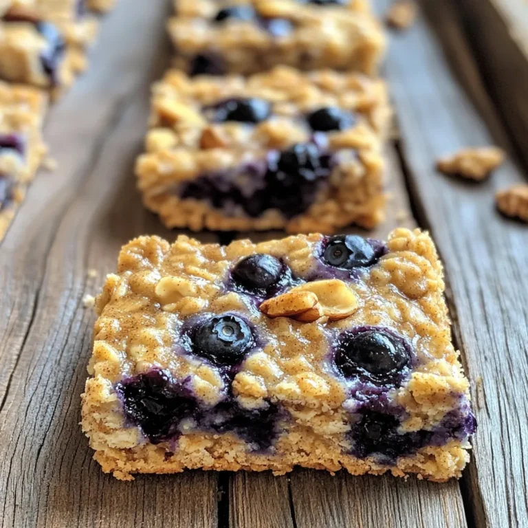 - 2 cups rolled oats - 1 cup whole wheat flour - 1/2 cup packed brown sugar - 1/4 cup honey or pure maple syrup - 1/2 cup unsweetened applesauce - 1 teaspoon vanilla extract - 1/2 teaspoon baking soda - 1/2 teaspoon salt - 1 teaspoon ground cinnamon - 1 cup fresh or frozen blueberries - 1/4 cup chopped walnuts or almonds (optional) You need simple ingredients to make these tasty bars. Rolled oats give a great base. Whole wheat flour adds fiber and nutrition. Brown sugar gives sweetness and a rich taste. Honey or maple syrup can replace sugar for natural sweetness. Applesauce keeps the bars moist and adds flavor. Don’t forget the vanilla! It brings a warm taste to the mix. Baking soda helps the bars rise. Salt balances the sweetness. Cinnamon gives a cozy flavor. Blueberries are the star! They burst with juice and flavor. You can add walnuts or almonds for crunch, but it’s not a must. Gather these ingredients, and let’s make something delicious! - Preheat the oven to 350°F (175°C). - Prepare your 9x9-inch baking dish by greasing it or lining it with parchment paper. - In a big bowl, mix together the rolled oats, whole wheat flour, brown sugar, baking soda, salt, and ground cinnamon. - Stir well to make sure everything is combined evenly. - In another bowl, whisk together the honey (or maple syrup), unsweetened applesauce, and vanilla extract. - Keep whisking until the mixture is smooth and blended. - Pour the wet mix into the dry ingredients. - Stir with a spatula or wooden spoon until everything is combined. The mixture should be thick. - Gently fold in the blueberries and any chopped nuts. Do this carefully to avoid smashing the blueberries. - Transfer the oat mixture to the prepared baking dish. - Spread it out evenly and press it down with a spatula or your hands. - Place the dish in the oven and bake for 25-30 minutes. Look for golden edges and a firm center. - After baking, let the bars cool in the pan for about 10 minutes. - Then transfer them to a wire rack to cool completely before cutting. Mixing well is key to great bars. Ensure all dry ingredients blend before adding wet ones. This helps create a uniform texture. Once combined, press the mixture firmly into the baking dish. This binding step prevents crumbling and keeps your bars intact. Spices can add extra depth. Try adding a dash of nutmeg or ginger for a warm twist. You can also add vanilla extract for more sweetness. For added crunch, mix in seeds like sunflower or pumpkin. Unsweetened coconut flakes can bring a nice chewiness. Serving matters! Slice the bars into neat squares or rectangles. This makes them easy to grab. To fancy them up, drizzle honey or maple syrup on top. A sprinkle of fresh blueberries can add a pop of color. Enjoy your bars fresh, or store them in an airtight container. {{image_4}} You can switch up the fruit in these bars. Instead of blueberries, try raspberries or strawberries. Both berries add a fresh taste. If you want a different twist, use dried fruits like cranberries or apricots. These dried fruits give a chewy texture and a sweet flavor. If you need gluten-free bars, swap the whole wheat flour for almond flour or a gluten-free blend. This change keeps the bars tasty and safe for those with gluten issues. For vegan options, replace honey with maple syrup. The applesauce already makes it moist, so you’re all set! If you want nut-free bars, you can use seeds for crunch. Try sunflower seeds or pumpkin seeds. Both add a nice bite without nuts. To enhance flavor without nuts, add a touch of coconut or a sprinkle of seeds. These choices keep the bars exciting and delicious! Store your Blueberry Oatmeal Breakfast Bars in an air-tight container. This keeps them fresh and moist. At room temperature, they last about 3-4 days. If you want them to last longer, move them to the fridge. In the fridge, they stay good for up to a week. To freeze your bars, wrap each one in plastic wrap. Then, place them in a freezer bag. This helps prevent freezer burn. When you want to eat one, take it out and let it thaw. Leave it on the counter for about 30 minutes. For best results, you can warm it in the oven for a few minutes before eating. Enjoy your wholesome snack any time! Blueberry Oatmeal Breakfast Bars last about one week when stored at room temperature. Keep them in an airtight container to stay fresh. If you want them to last longer, you can store them in the fridge for up to two weeks. You can use quick oats, but the texture will change. Quick oats make softer bars. Rolled oats give a chewier texture that many people prefer. If you like a firmer bar, stick to rolled oats. Yes, you can make these bars in advance! Bake them and let them cool. Once cool, cut them into squares. Store them in an airtight container. This makes them easy to grab for busy mornings. The best way to cut the bars is after they cool completely. Use a sharp knife for clean cuts. You can cut them into squares or rectangles based on your preference. For neat cuts, try chilling the bars before slicing. Absolutely! These bars are perfect for meal prep. They are easy to make in batches. You can grab them for breakfast or a snack. They fit well into lunch boxes too. You can add many toppings! Try a drizzle of honey or maple syrup. Sprinkle some nuts or seeds on top for crunch. Dried fruit or chocolate chips also make tasty additions. Get creative with flavors you love! These blueberry oatmeal breakfast bars are simple to make. You learned key ingredients, step-by-step instructions, and helpful storage tips. Remember, you can customize these bars with various fruits and nuts. Experimenting keeps them fun and fresh. Store extras for quick snacks or breakfasts. I hope you enjoy making and sharing these delicious bars. Your kitchen is now the place for healthy treats!