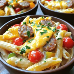 - 12 oz smoked sausage, sliced (preferably andouille or turkey sausage) - 12 oz penne pasta For this dish, I recommend using smoked sausage for great flavor. Andouille sausage gives a nice kick, while turkey sausage is a leaner choice. Both options work well. For the pasta, I choose penne. Its hollow shape holds the sauce perfectly. - 1 teaspoon Cajun seasoning - 1/2 teaspoon smoked paprika - 1 medium onion, diced - 3 cloves garlic, minced - 1 bell pepper (choose either red or green), diced - 1 cup cherry tomatoes, halved A mix of Cajun seasoning and smoked paprika really brings the heat. Fresh ingredients bring out the best flavor. Onions and garlic add depth, while bell peppers and cherry tomatoes add sweetness. The tomatoes also release juices, making the sauce tasty. - 1 cup heavy cream - 1 cup shredded cheddar cheese - Fresh parsley, chopped (for garnish) Heavy cream creates a rich and creamy sauce. Cheddar cheese adds a nice sharpness. For garnish, fresh parsley brightens the dish and enhances the look. A sprinkle of cheese on top makes it even more inviting. First, heat two tablespoons of olive oil in a large pot over medium heat. This oil makes the sausage crispy and tasty. Add 12 ounces of sliced smoked sausage. I prefer andouille or turkey sausage for the best flavor. Sauté the sausage for about 5 to 7 minutes until it turns brown and crispy. Once it is done, remove the sausage from the pot and set it aside. This step adds depth to your dish. In the same pot, add one medium diced onion, one diced bell pepper, and three minced garlic cloves. Sauté these for about 3 to 4 minutes. Stir regularly to prevent burning. You want the onion to become soft and clear, and the bell pepper to soften slightly. These aromatics create a wonderful base for your sauce. Next, incorporate one cup of halved cherry tomatoes, one teaspoon of Cajun seasoning, and half a teaspoon of smoked paprika. Cook for an additional 2 minutes to let the tomatoes break down. This will give your dish a rich flavor. Now, pour in 4 cups of chicken broth and bring the mixture to a boil. Once boiling, stir in 12 ounces of penne pasta. Cover the pot, reduce the heat, and simmer for about 12 to 15 minutes. Stir occasionally to make sure the pasta cooks evenly. The pasta should be al dente and most of the liquid absorbed when done. After the pasta is cooked, reduce the heat to low. Gradually stir in 1 cup of heavy cream and 1 cup of shredded cheddar cheese. Mix until the cheese melts and the sauce becomes creamy. This is where your dish gets its luscious texture. Finally, return the cooked sausage to the pot and fold it into the pasta and sauce. Season with salt and pepper to taste. Let everything heat together for 2 to 3 minutes, then it's ready to serve. Enjoy this creamy, flavorful meal! To ensure a creamy consistency, start with high-quality heavy cream. Add it slowly after the pasta cooks. Stir it well to mix with the cheese. If the sauce seems too thick, add a splash of chicken broth. This will help keep it smooth and rich. If you want to switch up proteins, try chicken or shrimp instead of sausage. For a lighter option, use turkey sausage. For dairy, you can swap heavy cream for half-and-half or a non-dairy milk. Just be aware that this might change the final flavor a bit. Overcooking pasta is a common mistake. Always check for al dente texture, which means it should be firm to the bite. Also, be careful with the seasoning. Taste as you go. This helps you avoid a bland dish or one that is too salty. {{image_4}} You can make this dish vegetarian by swapping out the sausage. Use plant-based sausage for a similar taste. Add more vegetables to enhance the dish. Consider using mushrooms, zucchini, or spinach. These veggies add flavor, texture, and nutrients. You’ll still enjoy a creamy, rich sauce with every bite. To spice things up, increase the amount of Cajun seasoning. You can also add red pepper flakes for extra heat. Start with a small amount and taste as you go. This way, you control the spice level. The added heat will bring a new layer to the creamy sauce, making it even more exciting. This dish is versatile. You can use different proteins or pasta types. For proteins, try shrimp, chicken, or even tofu. Each option will give a unique flavor. As for pasta, any shape works, but penne holds the sauce well. Rotini or fusilli are great alternatives too. Enjoy experimenting with flavors and textures! To keep your One-Pot Creamy Cajun Sausage Pasta fresh, store leftovers in an airtight container. Let the pasta cool before sealing it. This helps avoid steam buildup, which can make it soggy. Properly stored, it lasts for up to three days in the fridge. When ready to enjoy, just pull it out and think about reheating. If you want to save some for later, freezing is a great option. First, let the dish cool down completely. Then, transfer it to a freezer-safe container. Make sure to leave some space at the top for expansion. It can stay in the freezer for up to three months. When you're ready to eat, simply thaw it overnight in the fridge. To reheat, I recommend using a stove or microwave. If using the stove, place the pasta in a pan over low heat. Add a splash of chicken broth or cream to keep it creamy. Stir often until it’s hot. If using the microwave, heat in short bursts, stirring in between. This helps keep the flavor and texture just right. Enjoy your delicious pasta again! Yes, you can make this dish gluten-free. Use gluten-free penne pasta instead of regular pasta. Many brands offer great options that taste just as good. Check the package for cooking times, as they may differ. Also, ensure that your sausage is gluten-free. Many smoked sausages are safe, but always read labels to be sure. To reduce the spiciness, cut back on Cajun seasoning. Start with half the amount and taste as you go. You can also add more cream to soften the heat. Mixing in extra cheese will help balance the flavors too. If you want more creaminess, stir in a bit more heavy cream at the end. This dish pairs well with simple side salads. A crisp green salad with vinaigrette adds a refreshing contrast. Garlic bread is another great choice for dipping. You might also enjoy serving it with roasted vegetables for added flavor and texture. In summary, this guide walks you through making Cajun sausage pasta. We covered ingredients, cooking steps, and tips for perfecting your dish. Remember to choose fresh ingredients and sauté until browned for the best flavor. You can create variations like vegetarian options or one-pot meals to suit your taste. Store any leftovers properly to enjoy later, and don’t hesitate to adjust spices for your spice level. With these steps and tips, you are ready to impress with Cajun sausage pasta. Happy cooking!