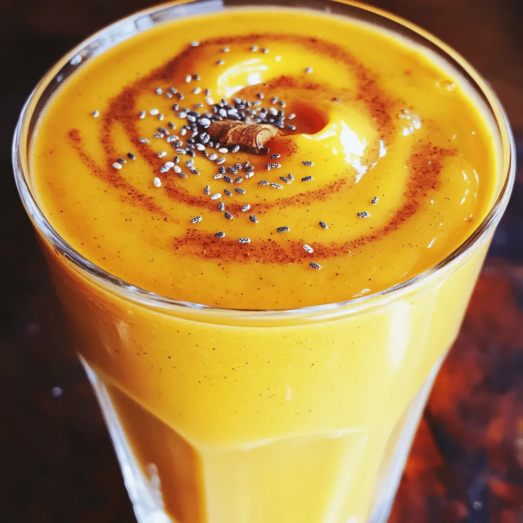 To make a tasty Pumpkin Spice Protein Smoothie, gather the following ingredients: - 1 cup pumpkin puree (canned or freshly made) - 1 ripe banana, peeled and sliced - 1 cup unsweetened almond milk (or your choice of milk) - 1 scoop vanilla protein powder (your favorite brand) - 1 teaspoon pumpkin spice blend (or a homemade mix of cinnamon, nutmeg, ginger, and cloves) - 1 tablespoon maple syrup (optional for an extra touch of sweetness) - 1 tablespoon chia seeds (optional, for added nutritional benefits) - Ice cubes (adjust for desired thickness/lumpiness) You can swap some ingredients if you want. Here are a few options: - Use any milk you like, such as oat or soy milk. - If you don’t have pumpkin spice, mix cinnamon, nutmeg, and ginger instead. - You can skip maple syrup if you want less sweetness. - For a fruit swap, use frozen berries instead of banana. - You can leave out the chia seeds if you want a simpler smoothie. Each ingredient in this smoothie brings something good: - Pumpkin puree is rich in vitamins A and C and full of fiber. - Bananas add potassium and natural sweetness, helping with energy. - Almond milk is low in calories and dairy-free, great for many diets. - Protein powder helps build muscles and keeps you full longer. - Chia seeds are high in omega-3s and fiber, boosting health. - Maple syrup gives a natural sweetness with some minerals. This Pumpkin Spice Protein Smoothie is not just tasty; it's also packed with nutrients that can help you feel great! First, gather all your ingredients. You need pumpkin puree, banana, almond milk, and protein powder. Make sure you have your pumpkin spice, maple syrup, and chia seeds if you want them. This setup helps you move quickly and smoothly through the recipe. Now comes the fun part! In your high-speed blender, add the pumpkin puree, sliced banana, almond milk, and protein powder. Blend these together on high speed until everything is mixed well. If you see any bits stuck on the sides, stop the blender and scrape them down. Then blend again until it is creamy and smooth. If you want more flavor, sprinkle in your pumpkin spice blend. You can also add maple syrup and chia seeds now. The syrup makes it sweeter, and chia seeds add health benefits. For a colder and thicker smoothie, toss in some ice cubes. Blend again until everything is well combined. Taste your smoothie! If it needs more sweetness, add a bit more maple syrup and blend again quickly. This blend brings warmth and sweetness to your healthy treat. Enjoy! To make your smoothie creamy, use frozen banana slices. This adds thickness without extra ice. Blend your ingredients well. Stop to scrape the sides of the blender. This helps mix everything evenly. If you want an ultra-smooth texture, blend a bit longer. Use measuring cups for accuracy. This keeps your flavors balanced. For pumpkin puree, pack it in lightly. A heaping cup can change the texture. When adding protein powder, level it off with a knife. This ensures you don’t add too much or too little. You can change this smoothie to fit your taste. Try adding spinach or kale for extra greens. Swap almond milk for coconut milk for a richer flavor. Want more sweetness? Add a date or two instead of maple syrup. You can also try different spices like cardamom for a unique twist. {{image_4}} You can easily make this smoothie dairy-free and vegan. Use almond milk or coconut milk instead of regular milk. These options add a nice flavor and keep it creamy. For protein powder, choose a plant-based option. Pea protein or hemp protein works well. This way, everyone can enjoy this tasty treat! Want to switch it up? Add different spices or flavors! Try a pinch of nutmeg for extra warmth. You can also mix in a spoonful of peanut butter for a nutty twist. If you like it sweeter, add more maple syrup or a few dates. You can even toss in some spinach for a green boost without changing the flavor much! If you want to make several smoothies at once, it's easy! Simply double or triple the recipe. Blend all the ingredients together and pour them into jars. Store them in the fridge for up to two days. Just give them a quick shake before drinking. This saves time and makes mornings easier! To store leftover smoothie, pour it into a clean jar or container. Seal it tightly. Keep it in the fridge. It will stay fresh for about one day. Before drinking, give it a good shake. This helps mix any settled ingredients. You can freeze your smoothie for later. Pour it into ice cube trays or a freezer-safe container. Leave some space at the top, as liquids expand when frozen. Smoothies can last up to three months in the freezer. When you want one, let it thaw in the fridge overnight or blend it straight from the freezer with a splash of milk. If you freeze your smoothie, do not heat it. Smoothies taste best cold. Instead, blend again if it thickens after thawing. You can add a bit of almond milk to help it blend smoothly. Enjoy it chilled for the best flavor! Yes, you can use fresh pumpkin. Start by roasting or steaming your pumpkin. Once it is soft, scoop out the flesh and puree it until smooth. This fresh pumpkin gives a rich flavor. It may be a bit thicker than canned, so adjust your liquid. Pumpkin spice has many health perks. It often includes cinnamon, nutmeg, ginger, and cloves. Each spice brings unique benefits. For instance, cinnamon helps control blood sugar. Ginger aids digestion and can reduce nausea. Cloves are full of antioxidants and may help with inflammation. Together, they make your smoothie taste great while boosting your health. To cut calories, try these tips. Use less maple syrup or skip it entirely. You can also swap almond milk for water or unsweetened coconut milk. Another great option is to use half a banana instead of a full one. This way, you can still enjoy the flavor without the extra calories. This blog covered key ingredients for a delicious smoothie. You learned about swaps and the health perks that come with them. We went through each step, from prep to blending, to get the best flavor. I shared tips for smoothness and ways to make it your own. You also found options for dairy-free and vegan versions, along with storage tips. Experiment with flavors and enjoy creating your smoothie! Each sip can bring health and joy.