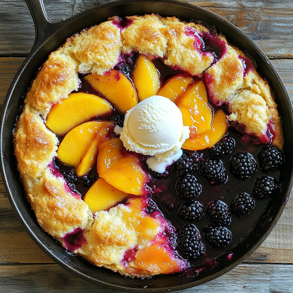 - 2 cups fresh blackberries - 2 cups fresh peaches, sliced - 1 tablespoon freshly squeezed lemon juice Fresh blackberries bring a sweet and tart flavor. Their juicy essence adds depth to the cobbler. Peaches add a soft, sweet contrast. Use ripe peaches for the best taste. Lemon juice brightens the fruit flavor. It gives a nice zing that balances the sweetness. - 1 cup granulated sugar, divided - 1 cup all-purpose flour - 1 tablespoon baking powder - ½ teaspoon salt - 1 teaspoon ground cinnamon Granulated sugar sweetens the fruit and batter. Dividing it helps balance flavors. All-purpose flour gives structure to the cobbler. Baking powder helps it rise and become fluffy. Salt enhances the overall taste. Ground cinnamon adds warmth and a hint of spice. - 1 cup whole milk - ½ cup unsalted butter, melted - 1 teaspoon pure vanilla extract Whole milk keeps the batter moist. It adds richness to each bite. Unsalted butter, when melted, gives a lovely flavor and texture. Vanilla extract adds a sweet aroma that ties everything together. These wet ingredients create a luscious batter that pairs perfectly with the fruit. 1. Preheat the oven: Set your oven to 350°F (175°C) to get it warm. This step is key for a well-cooked cobbler. 2. Prepare the fruit mixture: In a large bowl, mix 2 cups of blackberries and 2 cups of sliced peaches. Add ½ cup of sugar, a tablespoon of lemon juice, and a teaspoon of vanilla extract. Gently toss the fruit to coat it evenly. Let it sit for about 10 minutes. This helps the fruit release its sweet juices. 1. Combine flour, sugar, baking powder, and spices: In another bowl, whisk together 1 cup of flour, the remaining ½ cup of sugar, 1 tablespoon of baking powder, ½ teaspoon of salt, and 1 teaspoon of ground cinnamon. Mix well to ensure all dry ingredients are blended. 1. Mix milk and butter: In a new bowl, pour in 1 cup of whole milk and ½ cup of melted unsalted butter. Stir until the mixture is well combined. 2. Combine wet and dry mixtures: Gradually pour the wet mix into the dry ingredients. Stir gently until just combined. It’s okay if the batter has a few lumps. This keeps your cobbler light and fluffy. Now you're ready to assemble your delicious blackberry peach cobbler! To achieve the perfect golden brown top on your cobbler, keep an eye on the oven. Bake it for 30-35 minutes. The top should look crisp and golden. If you want extra color, turn on the broiler for a minute or two. Just watch it closely to avoid burning. You’ll know the cobbler is done when a toothpick inserted into the batter comes out clean. You can also check if the edges pull away from the skillet slightly. These signs mean your dessert is ready to enjoy! The best pairing for this cobbler is creamy vanilla ice cream. The cold ice cream melts into the warm cobbler, creating a delightful mix. You can also try whipped cream for a lighter option. For a beautiful presentation, serve the cobbler warm straight from the skillet. Scoop it into bowls for a more formal look. Top each serving with ice cream and drizzle some of the sweet juices over it. This makes it extra special and inviting! {{image_4}} You can switch up the fruit in your cobbler. Use other berries like raspberries or blueberries. They add a nice twist to the flavor. If you prefer stone fruits, try plums or cherries. They blend well with the sweet filling. Each fruit brings its own taste, making the dish unique. You can also mix different fruits for more fun. Just keep the same amount of fruit as the original recipe. For those who need gluten-free options, you can use gluten-free flour. It works well in the same amount as all-purpose flour. This way, you can still enjoy a tasty dessert without gluten. If you want vegan adaptations, replace the milk with almond or oat milk. Use a plant-based butter instead of regular butter. You can also swap the granulated sugar for coconut sugar. These changes keep the dessert delicious while meeting different dietary needs. To keep your blackberry peach cobbler fresh, follow these steps: - Let the cobbler cool completely. - Cover it tightly with plastic wrap or foil. - Place it in the fridge for up to three days. - For longer storage, freeze the cobbler. Wrap it well, then store it in an airtight container. Warming up your leftovers is simple. Here are two effective methods: 1. Oven Method: - Preheat your oven to 350°F (175°C). - Place the cobbler in an oven-safe dish. - Cover it with foil to keep it moist. - Heat for about 15-20 minutes until warm. 2. Microwave Method: - Place a slice on a microwave-safe plate. - Heat on high for 30 seconds to 1 minute. - Check to see if it is warm enough. Add more time if needed. No matter how you reheat, serve it warm with vanilla ice cream for the best taste! Yes, you can use frozen fruit for this cobbler. Just remember to thaw and drain any excess liquid. This keeps your cobbler from getting too watery. Frozen fruit is a great option when fresh fruit is out of season. It saves time and still gives a tasty result! You can tell when your cobbler is done by checking the top. It should be golden brown. Insert a toothpick into the batter; if it comes out clean, your cobbler is ready. If it has wet batter on it, give it a few more minutes in the oven. No worries! You can use any oven-safe skillet or even a baking dish. Just be sure to adjust the baking time if you use a different dish. A 9x9-inch baking dish works well too. The key is to ensure the dish can handle the heat without cracking. We covered how to make a delicious cobbler with fresh fruit and simple ingredients. I shared tips for baking and serving that will impress your guests. Remember, you can substitute fruits and adjust for dietary needs. Store leftovers properly to keep them tasty later. Whether you want to impress at a gathering or enjoy a cozy night in, this cobbler will not disappoint. Enjoy trying out these steps and make your own version today!