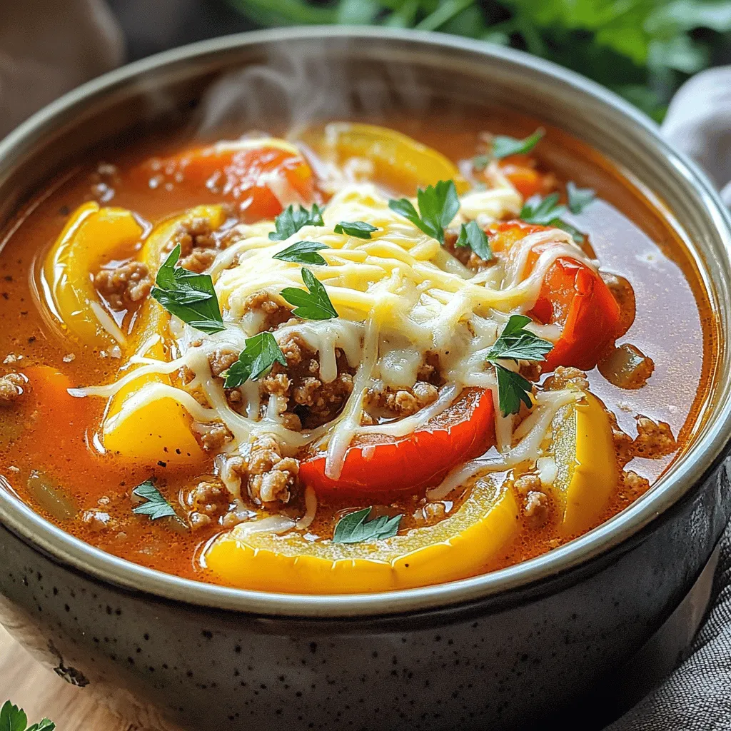 - 4 large bell peppers, diced into bite-sized pieces - 1 pound ground turkey or beef, crumbled - 1 medium onion, finely chopped - 3 cloves garlic, minced - 1 can (14.5 oz) diced tomatoes, with juices included - 4 cups vegetable broth, or chicken broth for extra flavor - 1 cup uncooked rice, choose between white or brown In this soup, the bell peppers add a sweet crunch. The ground meat gives it a hearty base. You can use turkey or beef, depending on what you like. The onion and garlic bring great flavor. Diced tomatoes add a juicy burst. The broth helps tie everything together. Finally, the rice makes it filling and comforting. - 1 tablespoon Italian seasoning blend - 1 teaspoon smoked paprika for richness - Salt and freshly ground black pepper, to taste Seasoning is key in this soup. The Italian blend gives it a classic taste. Smoked paprika adds depth and warmth. Adjust salt and pepper to match your taste. These flavors will make each bite enjoyable. - 1 cup shredded cheese, like cheddar or mozzarella, for serving - Fresh parsley, chopped, for garnish Cheese makes everything better! I love using cheddar or mozzarella to top my soup. It melts beautifully and adds creaminess. Fresh parsley gives a lovely pop of green. It also adds freshness to the rich soup. First, cook the ground turkey or beef in a large skillet over medium heat. Stir often. You want the meat to brown nicely. This usually takes about 5 to 7 minutes. Once the meat is fully cooked, drain any extra fat. Then, transfer the cooked meat to your slow cooker. This step adds great flavor to your soup. Now it's time to add the fun stuff! In the slow cooker with your meat, add the diced bell peppers, chopped onion, and minced garlic. Next, pour in the can of diced tomatoes, including all the juices. Then, add the vegetable or chicken broth, uncooked rice, Italian seasoning, and smoked paprika. Don't forget to sprinkle in some salt and black pepper. Stir everything well so the flavors mix together. Cover your slow cooker with its lid. Set it to cook on low for 6 to 8 hours. If you're in a hurry, you can cook it on high for 3 to 4 hours. The soup is ready when the rice is tender and the peppers and onions are soft. After the cooking time is up, taste your soup. This is the best part! If it needs more flavor, adjust the seasoning as needed. If you want a thinner soup, stir in some extra vegetable broth. This helps get the consistency just right. Ladle the soup into bowls. Top each bowl with a sprinkle of shredded cheese. I love using cheddar or mozzarella. Finally, finish with a handful of freshly chopped parsley for color and freshness. Enjoy every bite! To boost the flavor of your soup, try adding spices. A pinch of cayenne pepper adds heat. You can also toss in fresh herbs like basil or oregano for a nice touch. If you want a smoky flavor, use smoked paprika. You can explore flavors by adding a splash of hot sauce or a squeeze of lime juice. Personalizing this soup is easy. You can switch the meat for ground chicken or add some beans for protein. Want it spicier? Add diced jalapeños or red pepper flakes. You can also change the broth based on what you have. Use chicken broth for a richer taste or vegetable broth for a lighter feel. For the best results, set your slow cooker on low. This allows the flavors to meld together. Cooking for 6-8 hours gives you the best taste and texture. If you’re short on time, you can cook on high for 3-4 hours. Avoid common pitfalls by not opening the lid too often. Each time you lift the lid, heat escapes, and cooking time increases. Also, make sure to stir well. This ensures the rice cooks evenly and absorbs all the flavors. Serving your soup can be a fun experience! Use deep, rustic bowls to give a warm vibe. Place extra cheese in a small bowl. Guests can add it as they like. This makes it interactive and enjoyable. Pair your soup with crusty bread. A slice of warm bread goes well with the rich flavors. You can also serve a simple green salad on the side for some freshness. This adds color and balances the meal nicely. {{image_4}} For a tasty vegetarian version, you can swap the meat. Here are some great substitutes: - 1 can of black beans or kidney beans, drained and rinsed - 1 cup of lentils, rinsed - 1 cup of chopped mushrooms for added texture When you choose these options, the cooking time stays about the same. You can still cook on low for 6-8 hours or high for 3-4 hours. Just make sure the lentils are tender before serving. If you want to change up the base, try different grains instead of rice: - Quinoa: Use 1 cup, rinsed. Add it during the last 30 minutes of cooking. - Noodles: Add 2 cups of egg noodles or whole grain noodles in the last 10 minutes of cooking. These swaps bring new flavors and textures to your soup. You can easily give your soup a unique twist. Here are a few ideas: - For a Southwest flavor, add cumin, corn, and diced jalapeños. - For a Mediterranean touch, toss in olives, feta cheese, and oregano. You can also add different vegetables like zucchini, carrots, or spinach. Feel free to mix in proteins like chicken for extra heartiness. These variations help you make the recipe your own. Enjoy experimenting! To store leftover soup, let it cool first. Then, place it in an airtight container. I recommend using glass containers, as they are safe and easy to clean. Leave some space at the top of the container. This helps the soup expand when it freezes. For freezing your slow cooker soup, use freezer-safe containers or heavy-duty freezer bags. Make sure to label them with the date. When ready to eat, thaw the soup in the fridge overnight. Reheat it on the stove or in the microwave. Stir well to ensure even heating. In the fridge, the soup lasts about 3 to 4 days. In the freezer, it can last up to 3 months. Check for signs it has gone bad, like a sour smell or changes in color. If you see mold, throw it away. Always trust your senses to keep your meals safe. Yes, you can use brown rice. However, it takes longer to cook. Brown rice needs about 45-50 minutes. This is more than white rice, which takes just 15-20 minutes. If you use brown rice, be sure to adjust the cooking time. You may need to add more broth for the right texture. If you don’t have bell peppers, try using zucchini or carrots. Both add a nice crunch and flavor. Zucchini gives a more mild taste, while carrots add a hint of sweetness. You can mix and match veggies, too. Just remember that each one changes the soup's flavor a bit. Yes, you can cook this soup on the stovetop. Start by browning the meat in a pot. Then add the veggies, broth, and rice. Bring it to a boil, then lower the heat. Let it simmer for about 30-40 minutes. Check the rice for doneness, and adjust the seasoning as needed. Absolutely! Beans add protein and texture. You can use black beans or kidney beans. Drain and rinse them first. Add them in with the other ingredients. If you add beans, reduce the amount of rice slightly to balance the soup. Enjoy the extra flavor and nutrition they bring! This blog post walks you through making a flavorful slow cooker soup. You learned about key ingredients like ground meat, veggies, and spices. I shared step-by-step instructions for seamless cooking and tips for flavor and presentation. Variations cater to different tastes, and storage info helps you keep leftovers fresh. In making this soup, you can explore your creativity. Adjust flavors, try new grains, or add personal touches. Enjoy the process and the hearty meal you'll create. Happy cooking!