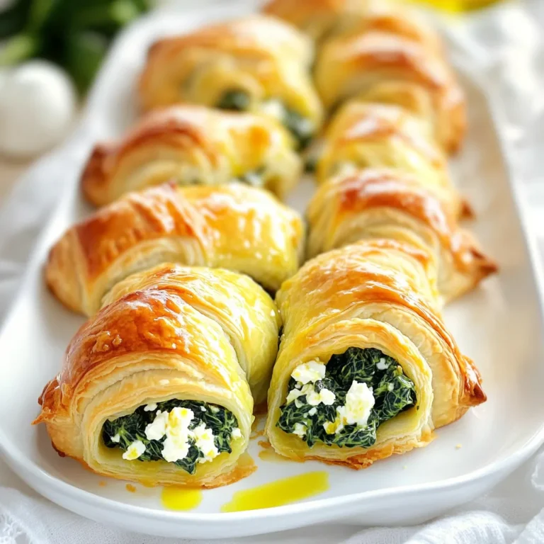 - 1 can refrigerated crescent roll dough - 2 cups fresh spinach, finely chopped - 1 cup feta cheese, crumbled - 1/4 cup cream cheese, softened to room temperature - 1/2 teaspoon garlic powder - 1/4 teaspoon freshly cracked black pepper - 1/4 teaspoon onion powder - 1 large egg, beaten (for egg wash) - Olive oil, for drizzling The main ingredients create a tasty blend that makes each bite special. The crescent dough is soft and flaky. It holds the delicious filling well. Fresh spinach adds color and nutrients. Feta cheese brings a tangy flavor. Cream cheese makes the filling smooth and creamy. This mix of tastes is simple yet delightful. For seasoning, garlic powder, black pepper, and onion powder enhance the filling. They add depth without overpowering the dish. The egg wash gives a shiny, golden finish to the rolls. Drizzling olive oil adds a touch of richness and helps with crispness. These little details make a big impact on flavor and texture. Using quality ingredients is key to a good result. Fresh spinach and high-quality feta cheese will elevate the dish. Always check the dough for freshness. This ensures your rolls will turn out perfect. - Preheat your oven to 375°F (190°C). Line a baking sheet with parchment paper. - In a large bowl, mix 2 cups of finely chopped spinach, 1 cup of crumbled feta, and 1/4 cup of softened cream cheese. Add 1/2 teaspoon of garlic powder, 1/4 teaspoon of black pepper, and 1/4 teaspoon of onion powder. Stir until smooth and well mixed. - On a clean surface, unroll the crescent roll dough. Separate it into individual triangles. - At the wide end of each triangle, place about one tablespoon of the spinach mixture. Avoid overfilling to keep it neat. - Start rolling from the wide end toward the narrow tip. Pinch the sides to seal tightly. Place the rolls on the baking sheet with the pointed end down. - Brush the tops of the rolls with a beaten egg for shine. Drizzle olive oil over each roll for extra flavor. - Bake in the oven for 12-15 minutes. Look for a golden brown color and puffed shape. - Once done, let the rolls cool on the baking sheet for a few minutes. This prevents burns from the hot filling. To make your savory spinach feta stuffed crescent rolls shine, pay attention to filling. Avoid overfilling the rolls. Too much filling causes spills during baking. Stick to about one tablespoon of filling per roll. This keeps your rolls neat and helps them bake evenly. Next, check for doneness. The rolls should be golden brown and puffed up. Bake for 12-15 minutes. Keep an eye on them as they bake. Remove them from the oven when they are golden. Let them cool for a couple of minutes to avoid burns. For a beautiful presentation, arrange the warm rolls on a rustic wooden board. This adds charm to your dish. Sprinkle extra crumbled feta cheese on top. Add fresh herb leaves, like parsley or dill, for color. Pair these rolls with a light salad or a creamy dip. A yogurt sauce or tzatziki goes well with the flavors. This makes a perfect meal or snack for any occasion. Enjoy sharing these rolls with friends and family! {{image_4}} You can change the feta cheese to goat cheese or mozzarella. This swap gives a different taste and texture. If you want to add more color and nutrients, try adding chopped bell peppers or mushrooms. These veggies pair well with spinach and cheese. You can also use cooked artichoke hearts for a fun twist! To boost the flavor, try adding spices like paprika or dill. These spices add depth to the filling. Fresh herbs like basil or parsley also work great. If you want a heartier roll, include cooked sausage or diced ham. This will make your rolls filling and tasty. You can experiment with different flavors to find your favorite! To keep your savory spinach feta stuffed crescent rolls fresh, let them cool to room temperature. This prevents condensation in the container. Place the rolls in an airtight container. This helps avoid drying out. You can also wrap them tightly in plastic wrap. Store them in the fridge for up to 3 days. If you want to keep them longer, consider freezing. Place them in a freezer-safe bag after cooling. They can last up to 2 months in the freezer. When you're ready to enjoy your leftovers, reheating is key. The oven works best for keeping the rolls crispy. Preheat your oven to 350°F (175°C). Place the rolls on a baking sheet and cover with foil. Heat for about 10-15 minutes. This helps retain moisture while warming them up. If you’re in a hurry, the microwave is an option. Place a roll on a microwave-safe plate. Heat it for 20-30 seconds. Be careful, as this can make the rolls soggy. To avoid this, consider using a paper towel to absorb excess moisture. Baked crescent rolls stay fresh for about 2-3 days when stored properly. Keep them in an airtight container at room temperature. If you want to keep them longer, consider freezing them. Yes, you can use frozen spinach. Just make sure to thaw and drain it well before mixing it with the cheese. This prevents excess water from making the filling soggy. These savory rolls taste great with several dipping sauces. Here are a few ideas: - Tzatziki sauce - Marinara sauce - Garlic aioli - Ranch dressing Yes, these rolls freeze well. After baking, let them cool completely. Then, wrap each roll in plastic wrap and place them in a freezer bag. They can last up to 2 months in the freezer. When ready to eat, just reheat them in the oven. This blog post shows you how to make tasty stuffed crescent rolls. We covered key ingredients like spinach, feta, and cream cheese. I shared steps for mixing, rolling, and baking them to a golden brown. You learned tips for perfecting the recipe and ideas for serving. Don't forget storage methods to keep leftovers fresh. With this guide, you can enjoy rolls tailored to your taste. Get creative with flavors and variations. Happy rolling!